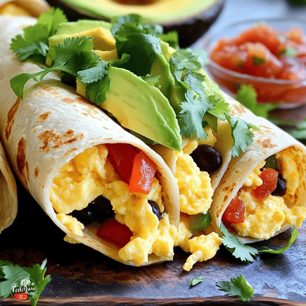 Making easy breakfast burritos is simple and fun. You need just a few fresh ingredients. Here’s what you will need: - 4 large flour tortillas - 4 large eggs - 1/2 cup black beans, drained and rinsed - 1/2 cup shredded cheddar cheese - 1/4 cup diced red bell pepper - 1/4 cup diced onion - 2 tablespoons fresh cilantro, chopped - 1/2 teaspoon ground cumin - 1/2 teaspoon smoked paprika - Salt and pepper to taste - 1 ripe avocado, sliced (for garnish) - Salsa (optional, for serving) These ingredients come together to create a tasty and quick meal. I love using fresh veggies for crunch. The black beans add protein, and the cheese gives that gooey goodness. Don't forget the spices! They bring warmth and flavor to each bite. You can find the full recipe to guide you through the cooking process. Enjoy your time in the kitchen! Start by sautéing the vegetables. Heat a splash of olive oil in your skillet over medium heat. Add the diced onion and red bell pepper. Cook for about 3 to 4 minutes. Stir occasionally until the veggies soften and smell great. Next, whisk the eggs with spices. Crack 4 large eggs into a bowl. Add ground cumin, smoked paprika, and a pinch of salt and pepper. Whisk until well combined and a bit frothy. Now, scramble the eggs with beans and cheese. Pour the egg mixture into the skillet with the sautéed veggies. Stir constantly with a spatula. Cook until the eggs are fully scrambled and just set, which takes about 3 to 5 minutes. Once cooked, fold in the black beans and half of the cheddar cheese. Mix until everything is blended and heated through. Remove from heat. Lay out the tortillas on a clean, flat surface. Using a spoon, scoop an equal amount of the egg and bean mixture into the center of each tortilla. Now, distribute the remaining cheddar cheese on top of the filling. Sprinkle chopped cilantro for a fresh touch. Next, fold the sides of each tortilla over the filling. Roll from the bottom up tightly to form your burrito shape. Toast the burritos in a skillet for a nice finish. Place them seam-side down into the hot skillet. Cook for about 1 to 2 minutes until they turn golden brown. Serve the burritos warm, garnished with avocado slices. Add a side of salsa for dipping if you like. Enjoy these easy breakfast burritos from the [Full Recipe]. - Temperature control while cooking: Keep your heat at medium. If it's too high, eggs can burn. Stir often for even cooking. This makes sure your filling stays soft and tasty. - Avoiding soggy tortillas: Warm tortillas in a skillet for about 30 seconds. This helps them stay flexible and prevents sogginess. Always drain beans well before adding to the mix. - How to customize flavors: Add spices like chili powder or garlic for a kick. Try different veggies like spinach or mushrooms. You can even swap cheddar cheese for pepper jack for a spicier twist. - Best pans for sautéing and toasting: Use a non-stick skillet for easy cooking. A cast-iron pan works well for toasting burritos, giving them a nice crunch. - Recommended utensils for assembly: A large spatula helps with mixing and serving. Use a spoon for filling the tortillas. Keep a clean cutting board handy for quick assembly. For the full recipe, check out the Breakfast Fiesta Burritos! Enjoy making your breakfast fun and delicious. {{image_4}} You can easily swap ingredients in breakfast burritos. If you don’t have black beans, try pinto or kidney beans. These still add protein and fiber, making your burrito filling. If cheese isn't your thing, use nutritional yeast for a cheesy flavor without dairy. For vegetables, the options are endless. You can use spinach, mushrooms, or zucchini. Just make sure to chop them small for even cooking. You can even mix in some frozen corn or diced tomatoes for extra flavor and texture. Want a kick? Add jalapeños or hot sauce for spice. You can also mix in some cayenne pepper or crushed red pepper flakes. These will give your burritos a fun, spicy twist. For an international flair, think about using different spices. Try taco seasoning for a Mexican vibe or smoked paprika for a Southwest taste. You can also add a touch of curry powder for an Indian twist. You can create new flavors that keep breakfast exciting. After enjoying your breakfast burritos, store any leftovers properly. Place them in an airtight container. This keeps them fresh for up to three days in the fridge. You can also wrap each burrito tightly in foil or plastic wrap. This helps prevent sogginess. For longer storage, freeze the burritos. Wrap each one in foil and then put them in a freezer-safe bag. They can last up to three months in the freezer. When you want to enjoy them again, just take them out and thaw in the fridge overnight. Reheating your breakfast burritos can be simple. The best method is using an oven or skillet. Preheat your oven to 350°F (175°C). Place the burritos on a baking sheet and cover them with foil. Heat for about 15-20 minutes until warmed through. If you prefer a skillet, heat a little oil over medium heat. Add the burrito and cook for about 3-4 minutes on each side. This method keeps the outside crispy while warming the inside. Avoid using the microwave if you want to keep the texture. The microwave can make the tortillas chewy. To make vegetarian breakfast burritos, swap out the eggs for tofu. Use 1 cup of firm tofu, crumbled instead of eggs. You can also add more vegetables like spinach or mushrooms for flavor. Don't forget to season with spices like cumin and paprika for a tasty kick. Yes, you can prep these burritos ahead of time! Make the filling and let it cool. Then, fill the tortillas and roll them up. Wrap each burrito in foil or plastic wrap. Store in the fridge for up to three days or freeze for up to a month. Just reheat in a skillet or microwave before serving. Some great sides for breakfast burritos include fresh fruit, like sliced oranges or berries. You can also serve them with a light salad or crispy hash browns. For drinks, try a refreshing orange juice or a smooth coffee. These pairings will make your meal even better! You now have all you need to make tasty breakfast burritos. We covered the key ingredients, how to prepare the filling, and steps for assembling and cooking. I shared tips for perfect burritos, variations to try, and how to store leftovers. Remember, cooking is about creativity and enjoyment. Don't hesitate to customize your burritos as you like. Enjoy every bite and share your creations with others!