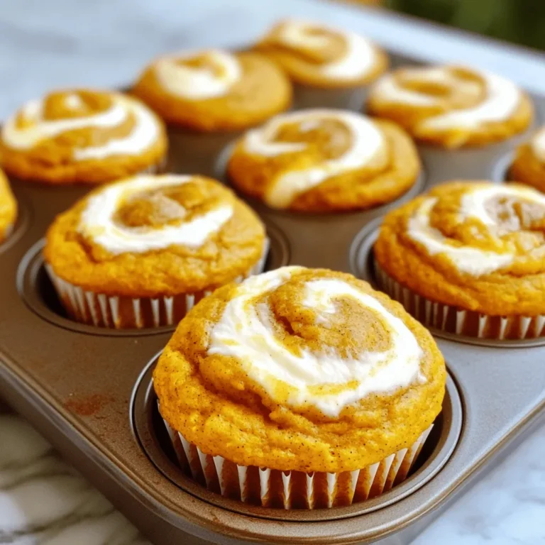 - 1 cup all-purpose flour - 1 cup whole wheat flour - 1 teaspoon baking powder - 1 teaspoon baking soda - 1 teaspoon ground cinnamon - 1/2 teaspoon ground nutmeg - 1/4 teaspoon ground ginger - 1/4 teaspoon salt - 1 cup pumpkin puree - 1/2 cup granulated sugar - 1/2 cup brown sugar - 1/2 cup vegetable oil - 2 large eggs - 1 teaspoon vanilla extract - 4 ounces cream cheese, softened - 1/4 cup powdered sugar - 1 tablespoon milk Pumpkin cream cheese muffins need a balance of dry and wet ingredients. First, mix the dry ones in a bowl. Use all-purpose flour and whole wheat flour for a nice texture. Baking powder and baking soda help the muffins rise. Add spices like cinnamon, nutmeg, and ginger for that warm, fall flavor. A touch of salt brings out all the tastes. Next, we turn to the wet ingredients. Pumpkin puree is key here. It adds moisture and flavor. Combine it with granulated sugar and brown sugar for sweetness. Vegetable oil keeps the muffins tender, while eggs bind everything. A splash of vanilla extract adds a lovely aroma. Now, for the cream cheese filling. This part makes the muffins special. Softened cream cheese blends with powdered sugar and a bit of milk. This creamy mix goes right in the middle of each muffin. These ingredients come together to create a fluffy and delicious treat. For the full recipe, check out the details above. - Preheat your oven to 350°F (175°C). - Prepare a muffin tin with liners or grease. Start by setting your oven. This ensures the muffins will bake evenly. Now, grab your muffin tin. Use paper liners or grease it well to stop the muffins from sticking. - Whisk together all-purpose flour, whole wheat flour, baking powder, and spices. In a large bowl, mix the flours, baking powder, and spices. Use a whisk to blend these dry ingredients well. This step helps spread the flavors throughout the muffins. - Mix pumpkin puree, sugars, oil, eggs, and vanilla. In another bowl, add the pumpkin puree, both sugars, oil, eggs, and vanilla. Whisk them together until smooth. This mixture brings moisture and flavor to your muffins. - Fold dry ingredients into wet mixture without overmixing. Now, take the dry mix and gently fold it into the wet mix. Use a spatula and be careful not to overmix. This keeps your muffins light and fluffy. - Beat together cream cheese, powdered sugar, and milk. In a small bowl, beat the softened cream cheese, powdered sugar, and milk. Mix until smooth and creamy. This filling adds a rich taste that balances the pumpkin flavor. - Fill muffin cups with batter and cream cheese, swirl, and bake for 18-22 minutes. Pour the pumpkin batter into each muffin cup until half full. Add a spoonful of the cream cheese mix in the middle. Top with more pumpkin batter to fill each cup three-quarters full. Use a toothpick to swirl gently. Bake in the oven for 18-22 minutes. To check if they are done, insert a toothpick into the center. It should come out clean. Follow these steps from the Full Recipe for great results every time! To make the best pumpkin cream cheese muffins, avoid overmixing your batter. When you combine the wet and dry ingredients, mix just until they come together. This keeps the muffins airy and light. Overmixing makes them dense and tough. Using room temperature ingredients also helps. When your eggs and cream cheese are at room temp, they mix in better. This gives you a smoother batter and a more even bake. Want to take your muffins to the next level? You can add nuts or chocolate chips. Chopped walnuts or pecans add a nice crunch. If you love chocolate, toss in some chocolate chips for a rich twist. Also, feel free to adjust the spices. If you like more warmth, add a bit more cinnamon or nutmeg. Maybe even a pinch of cloves for extra flavor. This is your muffin; make it your way! Serve your muffins warm for the best taste. You can drizzle them with honey or maple syrup. A sprinkle of cinnamon sugar on top makes them look pretty and taste great. These muffins pair well with a cup of coffee or tea. They also make a perfect snack for kids or guests. Enjoy them fresh from the oven or at room temperature! For the full recipe, check the earlier section in this article. {{image_4}} There are many fun ways to mix up the pumpkin cream cheese muffins. You can change their taste and look to fit your needs. If you want a gluten-free option, you can easily swap the flour. Use a gluten-free all-purpose flour blend. Make sure it has xanthan gum for better texture. This way, you can enjoy the same great taste without gluten. For a vegan version, you need to replace the eggs and cream cheese. Use flax eggs instead of regular eggs. Combine one tablespoon of ground flaxseed with three tablespoons of water. Let it sit for a few minutes to thicken. For cream cheese, you can use a dairy-free cream cheese. This keeps the muffins rich and creamy while staying plant-based. You can also add in extra flavors to the muffins. Try mixing in dried cranberries for a sweet-tart bite. Grate some orange zest into the batter for a bright citrus twist. Both options make the muffins even more exciting and delicious. These variations can help you create your perfect pumpkin cream cheese muffins. Check out the Full Recipe to get all the details! To keep your pumpkin cream cheese muffins fresh at room temperature, place them in an airtight container. This helps lock in moisture and flavor. Make sure they cool completely before storing, as warm muffins can create condensation inside the container. You can also use a cloth napkin to cover them lightly, allowing some air to flow while keeping them soft. For longer shelf life, you can store muffins in the fridge or freezer. If you choose the fridge, keep them in an airtight container. This will keep them fresh for about a week. For freezing, wrap each muffin tightly in plastic wrap, then place them in a freezer bag. This way, they can last for up to three months. When you're ready to enjoy them, just thaw at room temperature or overnight in the fridge. Reheating your muffins can be easy. For best results, use the oven. Preheat it to 350°F (175°C) and place the muffins on a baking sheet. Heat for about 10 minutes. This warms them through and keeps them fluffy. If you're in a hurry, you can use a microwave. Just heat for about 15-20 seconds. To avoid dryness, cover them with a damp paper towel while microwaving. Enjoy your muffins warm to enhance their flavors. For the full recipe, check out the detailed instructions above. To check if the muffins are done, use the toothpick test. Insert a toothpick into the center of a muffin. If it comes out clean, the muffins are ready. If it has wet batter on it, they need more time. I usually bake my muffins for about 18 to 22 minutes. Yes, you can make these muffins ahead of time. I suggest baking them and letting them cool completely. Then, store them in an airtight container. They stay fresh at room temperature for up to three days. For longer storage, you can freeze them. Just wrap each muffin in plastic wrap. They will last up to three months in the freezer. If you don't have pumpkin puree, you can use mashed sweet potatoes or butternut squash. Both options work well and give a similar flavor. You can even use applesauce for a different twist. Just keep the same amount in the recipe. To create a marbled effect, fill the muffin cups with the pumpkin batter first. Then, add a spoonful of cream cheese mixture in the center. Use a toothpick or skewer to swirl it gently. Be careful not to mix it too much. You want to see both the pumpkin and cream cheese. This creates a beautiful marbled look. You now have a clear guide to making Pumpkin Cream Cheese Muffins. We covered the ingredients, step-by-step instructions, and helpful tips. Don't forget the variations and storage info to keep your muffins fresh. Experiment with flavor and enjoy these treats with friends and family. Baking should be fun and rewarding. Dive in and savor the process!