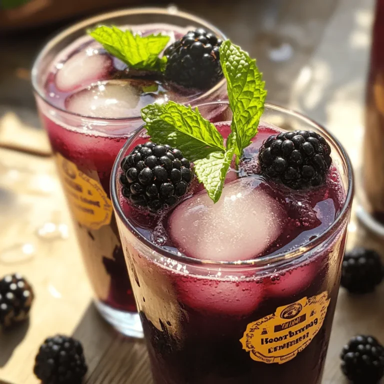 - 2 cups fresh blackberries: Fresh blackberries give a bold flavor. Choose ripe, juicy berries for the best taste. - 1 tablespoon freshly grated ginger: Fresh ginger adds a warm kick. It enhances the drink's health benefits while balancing sweetness. - 4 cups unflavored kombucha: Use unflavored kombucha for a clean base. It adds fizz and probiotic benefits without extra flavors. - 1 tablespoon honey or agave syrup (optional): You can adjust sweetness with honey or agave. Honey gives a rich taste, while agave is milder. - Juice of 1 lemon (about 2 tablespoons): Fresh lemon juice brightens the drink. It balances flavors and adds a refreshing zing. - Sparkling water: Any sparkling water works here. It adds extra fizz and lightens the drink even more. - Fresh mint leaves: Mint leaves are for garnish. They add a pop of color and a fresh aroma. - Extra blackberries: Use these for garnish as well. They make your drink look inviting and delicious. This combination of ingredients will create a refreshing Blackberry Ginger Kombucha Fizz that you can enjoy on a warm day or at a party. For the full recipe, check the previous section. - Blending blackberries and ginger Start by adding 2 cups of fresh blackberries and 1 tablespoon of grated ginger to your blender. Blend until smooth. This step combines the sweet and spicy flavors perfectly. - Straining for smoothness Pour the blended mix through a fine mesh sieve into a bowl. Use a spatula to push the juice through. This leaves behind the seeds and gives your drink a smooth texture. - Mixing with kombucha and lemon In a large pitcher, combine your strained blackberry-ginger juice with 4 cups of unflavored kombucha and the juice of 1 lemon. Gently stir to mix everything together. The lemon adds a bright note to the drink. - Adjusting sweetness to preference Taste your mixture. If you want it sweeter, add 1 tablespoon of honey or agave syrup. Stir until dissolved. This step lets you customize the sweetness to your liking. - Filling the glasses with ice Take four glasses and fill each one with ice cubes. This keeps your drink cold and refreshing. - Topping with sparkling water Pour the kombucha mixture over the ice, filling each glass about three-quarters full. Then, add a splash of sparkling water to each glass for extra fizz. - Garnishing for presentation Finish by garnishing each glass with fresh mint leaves and a few whole blackberries. This not only looks great but also adds extra flavor. For the complete recipe, check out the [Full Recipe]. - Adjusting sweetness based on preference: If you like your drink sweeter, add more honey or agave syrup. If you prefer it less sweet, skip the sweeteners altogether. - Using different fruits for flavor variations: Try using raspberries, blueberries, or strawberries instead of blackberries. Each fruit gives a unique taste. - Ensuring the perfect fizz when serving: Serve your drink cold and add sparkling water last. This keeps the fizz fresh and bubbly. - Best types of blenders for the recipe: A high-speed blender works best. It mixes blackberries and ginger smoothly. - Recommended strainers for perfect results: Use a fine mesh sieve to strain your juice. This keeps seeds out and gives a smooth texture. - Choosing the right glassware for serving: Clear glass cups show off the beautiful color. Use tall glasses to highlight the fizz and garnishes. For more details, check out the [Full Recipe]. {{image_4}} You can play with flavors in your Blackberry Ginger Kombucha Fizz. Try adding other berries, like raspberries, blueberries, or strawberries. Each berry gives a unique twist to the taste. You can also infuse your kombucha with fresh herbs, like mint or basil, or spices, like cinnamon or cardamom. These additions make the drink more exciting. For gatherings, consider making a non-alcoholic version. You can use just kombucha and sparkling water with a splash of fruit juice. Kombucha offers many health benefits. It is a natural probiotic that can aid digestion and boost gut health. Ginger is great for reducing inflammation and can help with nausea. Berries are packed with antioxidants, which can help fight free radicals in your body. They also add vitamins and fiber to your drink. Together, these ingredients create a tasty drink that supports your health. To keep your Blackberry Ginger Kombucha Fizz fresh, store it in the fridge. The cold temperature helps maintain its fizz and flavor. Ideally, drink this beverage within three days for the best taste. You can use tightly sealed glass bottles. This keeps the drink carbonated and fresh longer. Avoid using plastic bottles, as they can lose carbonation faster. You can make more drinks with leftover kombucha. Just mix it with sparkling water and your favorite fruit juice. The blackberry-ginger mixture is versatile. You can use it in smoothies, yogurt, or oatmeal to add flavor. It also works well in salad dressings, giving a sweet and tangy twist. Feel free to be creative with these leftovers! What is kombucha and its health benefits? Kombucha is a fermented tea drink. It has probiotics that help your gut health. It can boost your immune system and give you energy. Many people enjoy its tangy taste and bubbly texture. Can I use flavored kombucha for this recipe? Yes, you can use flavored kombucha. However, it might change the taste a bit. Make sure the flavors match well with blackberries and ginger. Is it possible to make this drink ahead of time? You can prepare the blackberry-ginger juice in advance. Mix it with kombucha just before serving. This keeps the fizz fresh and bubbly. Can I substitute ingredients for dietary restrictions? Absolutely! You can use other sweeteners if honey or agave isn't suitable. Try maple syrup or stevia. Also, feel free to swap the berries for other fruits you like. Where can I purchase kombucha if I prefer not to make it at home? You can find kombucha at most grocery stores. Look in the beverage aisle or the health food section. Many brands offer a variety of flavors, so choose one you enjoy. How to achieve the best fizz in drinks? To get the best fizz, serve cold ingredients. Chill your kombucha and sparkling water. Pour them gently into glasses, so you keep the bubbles. What glassware is recommended for serving? Use tall glasses for a nice presentation. Clear glasses show off the drink's color. You can also use mason jars for a fun, casual look. Any tips for adjusting the recipe for larger gatherings? For larger groups, simply double or triple the recipe. Mix in a big pitcher. Keep the ratio of ingredients the same to maintain flavor. This blog post shared a fun recipe for Blackberry Ginger Kombucha Fizz. We explored key ingredients like fresh blackberries, ginger, and kombucha. You learned useful steps from blending to garnishing. We also covered tips for adjusting sweetness and various fruit options. In closing, try this drink at your next gathering. It’s refreshing and healthy. Enjoy the fizz and flavors as you impress your friends!