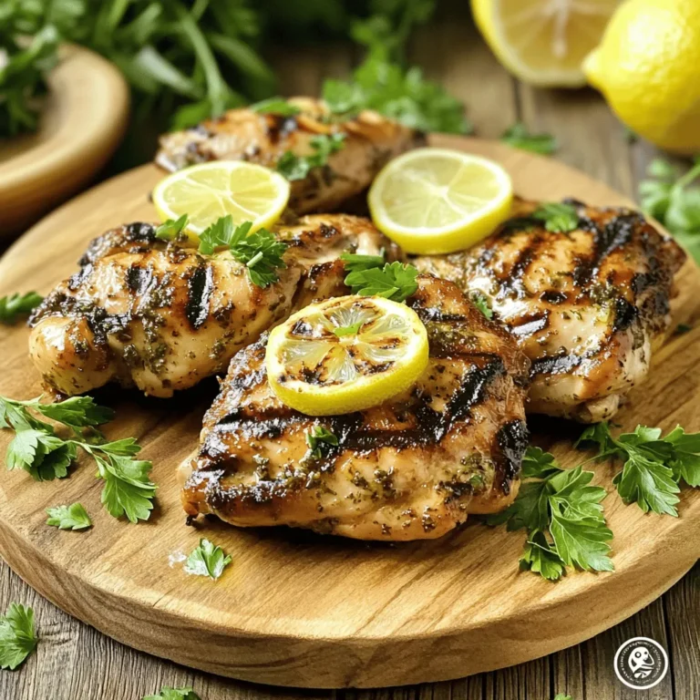 - 4 boneless, skinless chicken breasts - 3 tablespoons extra virgin olive oil - Zest and juice of 2 fresh lemons - 3 cloves of garlic, finely minced - 1 tablespoon fresh rosemary, finely chopped - 1 tablespoon fresh thyme, finely chopped - 1 teaspoon dried oregano - Salt and freshly ground black pepper, to taste - Fresh parsley, roughly chopped, for garnish - Optional: Lemon wedges for serving For this Lemon Herb Grilled Chicken, the main ingredients come together to create a fantastic dish. The chicken breasts serve as a blank canvas. The olive oil adds richness, while the lemon brings bright, zesty notes. Fresh herbs, like rosemary and thyme, add depth and aroma. Garlic gives the dish a warm, savory kick. Don't forget the salt and pepper; they enhance all the flavors. For garnish, fresh parsley not only looks great but adds a fresh touch. Lemon wedges can brighten the dish when served alongside. You can find the full recipe above, which guides you through the cooking process. Enjoy the burst of flavor with each bite! First, gather your ingredients for the marinade. In a medium bowl, whisk together the following: - 3 tablespoons extra virgin olive oil - Zest and juice of 2 fresh lemons - 3 cloves of garlic, finely minced - 1 tablespoon fresh rosemary, finely chopped - 1 tablespoon fresh thyme, finely chopped - 1 teaspoon dried oregano - Salt and freshly ground black pepper, to taste Mix until all the flavors combine. This step is key to getting that bright, zesty flavor. Next, take your 4 boneless, skinless chicken breasts. Place them in a large resealable bag or a shallow dish. Pour the marinade over the chicken. Make sure every piece is well coated. Seal the bag tightly or cover the dish. Refrigerate for at least 30 minutes. For more flavor, let it sit for up to 2 hours. The longer it marinates, the better it tastes! Now, it’s time to grill. Preheat your grill to a medium-high heat. This makes sure the chicken cooks evenly. Remove the chicken from the marinade. Let any extra marinade drip off. Discard the leftover marinade to avoid contamination. Place the chicken on the grill. Cook for about 6-8 minutes on each side. You want the internal temperature to reach 165°F (75°C). This ensures the chicken is safe to eat and juicy. Once cooked, take the chicken off the grill. Let it rest on a cutting board for about 5 minutes. This step is important. It allows the juices to settle back into the meat. After resting, garnish your chicken with freshly chopped parsley. This adds a nice pop of color and flavor. For more fun, serve with lemon wedges and enjoy your delicious meal! For the full recipe, check the complete section above. Marinating is key for juicy chicken. It helps the flavors soak in. I suggest marinating for at least 30 minutes. However, if you can, go for 2 hours. This longer time really makes a difference. The chicken will absorb all the tasty herbs and lemon. For the best results, preheat your grill to medium-high heat. This means around 400°F (204°C). Cook the chicken for 6-8 minutes on each side. Use a meat thermometer to check for doneness. The internal temperature should reach 165°F (75°C). This ensures it is safe to eat and perfectly cooked. Serve your lemon herb grilled chicken with sides that complement its flavors. Grilled vegetables are a great choice. You can also serve it with a fresh salad. The bright flavors of the lemon will shine even more with these sides. For extra flair, add some lemon wedges on the plate. They look nice and add a pop of flavor. Don't forget to check out the Full Recipe for more details! {{image_4}} You can change the marinade for fun. Swap lemon for lime to add zest. Lime gives a bright taste. You can also add a dash of honey. This adds sweetness that balances the tangy flavor. Honey melts into the chicken, making it juicy and tasty. Switching herbs can change the flavor a lot. Try using fresh basil for a sweet, aromatic twist. Basil pairs well with lemon and makes it bright. You can also use cilantro for a fresh, grassy note. Cilantro gives a nice lift to the dish. Each herb adds its unique touch to the chicken. Cooking on a charcoal grill gives a smoky flavor. Start by lighting the charcoal until it turns gray. Spread the coals evenly for heat. Then, follow the same cooking steps as for gas. Gas grills heat quickly and are easy to control. No matter the grill, keep an eye on the chicken. Cook until it reaches 165°F (75°C) for safety. For the full recipe, check the complete guide and enjoy your cooking adventure! To keep your lemon herb grilled chicken fresh, store it in an airtight container. Make sure it cools down first. You can keep it in the fridge for up to four days. Label the container with the date. This will help you track how long it has been stored. If you want to keep the grilled chicken longer, freezing is a great option. Wrap each piece tightly in plastic wrap, then place it in a freezer bag. This will help prevent freezer burn. You can freeze it for up to three months. When you’re ready to eat, move it to the fridge to thaw overnight. Reheating chicken can be tricky. You want to keep it juicy and tasty. The best method is to use the oven. Preheat your oven to 350°F (175°C). Place the chicken in a baking dish and add a splash of water or broth. Cover it with foil to keep moisture in. Heat for about 15-20 minutes. You can also use a microwave, but be careful. Heat it in short bursts, checking often to avoid drying it out. Enjoy your flavorful chicken again! Marinate your chicken for at least 30 minutes. For the best taste, aim for 2 hours. This time lets the flavors soak into the meat. The longer it sits, the more vibrant the taste. Just don’t go over 24 hours, or the chicken may turn mushy. Grilling frozen chicken is not ideal. It cooks unevenly and can be unsafe. Always thaw chicken first for even cooking. You can defrost it overnight in the fridge or use the microwave. Once thawed, follow the recipe for the best results. Lemon herb grilled chicken goes well with many sides. Here are some tasty options: - Grilled vegetables - A fresh garden salad - Quinoa or rice pilaf - Roasted potatoes These sides balance the chicken’s bright flavor and complete your meal. Yes, this recipe is great for meal prep. You can grill a big batch and store leftovers. The chicken stays tasty in the fridge for about 3–4 days. You can slice it for salads or sandwiches later. This makes lunch easy and delicious! For the full recipe, check out the complete guide. Lemon herb grilled chicken is a simple and tasty recipe. You learned how to prepare the marinade, marinate the chicken, and grill it perfectly. I shared tips on ensuring juiciness and suggested great side dishes. Remember to experiment with different marinades and herbs for unique flavors. Storing and reheating leftovers is easy if done right. Enjoy your cooking journey and impress family and friends with this flavorful dish!