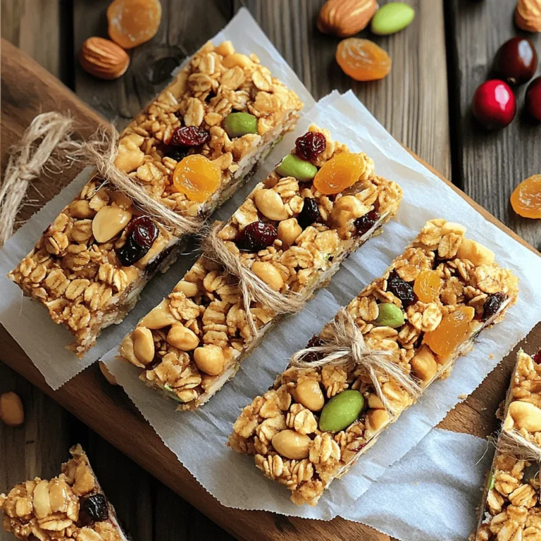 - 2 cups rolled oats - 1/2 cup almond butter (or any nut butter of your choice) - 1/3 cup honey or maple syrup (for a vegan option) - 1/2 cup mixed nuts (such as almonds, walnuts, and cashews), roughly chopped - 1/4 cup mixed seeds (like pumpkin and sunflower seeds) - 1/2 cup dried fruits (such as cranberries, chopped apricots, or raisins) - 1/4 teaspoon sea salt - 1 teaspoon pure vanilla extract - 1/2 teaspoon ground cinnamon (optional, for added warmth) - You can add chocolate chips for a sweet touch. - Coconut flakes give a nice tropical flavor. - Use gluten-free oats for a gluten-free version. - If you have nut allergies, try sunflower seed butter instead. These ingredients make a great base for tasty granola bars. You can mix and match based on what you have. I love to experiment with different fruits and nuts. It keeps the recipe fresh and fun! The Full Recipe gives you a simple guide to make these bars at home. 1. Preheat your oven to 350°F (175°C). 2. Prepare an 8x8 inch baking pan by lining it with parchment paper. Leave some paper hanging over the sides. This helps you lift the bars out later. 3. In a large mixing bowl, add the rolled oats, chopped nuts, mixed seeds, dried fruits, sea salt, and ground cinnamon (if you want). Stir to mix everything well. 1. In a small saucepan over low heat, warm the almond butter and honey (or maple syrup). Stir constantly until it melts into a smooth mixture. 2. Once melted, take the saucepan off the heat. Add the vanilla extract and mix it in. 3. Pour the warm mixture over the dry ingredients in your bowl. 4. Use a spatula or wooden spoon to mix everything together. Make sure the dry ingredients are well coated. 1. Transfer the mixture into the prepared baking pan. Press it down firmly with your hands or a spatula. Make sure it is even and compact. 2. Place the pan in the oven and bake for 15-18 minutes. Look for a nice golden brown on the edges. 3. After baking, take the pan out and let it cool for at least 30 minutes. 4. Once cool, use the parchment paper to lift the granola out of the pan. Place it on a cutting board. 5. Cut into bars or squares. Store the bars in an airtight container for up to a week. For the full recipe, check out the Nutty Crunch Delight Granola Bars. To get the best texture for your granola bars, start with fresh ingredients. Use rolled oats for chewiness. When mixing, make sure to press the mixture down firmly. This helps the bars hold together. If the mixture is loose, they may fall apart after baking. Use your hands or the back of a spatula to press evenly. Aim for a compact layer in the pan. If you want to change the sweetener, try agave or brown rice syrup. Both work well and add a nice flavor. They also keep the bars soft and chewy. For healthy fats, use coconut oil or sunflower seed butter. These fats add richness without overpowering the taste. They also make the bars easier to chew. Adding spices can take your granola bars to the next level. Consider mixing in nutmeg or ginger for warmth. A little spice can make a big difference. You can also add different fruits and nuts to keep things interesting. Try dried mango, chocolate chips, or pumpkin seeds. Each option brings new flavors and textures. Explore what you like best in your granola bars! {{image_4}} You can create different flavors of granola bars easily. Here are two tasty ideas: - Peanut Butter Chocolate Chip Granola Bars: Mix in 1/2 cup of chocolate chips and 1/2 cup of creamy peanut butter. This adds a rich and sweet taste. - Tropical Fruit and Coconut Granola Bars: Add 1/2 cup of dried pineapple or mango, and 1/4 cup of unsweetened coconut flakes. This gives a bright and sunny flavor. You can adjust the recipe to fit different diets. Here are some options: - Vegan versions: Use plant-based almond butter and maple syrup in place of honey. This keeps the bars sweet and vegan-friendly. - Nut-free options: Replace nut butter with sunflower seed butter and skip the mixed nuts. This option is great for those with nut allergies. You can choose how chewy or crunchy your granola bars are. Here’s how: - Chewy vs. crunchy: If you want chewy bars, bake them for 15 minutes. For crunchy bars, bake them for 18 minutes. - Adjusting baking time: Watch the edges closely. When they turn golden brown, they are ready. Baking longer can make them firmer. To keep your homemade granola bars fresh, use an airtight container. This helps prevent them from getting dry or hard. If you prefer, you can wrap each bar in parchment paper. This makes them easy to grab on busy days. Store the container at room temperature for the best taste. If your home is hot, the fridge is a good spot, too. Homemade granola bars can stay fresh for about one week. If you notice a change in smell or texture, they may be stale. Look for signs like a hard, dry feel or a strange taste. When this happens, it’s best to toss them out. You can freeze granola bars to enjoy later. To do this, wrap them tightly in plastic wrap or foil. Then, place them in an airtight bag. This keeps them fresh in the freezer for up to three months. When you’re ready to eat, thaw them in the fridge overnight. If you want a warm treat, you can microwave them for a few seconds. Enjoy your Nutty Crunch Delight Granola Bars anytime! How do I make my granola bars stick together? To help your granola bars stick, use enough nut butter and sweetener. These ingredients act like glue. Make sure to mix them well with the dry ingredients. Press the mixture firmly into your pan. The more compact it is, the better it will hold together. Can I use quick oats instead of rolled oats? Yes, you can use quick oats. They will change the texture a bit. Quick oats make bars softer but still tasty. If you want a chewier bar, stick with rolled oats. How long do homemade granola bars last? Homemade granola bars last about one week when stored in an airtight container. To keep them fresh longer, store them in the fridge. You can also freeze them for up to three months for later use. Can I substitute almond butter with peanut butter? Absolutely! You can swap almond butter for peanut butter. Both options work well. Peanut butter adds a rich, nutty flavor. Use whatever you prefer or have on hand. What can I use instead of honey for a vegan option? For a vegan option, use maple syrup instead of honey. It gives the same sweetness and works great in this recipe. Agave syrup is another good choice if you need an alternative. Best ways to serve granola bars (snacks, breakfast) Granola bars are perfect as snacks or for breakfast. They give you energy and keep you full. Enjoy them as a quick bite or pair them with yogurt for a balanced meal. Pairing ideas with dips or spreads Try serving granola bars with dips or spreads. Nut butter, yogurt, or fresh fruit make great pairings. You can even add a drizzle of chocolate for a treat! You learned how to make tasty granola bars using simple ingredients. We covered steps to mix, bake, and cool them. You can customize flavors and textures to fit your taste. Remember to store your bars properly for the best freshness. Enjoy exploring different variations and ingredients. Homemade granola bars are a fun way to snack well. You can experiment with what you like best. Trust your creativity and make these bars your own!