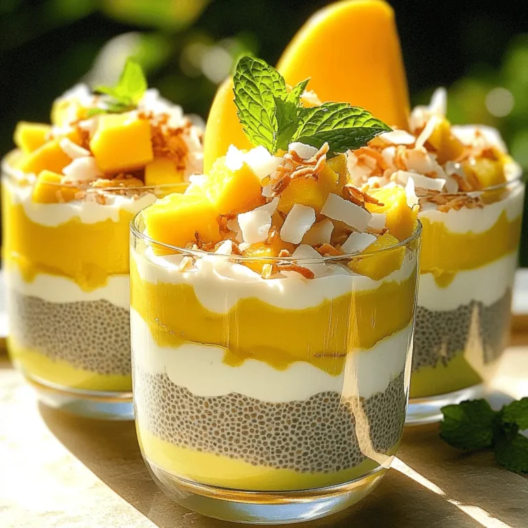 - 1/2 cup chia seeds - 2 cups coconut milk (canned full-fat or carton light) - 1 ripe mango, diced into small cubes Chia seeds are tiny but mighty. They expand and create a pudding-like texture when soaked. Coconut milk gives a rich flavor and creamy feel. The mango adds a sweet, fruity burst that is simply irresistible. - 2 tablespoons honey or maple syrup - 1 teaspoon pure vanilla extract - A pinch of fine sea salt Sweeteners bring balance to the pudding. Honey or maple syrup adds a natural sweetness. Vanilla extract enhances the flavor, making it more inviting. A pinch of salt rounds out the taste, lifting all the flavors. - Toasted coconut flakes - Fresh mint leaves Garnishes are key for presentation. Toasted coconut flakes add crunch and flavor. Fresh mint leaves offer a bright touch and aroma, making your pudding look tempting on the table. You can find the full recipe details later to try this delightful treat yourself! Start by combining the chia seeds, coconut milk, honey or maple syrup, vanilla extract, and a pinch of sea salt in a large mixing bowl. Make sure the bowl is big enough to hold the mixture as it expands. The chia seeds will soak up the liquid and thicken it as it rests. This combination gives the pudding its creamy texture and sweet flavor. Next, whisk the mixture thoroughly. You want to ensure that the chia seeds are evenly spread throughout. Once you achieve a smooth blend, cover the bowl tightly with plastic wrap or a lid. Place it in the refrigerator. Let it chill for at least 4 hours, or overnight if you can wait. This step is key! The chia seeds will absorb the liquid and turn into a pudding-like consistency. After the chilling time, take the bowl out of the refrigerator. Stir the mixture well to break any clumps that may have formed. Gently fold in half of the diced mango, keeping some pieces intact for texture. Now, it’s time to serve! Divide the chia pudding into individual bowls or clear glasses for a beautiful display. Top each serving with the reserved diced mango, a sprinkle of toasted coconut flakes, and a few fresh mint leaves for a pop of color and flavor. Enjoy your Mango Coconut Chia Pudding, a healthy and delicious treat! For the complete steps, check the Full Recipe. To get the best texture, refrigerate your pudding for at least 4 hours. This step is crucial. The chia seeds soak up the coconut milk and expand. They turn the mix into a smooth pudding. If you leave it overnight, the texture will be even better. Stir the mixture well after chilling. This breaks up any clumps and ensures a creamy consistency. A well-stirred pudding will feel light and fluffy. For a beautiful look, serve your chia pudding in clear glasses. This allows the colorful layers to shine through. You can see the creamy pudding and the bright mango pieces. It makes the dish more inviting. Add a slice of fresh mango on the rim of the glass. This adds color and a touch of elegance. A sprinkle of toasted coconut flakes on top completes the dish. These small details make your dessert eye-catching and fun. You can make this pudding suit your taste by adjusting the sweetness. Use honey or maple syrup to sweeten it up. Start with 2 tablespoons, then taste it. If you want it sweeter, add more. This way, you can create the perfect flavor for you. Remember, everyone's sweet tooth is different! Feel free to experiment until you find what you love most. {{image_4}} You can easily adjust this recipe for different diets. If you are lactose intolerant, use almond or oat milk instead of coconut milk. Both options work well and can change the flavor slightly. They still keep the creamy texture we love. For those who follow a vegan diet, try sweetening with maple syrup instead of honey. This way, you keep the dish plant-based and still tasty. Want to jazz up your pudding? Consider adding cocoa powder or vanilla bean. Both options bring new flavors and make each bite special. You can also mix in berries like strawberries or blueberries. This adds color and a fresh taste. Feel free to experiment with any fruits you enjoy! For an extra creamy pudding, mix in some yogurt. This gives your dish a rich and smooth feel. If you like crunch, layer the pudding with granola. The granola adds a nice bite and enhances the overall experience. You’ll love how these small changes can create a whole new treat! For the full recipe, check out the section above. Store leftover mango coconut chia pudding in an airtight container. This keeps it fresh and tasty. You can enjoy it for up to five days in the fridge. If you notice any off smells or changes in texture, it's best to toss it. You can freeze chia pudding for later use. Portion it into individual containers before freezing. This way, you can grab just what you need. To thaw, move the container to the fridge overnight. You can also thaw it in a bowl of warm water for quicker results. After storing, the pudding may thicken a bit. Stir it well to refresh its texture. You can also add a splash of coconut milk to make it creamy again. If you have leftovers, try blending them into smoothies for added nutrition. You can also layer them in parfaits with fruits and granola for a fun twist. Mango coconut chia pudding can last up to five days in the fridge. To keep it fresh, store it in an airtight container. This practice helps prevent it from absorbing odors. Always check for any off smells or changes in texture before eating. Yes, you can make chia pudding in advance! I recommend preparing it the night before or up to three days ahead. This makes it a great option for meal prep. Just store it in the fridge and grab it when you need a quick snack or breakfast. Chia seeds are tiny but mighty! They pack a punch of nutrients. Here are some highlights: - High in fiber, which helps with digestion. - Rich in omega-3 fatty acids, good for heart health. - Full of protein, making them a great plant-based choice. - Loaded with antioxidants, which protect your cells. These benefits make chia seeds a smart addition to your diet. Yes, you can! If you prefer, almond, oat, or soy milk work well. Each type of milk adds a different flavor. Almond milk is light and nutty. Oat milk is creamy and sweet. Soy milk is rich and smooth. Just remember, these choices may change the pudding's taste and texture. Your chia pudding is ready when it has a thick, creamy texture. After chilling for at least four hours, the chia seeds should expand. The mixture should not be runny but instead hold its shape. If it looks clumpy, stir it well before serving. This chia pudding recipe combines simple ingredients for a delightful treat. You learned how to craft the pudding, from mixing to garnishing. I shared tips for achieving the perfect texture and variations to suit your taste. Remember, this dish is versatile and can be adjusted to your preferences. Experiment with flavors or try different milk options. Enjoy making and sharing your own mango coconut chia pudding. It's both fun and healthy, so dig in!