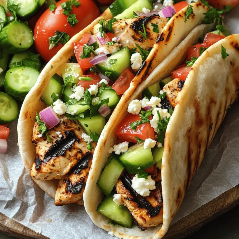 To make tasty Greek chicken gyros, you need just a few main ingredients: - 1 lb chicken breast, cut into thin strips - 4 fluffy pita breads - 1 medium cucumber, diced into small cubes - 1 ripe tomato, diced - 1/2 medium red onion, thinly sliced - 1/4 cup tangy feta cheese, crumbled - Fresh parsley leaves, for garnish These ingredients create a perfect balance of flavors. The chicken gives protein, while the veggies add crunch and freshness. The marinade is key to great taste. Here’s what you need for your chicken: - 3 tablespoons extra virgin olive oil - 2 tablespoons creamy Greek yogurt - 1 tablespoon freshly squeezed lemon juice - 2 cloves garlic, finely minced - 1 tablespoon dried oregano - Sea salt and freshly cracked black pepper, to taste Mix these ingredients in a bowl. This marinade makes the chicken juicy and full of flavor. Letting it sit in the fridge helps the flavors blend nicely. Toppings make your gyros fun and colorful. Use these: - Diced cucumber - Diced tomato - Sliced red onion - Crumbled feta cheese - Fresh parsley leaves Layer these on your gyro for great taste and looks. The fresh veggies and creamy feta create a delightful crunch and zing. You can also find the Full Recipe for more details on how to prepare these delicious gyros. Start by making a tasty marinade. In a bowl, mix the olive oil, Greek yogurt, lemon juice, minced garlic, oregano, salt, and pepper. Whisk it until it’s smooth. Now, add the chicken strips to the bowl. Make sure every piece is covered well. Cover the bowl with plastic wrap. Place it in the fridge for at least 1 hour. For the best flavor, let it sit overnight. When you're ready to cook, preheat your grill. If using a grill pan, set it to medium-high heat. It should be hot before you add the chicken. Take the marinated chicken out of the fridge. Place the strips on the grill. Cook for about 5-7 minutes on each side. The chicken should be cooked through and have nice grill marks. Make sure it reaches an internal temperature of 165°F (75°C). After grilling, let the chicken rest for a few minutes. Then slice it into bite-sized pieces. Warm the pita bread on the grill for about 1 minute on each side. To build your gyros, lay a warm pita flat. Add a good amount of grilled chicken in the center. Layer it with diced cucumber, tomato, sliced red onion, and crumbled feta cheese. Top it with fresh parsley leaves. Finally, roll the pita around the filling to create a delicious wrap. For the complete recipe, check out the Full Recipe. Select fresh chicken breast for the best gyros. Look for chicken with no blemishes. Organic or free-range options are great if available. The meat should feel firm and smell fresh. Thinner strips cook more evenly and quickly. Always trim excess fat for a leaner bite. A good marinade is key to juicy chicken. Use olive oil, yogurt, and lemon juice for flavor. The yogurt adds creaminess and helps tenderize the meat. Don't skip the garlic and oregano; they give authentic Greek taste. Marinate for at least one hour, but overnight is best. This allows the flavors to soak in deeply. Warm pita bread makes your gyros extra tasty. Lay it flat and pile in the chicken and toppings. Use fresh veggies like cucumber and tomatoes for crunch. Crumbled feta adds a salty kick. I love a sprinkle of parsley on top for color. Serve with a side salad to balance the meal. Enjoy your homemade Greek chicken gyros! Check out the Full Recipe for more details. {{image_4}} If you want to switch things up, try using other proteins. Lamb is a great option for gyros. It has a rich flavor that pairs well with the spices. You can also use beef, which gives a hearty taste. For a lighter choice, turkey works well too. Just make sure to adjust the cooking time based on the protein you use. For a meat-free meal, consider a vegetarian version. Grilled mushrooms are a tasty substitute. They add a nice texture and umami flavor. You can also use marinated eggplant or zucchini. Both veggies soak up the marinade well. Don't forget to add your favorite toppings like cucumber, tomato, and feta cheese. Sauces can make or break your gyros. A classic tzatziki sauce is always a hit. It combines yogurt, cucumber, garlic, and dill for a refreshing taste. If you want something spicy, try a chili garlic sauce. It adds a nice kick. For a twist, mix tahini with lemon juice and garlic for a creamy dressing. These sauces will elevate your gyros, making them even more delicious. For the full recipe, check out Greek Chicken Gyros Delight . To keep your chicken gyros fresh, place leftovers in an airtight container. This helps lock in flavor and moisture. Store them in the fridge for up to three days. Make sure to separate the chicken from the pita and toppings. This keeps everything fresh and tasty. When you're ready to enjoy your leftovers, reheat the chicken gyros. You can use a skillet or microwave. For the skillet, heat on medium until warm, about 5 minutes. If using a microwave, cover the container and heat for 1-2 minutes. Check the chicken's temperature; it should reach 165°F (75°C) to be safe. If you want to freeze the gyros, start by wrapping the chicken tightly in plastic wrap. Then, place it in a freezer bag. You can freeze the chicken for up to two months. For the best taste, do not freeze the pita or toppings. When you're ready to eat, thaw the chicken in the fridge overnight. Reheat as mentioned above. Enjoy your homemade Greek chicken gyros anytime! The best way to cook chicken for gyros is by grilling. Grilling gives the chicken great flavor and nice grill marks. You can use a grill pan or an outdoor grill. I recommend marinating the chicken first. This helps keep the meat juicy. Cook the chicken for 5-7 minutes on each side. Make sure it reaches an internal temperature of 165°F (75°C). This ensures it is fully cooked and safe to eat. You can prepare Greek chicken gyros ahead of time easily. First, marinate the chicken in the fridge. This can be done a day in advance. After marinating, grill the chicken and let it cool. You can store it in an airtight container in the fridge. When you are ready to eat, warm the chicken gently. This keeps the meat tender. You can also prepare the toppings ahead. Chop cucumbers, tomatoes, and onions, then store them in the fridge. Greek chicken gyros pair well with many sides. Consider serving them with a fresh cucumber and tomato salad. The cool veggies balance the warm chicken. You can also add some crispy fries or sweet potato fries. Another great option is tzatziki sauce. This yogurt-based sauce adds a creamy touch. Lastly, pita chips make a fun snack alongside your gyros. For the full recipe, check out the Greek Chicken Gyros Delight section above! Greek chicken gyros are a tasty and fun dish to make at home. We covered the key ingredients and marinating, grilling, and assembling steps. I shared tips on the best chicken and how to serve them well. You also learned about different protein options and how to store and reheat leftovers. You can enjoy this dish in many ways. So grab your ingredients and try making your own gyros soon!