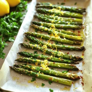 To make Lemon Parmesan Roasted Asparagus, you need fresh and simple ingredients. Here’s what you will use: - 1 pound fresh asparagus, trimmed and cleaned - 2 tablespoons extra virgin olive oil - Zest of 1 large lemon - 2 tablespoons freshly squeezed lemon juice - 1/2 cup freshly grated Parmesan cheese - 1 teaspoon garlic powder - 1/2 teaspoon sea salt - 1/4 teaspoon freshly ground black pepper - 1/4 teaspoon red pepper flakes (optional) - Fresh parsley, finely chopped (for garnish) These ingredients come together to create a bright and tasty dish. The lemon adds zing, while the Parmesan gives a nice, creamy touch. Using fresh asparagus ensures the best flavor. You can find all these items at your local grocery store. For the complete cooking steps, check the Full Recipe. - Preheat the oven to 425°F (220°C). - Line a baking sheet with parchment paper. First, set your oven to 425°F. This high heat helps the asparagus roast well. While the oven warms up, grab a baking sheet and line it with parchment paper. This makes cleanup easy and keeps the asparagus from sticking. - Combine olive oil, lemon zest, and lemon juice. - Add garlic powder, sea salt, black pepper, and red pepper flakes. Next, take a big mixing bowl. Add 2 tablespoons of olive oil, the zest of one lemon, and 2 tablespoons of fresh lemon juice. This mix gives the asparagus a bright, zesty flavor. Then, sprinkle in 1 teaspoon of garlic powder, 1/2 teaspoon of sea salt, 1/4 teaspoon of black pepper, and if you like heat, 1/4 teaspoon of red pepper flakes. Whisk it all together until it looks smooth and well mixed. - Toss asparagus in the lemon-oil mixture. - Ensure even coating before placing on the baking sheet. Now, it’s time for the asparagus. Take 1 pound of fresh asparagus and add it to the bowl. Use your hands or tongs to toss it around in the lemon-oil mix. Make sure each spear gets a nice coat. This step adds all the wonderful flavors to the asparagus. - Roast asparagus for 12 minutes until tender but crisp. - Sprinkle Parmesan cheese and roast for an additional 3-5 minutes. Spread the coated asparagus on the prepared baking sheet. Make sure they lie flat and don’t crowd each other. Place the baking sheet in the oven and roast for 12 minutes. You want them to be tender, yet still crisp. After that, take the sheet out and sprinkle 1/2 cup of grated Parmesan cheese over the asparagus. Put it back in the oven for another 3-5 minutes. Keep an eye on it until the cheese melts and turns a light golden color. For the full recipe, check out the complete details above! To get the best flavor from your Lemon Parmesan Roasted Asparagus, always choose fresh ingredients. Fresh asparagus has a bright taste that frozen or older asparagus lacks. The zest of the lemon gives a burst of flavor, and fresh lemon juice adds a nice tang. You can adjust the seasoning based on what you like. If you enjoy more heat, add extra red pepper flakes. If you prefer less salt, cut back on the sea salt. This recipe is flexible, so make it your own! This dish pairs well with many main courses. I love serving it alongside grilled chicken or fish. The lemon flavor complements these proteins perfectly. For a vegetarian option, try it with a creamy risotto or quinoa salad. For presentation, arrange the roasted asparagus on a large platter. Drizzle any leftover lemon juice over the top for added zing. Adding a few lemon slices around the edges makes it look fancy. When cooking asparagus, the size matters. If you use thinner asparagus, reduce the roasting time by a couple of minutes. They cook faster than thicker ones. For thicker asparagus, you might need to add a few minutes to the cooking time. Always check for doneness by piercing a spear with a fork. It should be tender but still crisp. Adjust your cooking time based on the size to get the best results. {{image_4}} You can change the cheese if you want a different taste. Try using Pecorino Romano for a sharper flavor. For a nutty twist, Grana Padano works well too. If you prefer a vegan option, use nutritional yeast. It gives a cheesy taste without dairy. You can also use almond or cashew cheese for a creamy touch. To add more flavor, consider fresh herbs. Try thyme or oregano for a nice herbal note. You can also use crushed red pepper for a spicy kick. For some crunch, add toasted pine nuts or slivered almonds. These toppings enhance both the taste and texture of the dish. For the full recipe, check out the Lemon Parmesan Roasted Asparagus section. To store leftovers, let the asparagus cool completely. Place it in an airtight container. This helps keep the flavors fresh. Use a glass or plastic container with a tight lid. The asparagus will stay good for about three days in the fridge. Reheat the asparagus in the oven for the best results. Set the oven to 350°F (175°C). Place the asparagus on a baking sheet. Heat it for about 10 minutes. This way, it stays crispy and warm. You can also use a microwave, but be careful. Heat it for 30 seconds at a time to avoid sogginess. Enjoy your tasty Lemon Parmesan Roasted Asparagus from the Full Recipe! Yes, you can use frozen asparagus. However, fresh asparagus is best for this dish. Frozen asparagus can become mushy when cooked. If you choose frozen, thaw it first and pat it dry. This helps to reduce excess water. Lemon Parmesan Roasted Asparagus pairs well with many dishes. You can serve it with grilled chicken or fish. It also goes great with pasta or risotto. For a vegetarian option, serve it with quinoa or a hearty salad. Asparagus is done when it is tender but still crisp. It should have a bright green color. You can test it by piercing a spear with a fork. If it goes in easily but still has a slight bite, it's perfect. Yes, you can prep this dish ahead of time. Toss the asparagus in the lemon mixture a few hours before cooking. Store it in the fridge until you are ready to roast. This way, the flavors can blend nicely. Just roast it right before serving for the best taste. For the complete recipe, check out the Full Recipe. Lemon Parmesan Roasted Asparagus is simple and tasty. We covered ingredients, steps, and tips. Fresh asparagus shines in this dish, and the lemon adds zing. Remember to adjust flavors to fit your taste. Store leftovers well for later enjoyment. Serve it up with your favorite meals for a perfect side. This dish is great for any occasion. Enjoy cooking and sharing it with others!