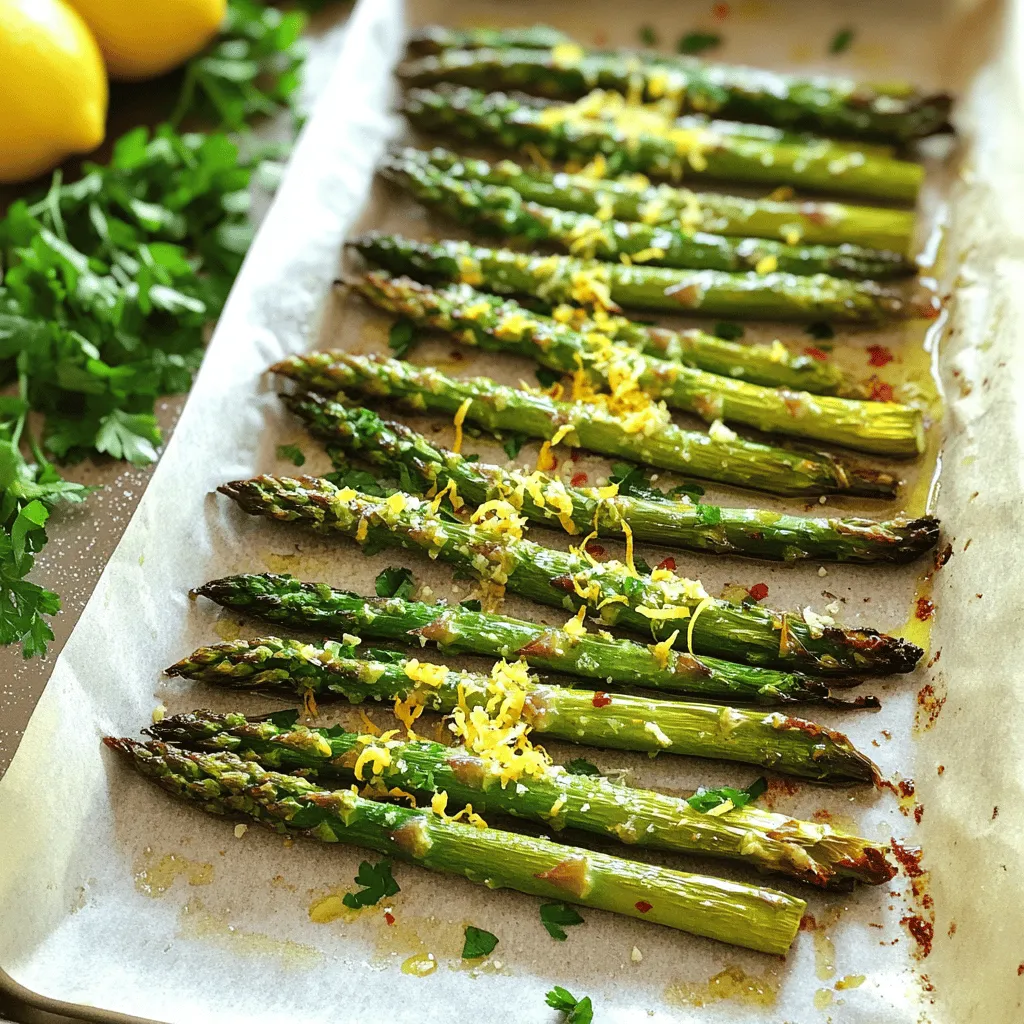 To make Lemon Parmesan Roasted Asparagus, you need fresh and simple ingredients. Here’s what you will use: - 1 pound fresh asparagus, trimmed and cleaned - 2 tablespoons extra virgin olive oil - Zest of 1 large lemon - 2 tablespoons freshly squeezed lemon juice - 1/2 cup freshly grated Parmesan cheese - 1 teaspoon garlic powder - 1/2 teaspoon sea salt - 1/4 teaspoon freshly ground black pepper - 1/4 teaspoon red pepper flakes (optional) - Fresh parsley, finely chopped (for garnish) These ingredients come together to create a bright and tasty dish. The lemon adds zing, while the Parmesan gives a nice, creamy touch. Using fresh asparagus ensures the best flavor. You can find all these items at your local grocery store. For the complete cooking steps, check the Full Recipe. - Preheat the oven to 425°F (220°C). - Line a baking sheet with parchment paper. First, set your oven to 425°F. This high heat helps the asparagus roast well. While the oven warms up, grab a baking sheet and line it with parchment paper. This makes cleanup easy and keeps the asparagus from sticking. - Combine olive oil, lemon zest, and lemon juice. - Add garlic powder, sea salt, black pepper, and red pepper flakes. Next, take a big mixing bowl. Add 2 tablespoons of olive oil, the zest of one lemon, and 2 tablespoons of fresh lemon juice. This mix gives the asparagus a bright, zesty flavor. Then, sprinkle in 1 teaspoon of garlic powder, 1/2 teaspoon of sea salt, 1/4 teaspoon of black pepper, and if you like heat, 1/4 teaspoon of red pepper flakes. Whisk it all together until it looks smooth and well mixed. - Toss asparagus in the lemon-oil mixture. - Ensure even coating before placing on the baking sheet. Now, it’s time for the asparagus. Take 1 pound of fresh asparagus and add it to the bowl. Use your hands or tongs to toss it around in the lemon-oil mix. Make sure each spear gets a nice coat. This step adds all the wonderful flavors to the asparagus. - Roast asparagus for 12 minutes until tender but crisp. - Sprinkle Parmesan cheese and roast for an additional 3-5 minutes. Spread the coated asparagus on the prepared baking sheet. Make sure they lie flat and don’t crowd each other. Place the baking sheet in the oven and roast for 12 minutes. You want them to be tender, yet still crisp. After that, take the sheet out and sprinkle 1/2 cup of grated Parmesan cheese over the asparagus. Put it back in the oven for another 3-5 minutes. Keep an eye on it until the cheese melts and turns a light golden color. For the full recipe, check out the complete details above! To get the best flavor from your Lemon Parmesan Roasted Asparagus, always choose fresh ingredients. Fresh asparagus has a bright taste that frozen or older asparagus lacks. The zest of the lemon gives a burst of flavor, and fresh lemon juice adds a nice tang. You can adjust the seasoning based on what you like. If you enjoy more heat, add extra red pepper flakes. If you prefer less salt, cut back on the sea salt. This recipe is flexible, so make it your own! This dish pairs well with many main courses. I love serving it alongside grilled chicken or fish. The lemon flavor complements these proteins perfectly. For a vegetarian option, try it with a creamy risotto or quinoa salad. For presentation, arrange the roasted asparagus on a large platter. Drizzle any leftover lemon juice over the top for added zing. Adding a few lemon slices around the edges makes it look fancy. When cooking asparagus, the size matters. If you use thinner asparagus, reduce the roasting time by a couple of minutes. They cook faster than thicker ones. For thicker asparagus, you might need to add a few minutes to the cooking time. Always check for doneness by piercing a spear with a fork. It should be tender but still crisp. Adjust your cooking time based on the size to get the best results. {{image_4}} You can change the cheese if you want a different taste. Try using Pecorino Romano for a sharper flavor. For a nutty twist, Grana Padano works well too. If you prefer a vegan option, use nutritional yeast. It gives a cheesy taste without dairy. You can also use almond or cashew cheese for a creamy touch. To add more flavor, consider fresh herbs. Try thyme or oregano for a nice herbal note. You can also use crushed red pepper for a spicy kick. For some crunch, add toasted pine nuts or slivered almonds. These toppings enhance both the taste and texture of the dish. For the full recipe, check out the Lemon Parmesan Roasted Asparagus section. To store leftovers, let the asparagus cool completely. Place it in an airtight container. This helps keep the flavors fresh. Use a glass or plastic container with a tight lid. The asparagus will stay good for about three days in the fridge. Reheat the asparagus in the oven for the best results. Set the oven to 350°F (175°C). Place the asparagus on a baking sheet. Heat it for about 10 minutes. This way, it stays crispy and warm. You can also use a microwave, but be careful. Heat it for 30 seconds at a time to avoid sogginess. Enjoy your tasty Lemon Parmesan Roasted Asparagus from the Full Recipe! Yes, you can use frozen asparagus. However, fresh asparagus is best for this dish. Frozen asparagus can become mushy when cooked. If you choose frozen, thaw it first and pat it dry. This helps to reduce excess water. Lemon Parmesan Roasted Asparagus pairs well with many dishes. You can serve it with grilled chicken or fish. It also goes great with pasta or risotto. For a vegetarian option, serve it with quinoa or a hearty salad. Asparagus is done when it is tender but still crisp. It should have a bright green color. You can test it by piercing a spear with a fork. If it goes in easily but still has a slight bite, it's perfect. Yes, you can prep this dish ahead of time. Toss the asparagus in the lemon mixture a few hours before cooking. Store it in the fridge until you are ready to roast. This way, the flavors can blend nicely. Just roast it right before serving for the best taste. For the complete recipe, check out the Full Recipe. Lemon Parmesan Roasted Asparagus is simple and tasty. We covered ingredients, steps, and tips. Fresh asparagus shines in this dish, and the lemon adds zing. Remember to adjust flavors to fit your taste. Store leftovers well for later enjoyment. Serve it up with your favorite meals for a perfect side. This dish is great for any occasion. Enjoy cooking and sharing it with others!