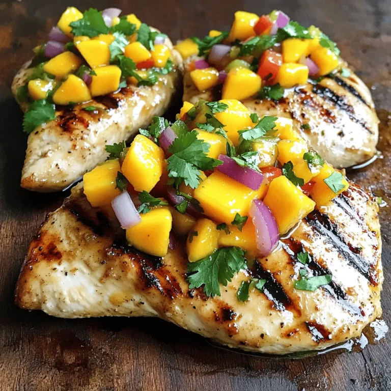 - 4 boneless, skinless chicken breasts - 1 ripe mango, peeled and diced - 1/2 red onion, finely chopped - 1 teaspoon garlic powder - 1 teaspoon ground cumin - 1 teaspoon smoked paprika - Juice of 2 fresh limes - 2 tablespoons fresh cilantro, finely chopped - 2 tablespoons extra virgin olive oil To make Mango Salsa Chicken, you'll need a few key ingredients. The chicken provides a hearty base, while the mango brings a sweet and juicy touch. The red onion adds a nice crunch and bite. The seasonings are crucial. Garlic powder gives depth, while cumin adds warmth. Smoked paprika gives a nice smoky flavor that pairs well with the chicken. The lime juice brightens the dish, bringing it all together. Fresh cilantro adds a pop of color and fresh taste. Lastly, extra virgin olive oil ensures everything stays moist and flavorful. For the full recipe, check out the complete cooking instructions and tips. Enjoy making this simple yet delicious dinner! First, grab a small mixing bowl. In it, whisk together the olive oil, garlic powder, ground cumin, smoked paprika, salt, and pepper. Mix until well combined. This marinade is key for flavor. Next, take your chicken breasts and place them in a large resealable bag or a shallow dish. Now, pour the marinade over the chicken, ensuring each piece is coated thoroughly. This step really brings out the taste. After coating the chicken, seal the bag or cover the dish. Refrigerate for at least 30 minutes. For the best flavor, let it marinate for up to 2 hours. The longer it sits, the more the flavors soak in. This waiting time makes the chicken juicy and delicious. While the chicken marinates, it’s time to make the mango salsa. In a medium bowl, combine the diced mango, chopped red onion, diced red bell pepper, minced jalapeño, lime juice, and cilantro. Add salt and pepper to taste. Stir gently to mix everything. Let it sit for a few minutes. This helps the flavors meld together beautifully. The salsa adds a fresh and vibrant touch to the dish. Now, let’s cook the chicken. Preheat your grill or a non-stick skillet over medium-high heat. Once hot, take the chicken breasts out of the marinade. Allow any excess marinade to drip off. Place the chicken on the grill or skillet. Cook for about 6-7 minutes on each side. Use a meat thermometer to check for doneness; the chicken should reach an internal temperature of 165°F. This ensures it’s safe to eat. After cooking, transfer the chicken to a plate and let it rest for 5 minutes. This step keeps the chicken juicy. Slice the chicken into thick strips and spoon the mango salsa generously on top. The bright colors will make your dish pop. This meal is perfect with rice or a fresh green salad. For the full recipe, refer to the instructions above! Marinating is key for flavor. For deeper taste, let your chicken soak longer. Aim for two hours if you can. Fresh spices make a big difference too. They add a burst of flavor to your dish. Always check the doneness of your chicken with a meat thermometer. It should reach 165°F for safety. Don't overcrowd your grill or skillet. This helps the chicken cook evenly and stay juicy. Presentation matters! Garnish with extra cilantro and lime wedges for a pop of color. It makes your dish look fresh and inviting. Pair the chicken with rice or a green salad for a complete meal. This adds balance and makes it more filling. For the full recipe, check out the complete instructions on how to create this dish. {{image_4}} You can easily change this dish to fit your needs. If you want a vegetarian option, swap chicken for tofu. Tofu soaks up flavors well, making it a great choice. You can also use zoodles instead of regular pasta or rice. Zoodles are fun and keep the meal low in carbs. Want to add a twist to your mango salsa chicken? Diced avocado brings a nice creaminess to the dish. It adds healthy fats and tastes great. You can also mix in fresh herbs like mint or basil. These herbs give a fresh pop of flavor, making your dish even more exciting. Don't feel stuck with just mango! You can try other fruits like pineapple or peaches. They add a sweet and tangy taste that pairs well with chicken. For a heartier salsa, toss in black beans. They add protein and fiber, making your meal more filling. Check out the Full Recipe for more ideas! After enjoying your meal, you may have some chicken and salsa left. Store the chicken and salsa separately in airtight containers. This keeps them fresh and tasty. Make sure to refrigerate them. Consume the leftovers within 3 days to enjoy the best flavor and texture. If you want to save the chicken for later, freeze the cooked chicken. It stays good for up to 3 months. For the mango salsa, it tastes best fresh. However, you can freeze it if needed. Just remember that the texture may change once thawed. When it's time to enjoy your leftovers, reheat the chicken gently. You can use the oven or microwave for this. Make sure it heats evenly. Before serving the salsa, refresh it with a squeeze of lime juice. This adds brightness and keeps the flavors lively. Enjoy your Mango Salsa Chicken again! For the full recipe, check the earlier section. Yes, but ensure they are thawed before marinating. Thawing helps the chicken absorb flavors. You can leave the chicken in the fridge overnight. Rice, salads, or grilled vegetables make great sides. They all balance well with the chicken's flavors. You can also serve it with quinoa for a healthier option. Yes, but it's best served fresh for optimal flavor. Making it ahead can dull the taste. If you must prepare it early, store it in the fridge in a sealed container. Adjust the jalapeño amount to control the heat level. For milder salsa, remove the seeds. If you enjoy spice, add more jalapeño or even some chili flakes. Yes, all ingredients are gluten-free. You can enjoy this dish without worry if you are gluten-sensitive. Always check labels just in case. Substitute chicken with zucchini or use cauliflower rice as a side. Zucchini noodles work well with the salsa. Cauliflower rice adds a nice texture and flavor. You can find the full recipe to make this delicious dish. This recipe combines fresh flavors and simple steps to make Mango Salsa Chicken. You learned how to prepare a delicious marinade, make a zesty mango salsa, and cook chicken perfectly. Remember, the longer you marinate, the better the taste. Whether you choose chicken or tofu, this dish is perfect for any meal. Enjoy leftovers within three days for the best flavor. With these tips, you're set for success in the kitchen. Dive in and make this dish your new favorite!
