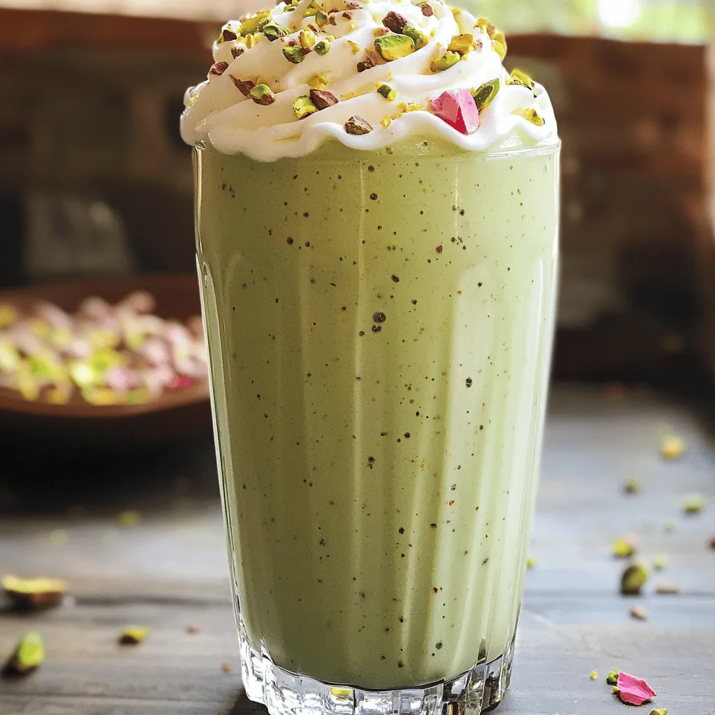 To make a delicious pistachio rose milkshake, you will need these ingredients: - 1 cup milk (choose between whole or your favorite plant-based option) - 2 tablespoons rose syrup - 1/4 cup unsalted and shelled pistachios (set aside an extra teaspoon for garnish) - 1/2 cup vanilla ice cream - 1 teaspoon ground cardamom - 1/2 tablespoon sugar (optional, adjust based on your preferred sweetness) - Ice cubes (optional for a chilled, frosty texture) - Whipped cream (for a decadent topping) Each ingredient plays a key role in creating this creamy and refreshing delight. The milk gives the shake its base, while the rose syrup adds a floral touch. Pistachios bring a nutty flavor and a lovely green color. Vanilla ice cream adds creaminess and sweetness. Ground cardamom gives a warm spice note, and sugar can enhance the sweetness if needed. Ice cubes create a chill, perfect for hot days. Finally, whipped cream elevates the drink and makes it feel special. Finding the right balance of these ingredients is key. You can mix and match to suit your taste. If you want a nut-free version, skip the pistachios. You can also adjust the sugar if you prefer less sweetness. For the full recipe, be sure to check the instructions section. First, grab your unsalted pistachios. Place them in a food processor. Pulse them gently. You want a fine texture, not a paste. It should have a gritty feel. Set aside a teaspoon of ground pistachios for garnish later. This adds a lovely crunch to your drink. Now, it’s time to blend. In your blender, add the milk, rose syrup, ground pistachios, and vanilla ice cream. Don’t forget the ground cardamom! If you like it cold, toss in a few ice cubes. This will make your shake extra refreshing. Once blended, taste your milkshake. If it needs more sweetness, add sugar. Blend for a few more seconds to mix it well. You want it just right for your taste buds. Pour the milkshake into tall glasses. Top each with a swirl of whipped cream. Sprinkle the reserved pistachios on top for extra flair. If you have edible rose petals, add a few on the cream. It looks beautiful and adds a nice touch. Enjoy your creamy and refreshing delight! For the full recipe, refer to the earlier section. Pick milk based on your taste. Whole milk gives a rich texture. Plant-based options like almond or oat milk provide a lighter feel. Both choices work well for the milkshake. If you want creaminess, stick with whole milk or full-fat plant-based milk. Experiment to find your favorite! To get a smooth milkshake, blend at high speed. Start with the liquids first, then add the solids. This helps blend everything evenly. Make sure to pulse the pistachios to a fine texture, but don’t turn them into a paste. Blend until the shake is creamy and smooth. If you notice any chunks, blend a bit longer. Taste your milkshake before serving. If it’s not sweet enough, add more sugar. Blend again to mix it in well. You can also use honey or agave for a different flavor. Remember, the rose syrup adds sweetness too, so adjust carefully. Enjoy finding the perfect balance for your taste buds! For the complete recipe, check out the Full Recipe. {{image_4}} You can make a vegan pistachio rose milkshake easily. Use plant-based milk instead of dairy. Almond, oat, or coconut milk all work great. Replace vanilla ice cream with a vegan version. There are many tasty options available. This way, everyone can enjoy this creamy delight. Want to mix things up? Try adding saffron for a floral touch. Just a pinch goes a long way. You can also add chocolate syrup for a rich flavor twist. This makes your milkshake even more fun. Feel free to experiment with other flavors, like cardamom or vanilla. If you don't have pistachios, don't worry! You can swap them for other nuts. Almonds or cashews can work well. They will add a different taste and texture. Just remember to blend them finely. This will keep your milkshake smooth and creamy. For the full recipe, check out the instructions to create your own delicious pistachio rose milkshake. If you have extra milkshake, store it in an airtight container. This keeps it fresh. Place it in the fridge for up to two days. Before serving, give it a good stir. The shake may separate a little. You can use leftover ingredients in other recipes. The pistachios are great in salads or granola. Rose syrup works well in tea or drizzled over desserts. Vanilla ice cream can top fruit or be blended into smoothies. To keep your milkshake fresh, drink it soon after making it. Milk and ice cream do not last long once mixed. If you freeze it, it can last a month. Thaw it in the fridge before enjoying. Always check for any off smells before using. A Pistachio Rose Milkshake is a creamy drink made with milk, rose syrup, and pistachios. This milkshake combines rich flavors and aromas. The sweet, nutty taste of pistachios pairs well with the floral notes of rose syrup. You can enjoy it as a dessert or a refreshing treat on a hot day. Yes, you can make this milkshake without ice cream. Use extra milk for creaminess instead. You can also add a banana for a thick texture. Some people like to use frozen yogurt as a lighter option. This way, you still get a smooth and tasty shake. Yes, there are health benefits! Pistachios are rich in protein and healthy fats. They also provide fiber and vitamins. Rose syrup can help with digestion and has antioxidant properties. Milk adds calcium and protein to your diet. Together, these ingredients create a treat that can be enjoyable and nutritious. For the full recipe, check out the details above. This will help you create your own Pistachio Rose Milkshake at home! This blog post explored the delightful world of the Pistachio Rose Milkshake. We discussed key ingredients like milk choices, rose syrup, and pistachios. You learned how to prep, blend, and serve this treat in simple steps. Tips helped with milk and sweetness adjustments, while variations offered fun twists. Remember, store leftovers properly to keep them fresh. Enjoy this tasty drink, and don’t hesitate to try your unique flavors! Your choice of ingredients can make every sip special.