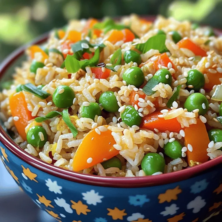 To make a great vegetable fried rice, you need fresh and high-quality ingredients. Here’s what you should gather: - 2 cups cooked jasmine rice (ideally chilled for better texture) - 1 cup colorful mixed vegetables (including peas, diced carrots, and bell pepper chunks) - 1 cup finely chopped green onions - 2 cloves garlic, finely minced - 2 tablespoons soy sauce (use low-sodium if preferred) - 1 tablespoon sesame oil (for a nutty flavor) - 1 tablespoon vegetable oil (for cooking) - 1 teaspoon freshly grated ginger - 2 large eggs, lightly beaten (optional for added protein) - Salt and black pepper, to taste - 1 tablespoon toasted sesame seeds (for garnish and added texture) These ingredients come together beautifully to create a dish that bursts with flavor. You can customize your vegetable fried rice with some fun extras. Here are a few ideas: - Add tofu or chicken for a protein boost. - Use different vegetables like broccoli, corn, or zucchini. - Try adding a splash of rice vinegar for extra tang. - Experiment with spices like chili flakes for heat. Feel free to get creative! This dish is versatile and welcomes your personal touch. If you can’t find certain ingredients, here are some substitutes: - Swap jasmine rice for long-grain rice or basmati. - Use any vegetable oil instead of sesame oil. - If you don’t have fresh ginger, ground ginger will do. - Replace green onions with chives or shallots if needed. These substitutions still keep the spirit of the dish while fitting your pantry. Start by gathering all your ingredients. You need: - 2 cups cooked jasmine rice (ideally chilled for better texture) - 1 cup colorful mixed vegetables (including peas, diced carrots, and bell pepper chunks) - 1 cup finely chopped green onions - 2 cloves garlic, finely minced - 2 tablespoons soy sauce (use low-sodium if preferred) - 1 tablespoon sesame oil (for a nutty flavor) - 1 tablespoon vegetable oil (for cooking) - 1 teaspoon freshly grated ginger - 2 large eggs, lightly beaten (optional for added protein) - Salt and black pepper, to taste - 1 tablespoon toasted sesame seeds (for garnish and added texture) Make sure your rice is cold. This helps it stay separate, not mushy. Chop your veggies and garlic before you start cooking. This saves time and keeps the process smooth. In a large non-stick skillet or wok, heat the vegetable oil over medium-high heat. Wait until the oil is hot, but not smoking. Add the minced garlic and grated ginger. Sauté these for about 30 seconds. You want them fragrant, not browned. Now, toss in the mixed vegetables. Stir-fry them for 2-3 minutes. They should soften a bit but still have some crunch. If you want to add eggs, push the veggies to one side of the skillet. Pour the beaten eggs into the empty side and scramble them until they are fully cooked. Then, mix them back in with the veggies. Next, add the chilled jasmine rice. Use a spatula to break apart any clumps. Stir-fry everything together for about 3-5 minutes. You want the rice heated through and slightly crispy. Drizzle the soy sauce and sesame oil over the mixture. Toss it well to coat all the rice and veggies with flavor. Finally, stir in the chopped green onions. Season with salt and black pepper to taste. Cook for an additional minute to blend the flavors. Take the skillet off the heat. Let it sit for a minute. This helps the flavors meld together. Serve the fried rice in colorful bowls. Garnish it with toasted sesame seeds for added crunch. You can also add extra green onion slices for a fresh touch. This vegetable fried rice recipe is a great meal for any time. Enjoy it with friends or family! For the full recipe, check out the details above. To get the best fried rice, start with cold rice. Freshly cooked rice becomes sticky. Chilling it helps to dry it out. You want each grain to stay separate. Use a large non-stick skillet or wok to fry. This gives you enough space to stir. Add garlic and ginger to your oil first. This step builds a strong base of flavor. Use low-sodium soy sauce to control saltiness. A dash of sesame oil adds nuttiness. For extra texture, sprinkle toasted sesame seeds on top. Do not overcrowd the pan. This can lead to steaming instead of frying. If your rice clumps together, break it apart gently. Avoid burning garlic; it can turn bitter. Lastly, don't skip the resting time after cooking. It allows flavors to blend well. For the complete cooking guide, check the Full Recipe. {{image_4}} If you want a vegetarian or vegan fried rice, skip the eggs. You can still enjoy a rich taste with just veggies. Try adding tofu for protein. Tofu soaks up flavors well. It adds a nice texture to the dish. You can also use soy sauce and sesame oil to keep it tasty and satisfying. For extra protein, consider adding cooked chicken, shrimp, or beef. Cook these proteins separately before adding them to the rice. This keeps the flavors bright and fresh. If you want a plant-based option, try chickpeas or edamame. They boost protein and add fiber too. Mix and match your vegetables for fun flavors. You can use broccoli, zucchini, or snap peas. Each brings its own taste and crunch. If you're feeling creative, think about adding corn or spinach. These veggies not only look good, but they also add fresh flavors. You can follow the Full Recipe as a base, then customize it to your liking. To keep your vegetable fried rice fresh, place it in an airtight container. Make sure it cools first to avoid steam buildup. Store it in the fridge for up to four days. This keeps it safe and tasty. If you want to eat it later, consider freezing it. When reheating, use a skillet for the best results. Add a splash of water or oil to prevent sticking. Heat it over medium heat for about five to seven minutes. Stir often until it is hot all the way through. This keeps the rice from becoming dry. You can freeze vegetable fried rice for up to three months. Use a freezer-safe bag or container. Make sure to remove as much air as possible. To reheat, let it thaw in the fridge overnight. Then, heat it in a skillet as mentioned above. Enjoy the same great taste later! For the full recipe, check out the Rainbow Veggie Fried Rice. To make Vegetable Fried Rice from scratch, start with cooked jasmine rice. Use chilled rice for the best texture. Heat vegetable oil in a pan over medium-high heat. Add minced garlic and ginger, cooking for about 30 seconds. Next, toss in colorful mixed vegetables and stir-fry for 2-3 minutes. If you like, add beaten eggs to one side of the pan. Scramble them until cooked, then mix them in with the veggies. Add the chilled rice, breaking clumps. Stir in soy sauce and sesame oil, then add chopped green onions. Season with salt and pepper. Serve warm with toasted sesame seeds on top. For the full recipe, check out the Rainbow Veggie Fried Rice. Yes, you can use brown rice instead of jasmine rice. Brown rice has a nutty flavor and is healthier. It has more fiber than jasmine rice. However, it may take more time to cook. Make sure to fully cook and chill it before frying. This helps keep your fried rice from getting mushy. To make healthy fried rice, add more vegetables like broccoli, spinach, or zucchini. You can also use less oil and low-sodium soy sauce. Adding protein like tofu or chicken can boost nutrition too. For an extra kick, toss in herbs like cilantro or basil. These choices keep your dish tasty and healthy. To prevent mushy fried rice, always use chilled, cooked rice. Freshly cooked rice can clump together. If you can, use day-old rice. When frying, cook on high heat to get a nice texture. Stir-fry quickly to avoid overcooking the veggies and rice. We explored how to make great vegetable fried rice. You learned essential and optional ingredients. The step-by-step guide simplified the cooking process. Tips helped improve your fried rice and avoid mistakes. You can customize it with various flavors and proteins. Lastly, you now know how to store and reheat leftovers well. Remember, cooking should be fun and tasty! Enjoy experimenting with your own fried rice recipes.