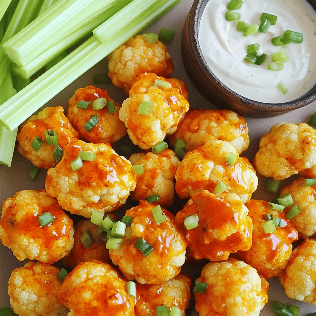 To make Buffalo Cauliflower Bites, you need a few main ingredients: - 1 large head of cauliflower, cut into bite-sized florets - 1 cup all-purpose flour (or gluten-free flour) - 1 cup buffalo sauce (choose your favorite brand) These key ingredients create the perfect base for a tasty snack or appetizer. The cauliflower brings a satisfying crunch, while the buffalo sauce adds that spicy kick we all love. To enhance the flavor, you should include these seasonings: - 1 teaspoon garlic powder - 1 teaspoon onion powder - 1 teaspoon smoked paprika - 1/2 teaspoon salt - 1/4 teaspoon black pepper These seasonings make every bite burst with flavor. Garlic powder and onion powder give a nice savory touch. Smoked paprika adds depth, while salt and pepper bring everything together. When it comes to serving your Buffalo Cauliflower Bites, think fun and fresh! Here are some great ideas: - Serve with fresh celery sticks - Pair with dipping sauces like ranch or blue cheese The crunchy celery adds a refreshing contrast to the spicy bites. And who doesn’t love a good dip? Ranch dressing or blue cheese sauce can cool down the heat and make your bites even more enjoyable. For the full recipe, check out the [Full Recipe]. Start by preheating your oven to 450°F (230°C). This high heat helps the cauliflower get crispy. Next, line a baking sheet with parchment paper. This step prevents the bites from sticking. In a large bowl, combine the flour, water, garlic powder, onion powder, smoked paprika, salt, and black pepper. Whisk until smooth. You want a lump-free batter to coat the florets well. Now, take each cauliflower floret and dip it into the batter. Make sure each piece is fully coated. Once coated, place the florets on the baking sheet in a single layer. This allows for even cooking. Bake the cauliflower for 20 minutes. Flip the florets halfway through the baking time. This flipping ensures they turn golden brown and crispy on all sides. While the cauliflower bakes, prepare the buffalo sauce. In a separate bowl, mix the buffalo sauce with olive oil. Stir well to achieve a smooth mixture. After 20 minutes, remove the cauliflower from the oven. Toss it in the buffalo sauce mixture. Ensure each floret is well-coated. Return the cauliflower to the oven and bake for an additional 10-15 minutes. This final bake helps the sauce bubble and caramelize, enhancing the flavor. After baking, let the cauliflower cool slightly before serving. This waiting time helps improve the texture. To get crispy cauliflower bites, use a hot oven. Preheat it to 450°F (230°C). This high heat helps the batter crisp up quickly. You want each floret to be coated evenly. Make sure not to crowd the baking sheet. This gives air a chance to flow around each piece. Flipping the cauliflower during baking is key. Flip them halfway through the cooking time. This step ensures every side gets golden brown. Without this flip, one side may become soggy. So, be sure to check on them at the 10-minute mark! Want more flavor? You can add spices to the batter. Consider cayenne pepper for heat. You can also mix in chili powder for a smoky taste. If you like it extra spicy, increase the amount of buffalo sauce you use. Another way to boost flavor is by marinating the florets. Try soaking them in buttermilk or a mix of yogurt and spices. Let them sit for about 30 minutes. This extra step adds depth and makes the bites even tastier. When serving, think about creative ways to showcase your bites. Arrange them on a large platter. You can place fresh celery sticks around the edges. This adds color and crunch. For garnishing, sprinkle chopped green onions on top. They add a pop of color and fresh flavor. You can serve with ranch dressing in the middle for dipping. It makes for a fun and inviting table! {{image_4}} You can switch the buffalo sauce for barbecue sauce. This gives a sweet and smoky flavor. Just coat the cauliflower bites in the sauce after baking. You can also mix it with hot sauce for a spicy kick. For a vegan sauce, use hot sauce mixed with vegan butter. This keeps the heat while staying plant-based. Look for sauces that are labeled vegan, too. Add cheese or nutritional yeast to boost the flavor. Cheese gives a creamy taste while nutritional yeast adds a savory touch. Sprinkle them on before the final bake for the best results. You can also mix in different veggies like broccoli or carrots. This makes your dish colorful and adds more nutrients. Just cut them into small pieces to match the cauliflower. Air frying Buffalo cauliflower bites is a great option. It makes them crispier without using too much oil. Set your air fryer to 400°F and cook for about 15 minutes. Shake the basket halfway through for even cooking. Grilling is another fun way to cook cauliflower bites. Brush them with olive oil and place them on a hot grill. Grill for about 10 minutes, turning until they are tender and have nice grill marks. For the full recipe, check out the main section of this article. To keep your buffalo cauliflower bites fresh, store leftovers in the fridge. Use a shallow, airtight container to prevent moisture loss. The bites will stay good for about three to four days. Line the container with paper towels to absorb any extra moisture. This helps keep your bites crispy. When you want to enjoy leftover buffalo cauliflower bites, reheating is key. For the best results, use an oven. Preheat it to 350°F (175°C). Place the bites on a baking sheet and heat for about 10 minutes. This method keeps them crispy. If you use a microwave, they may become soft. You can freeze buffalo cauliflower bites for later. First, allow them to cool completely. Then, spread them out on a baking sheet in a single layer. Freeze for about an hour. Once they are solid, transfer them to a freezer bag. They will last for up to three months. To thaw, place them in the fridge overnight before reheating. This keeps the taste and texture intact. If you want to reheat from frozen, add a few extra minutes in the oven. For the full recipe, check [Full Recipe]. To make Buffalo Cauliflower Bites spicy, adjust the sauce. Start with a mild buffalo sauce. You can add cayenne pepper or hot sauce to boost the heat. Mix the sauce with olive oil before tossing the cauliflower. Taste it as you go. Remember, you can always add more spice, but it's hard to take it out! Yes, you can prepare these bites ahead of time. You can coat the cauliflower and store it in the fridge for a few hours. If you want to freeze them, do so before baking. Just make sure to wrap them well. When you’re ready, bake them straight from the freezer. This way, they will still be crispy and delicious. Buffalo Cauliflower Bites pair well with many sides. Fresh celery sticks are a classic choice. You can also serve them with carrot sticks for crunch. For drinks, try a cold beer or a refreshing lemonade. These options balance the heat and enhance your meal. Yes, they can be gluten-free! Use gluten-free flour instead of all-purpose flour. Many brands offer good options. Check the buffalo sauce for gluten-free labeling. Some sauces contain wheat, so read the ingredients carefully. This way, everyone can enjoy the bites. Buffalo Cauliflower Bites come from Buffalo, New York. The dish started as a way to make a vegetarian version of buffalo wings. Over time, it grew in popularity. Now, you can find it in many restaurants and homes. It’s loved for its flavor and crispy texture, making it a fun snack for all. Buffalo Cauliflower Bites are easy and fun to make. We covered every part, from ingredients to baking tips. You can customize flavors and add sides for a tasty meal. Remember to reheat them right for the best crunch. I hope this guide helps you enjoy your cooking experience and impress your friends. Now, grab those ingredients and get started! You’ll love what you create.