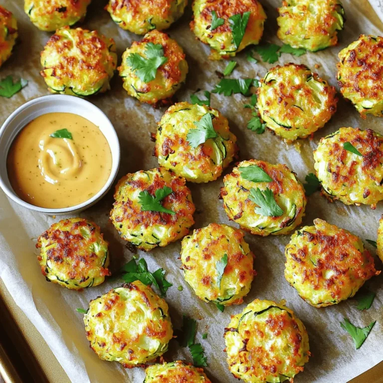 - 2 medium zucchinis, grated - 1 cup potato, peeled and grated - 1/2 cup shredded cheddar cheese - 1/4 cup grated parmesan cheese - 1/4 cup breadcrumbs (gluten-free if necessary) - 1 large egg, beaten - 1 teaspoon garlic powder - 1 teaspoon onion powder - 1/2 teaspoon salt - 1/4 teaspoon black pepper - Olive oil spray for baking When making baked zucchini tater tots, I focus on fresh, tasty ingredients. Zucchini and potato form the base. They bring moisture and flavor. Grated zucchini adds a nice texture. The potato helps bind everything together. The cheeses are key. I love the mix of cheddar and parmesan. Cheddar gives a sharp taste. Parmesan adds a nutty depth. Combining them makes for a rich flavor. The breadcrumbs help crisp the outside. You can choose gluten-free if you prefer. The beaten egg acts as a binder. It keeps the tots from falling apart. Seasoning is simple but vital. Garlic and onion powders add a savory touch. Salt and pepper enhance all the flavors. I always suggest using fresh ingredients for the best taste. This recipe is easy and fun. You can find the full recipe here. - Preheat oven to 400°F (200°C) and line a baking sheet with parchment paper. - Grate zucchinis and potato, then remove excess moisture with a towel. To start, I always preheat my oven. This helps the tater tots cook evenly. Lining the baking sheet with parchment paper keeps them from sticking. Next, I grate the zucchinis and potato using a box grater. Grating makes them easier to mix. After grating, I wrap them in a clean towel. I twist the towel to squeeze out extra moisture. This step is very important. Too much moisture will make the tots soggy. - Combine drained zucchini and potato with cheeses, breadcrumbs, egg, and spices. - Mix thoroughly for even distribution of ingredients. Now, I take a large mixing bowl. In this bowl, I add the drained zucchini and potato. Then I add shredded cheddar cheese, grated parmesan cheese, breadcrumbs, a beaten egg, garlic powder, onion powder, salt, and black pepper. I mix everything together well. This ensures that each bite has great flavor. - Shape the mixture into oval-shaped tots and place on the baking sheet. - Spray tops with olive oil before baking for crispiness. Using clean hands, I take a handful of the mixture. I shape it into small, oval-shaped tots. Each one should be about the size of a golf ball. I place them on the prepared baking sheet, giving them space. This helps them cook evenly. Before baking, I spray the tops with olive oil. This gives them a nice golden color and crispiness. Then, I bake them in the oven for 25-30 minutes. Halfway through, I flip the tots to make sure both sides crisp up. They should be golden brown when ready. For the full recipe, check out the earlier sections. To get crispy tater tots, moisture control is key. Zucchini and potato hold a lot of water. After grating them, squeeze out excess moisture using a clean towel or cheesecloth. This step ensures your tater tots turn out crunchy. Bake your tater tots at 400°F (200°C) for 25 to 30 minutes. Flip them halfway through for even cooking. This way, both sides get that nice golden color. For dips, I recommend ranch dressing or spicy aioli. These pair well with the flavor of zucchini. You can also add fresh herbs like parsley or chives as a garnish. They add color and freshness to your dish. For baking, a heavy-duty baking sheet works best. It helps distribute heat evenly, which is important for cooking. Use a box grater to grate your zucchini and potato quickly. A large mixing bowl is essential for combining all the ingredients well. You can find the full recipe for Baked Zucchini Tater Tots that includes all these tips. Enjoy your cooking! {{image_4}} You can spice up your baked zucchini tater tots easily. Adding spices like paprika or chili powder gives them a kick. You can also try different cheeses. Mozzarella or feta brings a nice twist to the flavor. These small changes can make a big impact on taste. If you want to change things up, you can swap out the zucchini. Cauliflower or sweet potatoes work great. They add a unique flavor and texture. You can also mix in chopped veggies like bell peppers or spinach. This not only boosts nutrition but also adds color. For those needing gluten-free options, choose gluten-free breadcrumbs. It’s an easy switch that keeps the recipe tasty. This dish can also fit vegetarian diets. You can cut back on carbs by mixing in fewer potatoes. These adaptations let everyone enjoy these tasty treats. For the full recipe, check out the link above. To keep your baked zucchini tater tots fresh, place them in a container. Make sure it is airtight. This helps to lock in moisture and flavor. If you have a lot, consider stacking them in layers. Use parchment paper between layers to avoid sticking. You can store them in the fridge for up to four days. For longer storage, freezing is a great option. To freeze, first let the tater tots cool completely. Then, lay them on a baking sheet in a single layer. Freeze for about one hour. Once frozen, transfer them to a freezer bag. Remove as much air as possible before sealing. This method keeps them from sticking together. When it comes to reheating, the oven is best for keeping them crispy. Preheat the oven to 375°F (190°C). Spread the tater tots on a baking sheet and bake for about 10-15 minutes. Check them often to avoid burning. If you’re in a rush, the microwave works too, but they may lose some crunch. Place the tater tots on a microwave-safe plate. Heat them for 1-2 minutes. If they seem soggy, you can finish them in the oven for a few minutes afterward. This helps restore some crispiness. In the fridge, your baked zucchini tater tots last for about four days. In the freezer, they will stay good for up to three months. Always check for signs of spoilage. If they smell off or look discolored, it's best to throw them away. Keeping track of storage dates helps you enjoy these snacks at their best. For the full recipe, refer back to the section above. Yes, you can make baked zucchini tater tots ahead of time. To do this, prepare the mixture as shown in the recipe. Once you shape the tots, you can store them in the fridge. Use an airtight container to keep them fresh. They should stay good for up to 24 hours. If you want to store them longer, freeze the shaped tots. Place them on a baking sheet in the freezer for about an hour. Then, transfer them to a freezer-safe bag. They can last up to three months. When ready to eat, bake them straight from the freezer. Just add a few extra minutes to the cooking time. To make baked zucchini tater tots vegan, replace the egg with a flax egg. To make a flax egg, mix one tablespoon of ground flaxseed with two and a half tablespoons of water. Let it sit for five minutes until it thickens. Also, swap out the cheese. You can use vegan cheese or nutritional yeast for flavor. Nutritional yeast adds a cheesy taste without dairy. This way, you keep the deliciousness while making it vegan-friendly. Baked zucchini tater tots pair well with many sides. You can serve them with dipping sauces like ranch or spicy aioli for extra flavor. A fresh salad adds a nice crunch and balance. Try a simple green salad with a light vinaigrette. You might also enjoy serving them with grilled veggies. They make a great side to burgers or sandwiches too. For a fun twist, use them in a wrap with your favorite fillings. Enjoy exploring different combinations! This blog post covered a tasty baked zucchini tater tots recipe. We looked at key ingredients, easy steps, and helpful tips to make your tots crispy. You can vary the flavors and adapt the dish for different diets. Don't forget best ways to store and reheat leftovers! Enjoy making these healthy tater tots and share them with friends. Every bite will make you proud! Keep experimenting to find your favorite version.