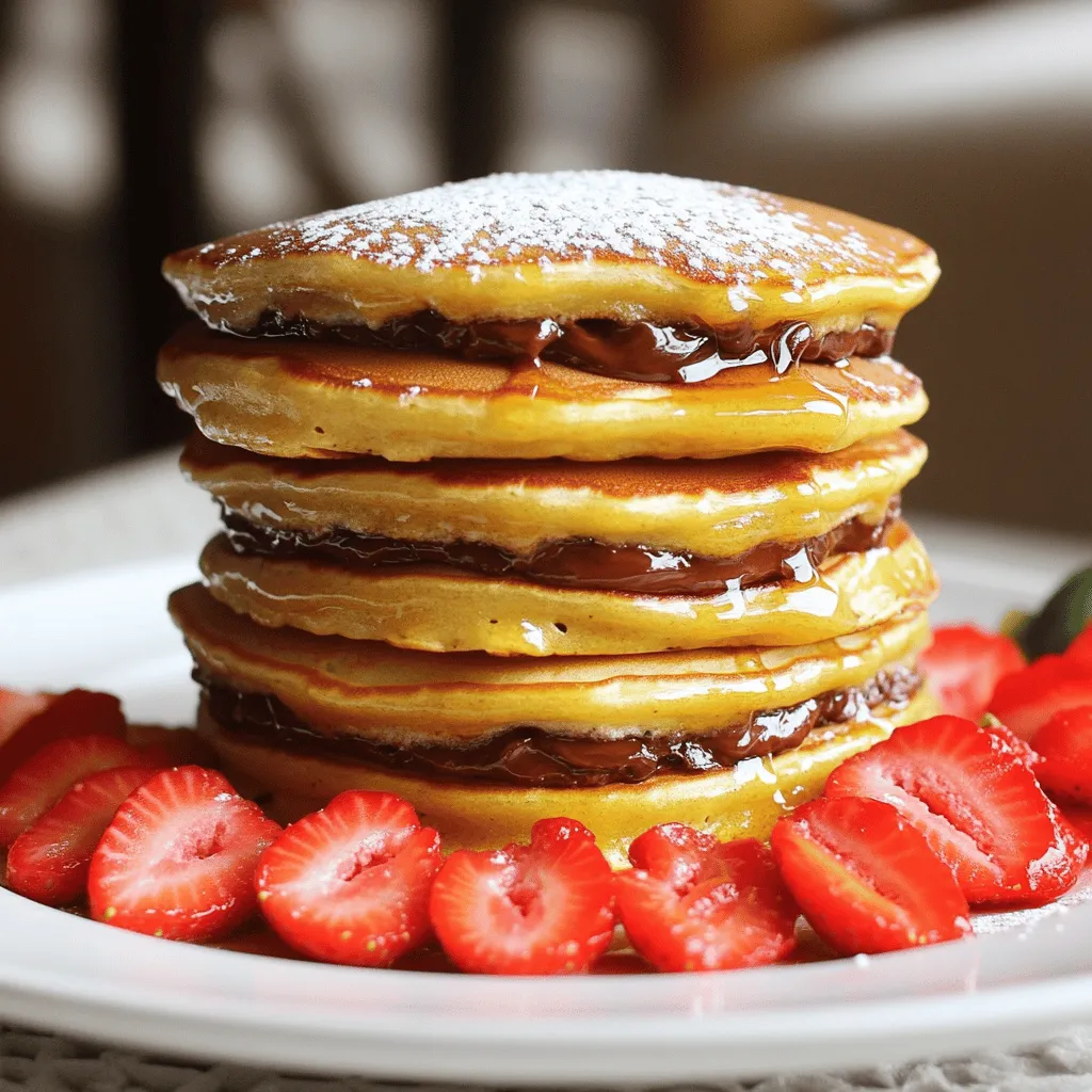 To make Nutella stuffed pancakes, you need some basic ingredients. Here’s what you will need: - 1 cup all-purpose flour - 2 tablespoons granulated sugar - 1 tablespoon baking powder - 1/2 teaspoon fine sea salt - 1 cup whole milk - 1 large egg, lightly beaten - 2 tablespoons unsalted butter, melted - 1/2 cup Nutella (or any chocolate-hazelnut spread) - Butter or oil for greasing the skillet - Optional toppings: Powdered sugar and sliced strawberries These ingredients work well together to create fluffy pancakes. The all-purpose flour gives structure while the sugar adds sweetness. Baking powder helps the pancakes rise. Milk and egg keep the batter moist and rich. The melted butter adds flavor and moisture, making each bite delicious. Nutella is the star here, providing a creamy, chocolatey center. You can use any chocolate-hazelnut spread if Nutella isn’t available. The optional toppings like powdered sugar and strawberries add a fresh touch, making your pancakes even more delightful. For the full recipe, follow the steps to ensure you create the best Nutella stuffed pancakes ever. 1. Whisking dry ingredients: In a large bowl, combine the all-purpose flour, granulated sugar, baking powder, and fine sea salt. Mix these dry ingredients well to ensure even flavor. 2. Mixing wet ingredients: In a separate bowl, whisk together the whole milk, lightly beaten egg, and melted butter. Make sure this mixture is smooth and combined. 3. Combining the mixtures: Gradually pour the wet ingredients into the bowl of dry ingredients. Use a spatula to mix gently. Stop mixing once you see a few small lumps. This keeps the pancakes fluffy. 1. Heating the skillet: Preheat a non-stick skillet over medium heat. Lightly grease it with a bit of butter or oil to prevent sticking. 2. Pouring the batter and adding Nutella: For each pancake, pour about 1/4 cup of batter onto the skillet. Watch for bubbles on the surface, which takes about 2-3 minutes. When you see them, spoon 1 teaspoon of Nutella into the center. 3. Flipping and cooking the pancakes: Carefully cover the Nutella with another 1/4 cup of batter. Cook for another 2-3 minutes until the bottom is golden brown. Flip the pancake and cook for an additional 2-3 minutes until it is fully cooked. 1. Serving suggestions: Serve the pancakes warm. You can dust them with powdered sugar and top with fresh strawberries for a bright touch. 2. Presentation tips: Stack the pancakes nicely on a plate. Drizzle more Nutella on top, sprinkle with powdered sugar, and add sliced strawberries. This makes your dish look as good as it tastes. For the complete recipe, check the [Full Recipe]. Enjoy making these delightful Nutella stuffed pancakes! To make fluffy pancakes, mixing is key. When you combine your wet and dry ingredients, stir just until they blend. This means stop mixing when you see a few lumps. Overmixing can lead to tough pancakes, and we want them light! The cooking temperature matters too. Keep your skillet at medium heat. Too hot, and the outside burns before the inside cooks. Too cool, and they won’t rise well. You can test the heat by dropping a bit of batter on the skillet. If it sizzles, you’re good to go! Stuffing pancakes with Nutella is fun, but it takes care. After pouring half your batter, place a teaspoon of Nutella in the center. Then, cover it completely with more batter. This seal is crucial to prevent leaks while cooking. If you want a change, you can try other spreads like almond butter or cookie butter. These options give a unique twist to your pancakes, making them even more exciting. The full recipe will show you how to achieve this tasty treat! {{image_4}} You can easily make your Nutella stuffed pancakes more exciting. Here are two simple ways: - Adding vanilla extract: A splash of vanilla can add warmth and depth. Just mix in a teaspoon with the wet ingredients. It gives a nice flavor boost, making each bite more delicious. - Incorporating chocolate chips: For chocolate lovers, add mini chocolate chips to the batter. Sprinkle them in before cooking. This adds extra gooeyness and sweetness. It pairs perfectly with Nutella. Making Nutella stuffed pancakes to fit different diets is also easy. Here’s how: - Making it gluten-free: Swap all-purpose flour for gluten-free flour. Many brands offer great blends. This way, you can enjoy the same fluffy texture without gluten. - Vegan-friendly versions: Replace the egg with a flaxseed egg. Mix one tablespoon of ground flaxseed with three tablespoons of water. Let it sit until it thickens. Use almond milk or any plant-based milk instead of whole milk. For the butter, use coconut oil or vegan butter. These swaps keep it tasty and plant-based. For more details on preparing these pancakes, check the Full Recipe. Enjoy experimenting with flavors and dietary needs! After enjoying your Nutella stuffed pancakes, you might have some left. To store them, let the pancakes cool completely. Place them in a single layer on a plate. Cover them with plastic wrap or foil. You can keep them in the fridge for up to three days. If you want to store them longer, freezing is a great option. - Freezing Instructions: Stack the pancakes with parchment paper between each layer. This helps prevent sticking. Place the stack in a freezer-safe bag or container. They can last for up to two months in the freezer. When it's time to enjoy your leftovers, you have options for reheating. You can use a microwave or a skillet. - Microwaving: Place a pancake on a microwave-safe plate. Heat for about 20-30 seconds. Check if it's warm enough. If not, heat for another 10 seconds. - Skillet Reheating: Heat a non-stick skillet on low. Add a little butter or oil to the pan. Place the pancakes in the skillet and cover with a lid. Heat for about 2-3 minutes on each side. This method keeps them fluffy and delicious. You can find the Full Recipe for these delightful pancakes to make more any time! You can swap some ingredients for healthier options. Use whole wheat flour instead of all-purpose flour. You can also reduce sugar by half. Try almond milk instead of whole milk. For a lighter filling, use a nut butter. For portion control, use a smaller amount of batter per pancake. You can make mini pancakes instead of large ones. This way, you can enjoy more without overdoing it. Yes, you can prepare the batter ahead of time. Store it in a sealed container in the fridge for up to 24 hours. Just be sure to stir it again before you cook. If the batter thickens, add a little milk to loosen it up. Check for bubbles forming on the surface of the pancake. Once the bubbles pop, it’s time to flip. The bottom should be golden brown. After flipping, cook the other side until it’s golden and set. To ensure doneness, you can use a toothpick. If it comes out clean, your pancake is done! For the full recipe, check out the Nutella Stuffed Pancakes Delight section. Enjoy your cooking! You now have a clear guide to make delicious Nutella stuffed pancakes. We covered essential ingredients, helpful tips, and variations to suit your needs. You learned how to achieve fluffiness and how to store and reheat leftovers. Enjoy experimenting with flavors or healthier options. These pancakes can fit any diet and delight any palate. Get ready to impress your family and friends with your new cooking skills! Enjoy every bite you take.