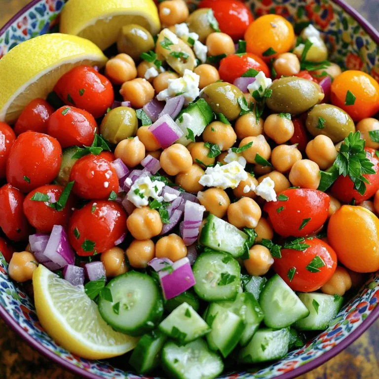 To make a refreshing Mediterranean chickpea salad, you need these simple ingredients: - 2 cans (15 oz each) chickpeas, thoroughly drained and rinsed - 1 cup cherry tomatoes, halved - 1 medium cucumber, peeled and diced - 1 large red bell pepper, diced - 1 small red onion, finely chopped - 1/2 cup Kalamata olives, pitted and halved - 1/2 cup feta cheese, crumbled - 1/4 cup fresh parsley, finely chopped - 3 tablespoons extra virgin olive oil - 2 tablespoons freshly squeezed lemon juice - 1 teaspoon dried oregano - Salt and black pepper, to taste These ingredients bring the Mediterranean to your kitchen. The chickpeas add protein and fiber. Tomatoes and cucumbers give a fresh crunch. The red onion and bell pepper add sweetness and color. Kalamata olives provide a briny touch, while feta cheese adds creaminess. Fresh parsley brightens the dish with flavor. Gathering these ingredients is easy. You can find them at any grocery store. Make sure to rinse the chickpeas well. This step helps remove excess salt and improves texture. If you want to explore more, check out the Full Recipe! - Step 1: Combine the chickpeas, tomatoes, cucumbers, peppers, onions, and olives in a bowl. Start by grabbing a large mixing bowl. Add the drained chickpeas first. Next, toss in halved cherry tomatoes. Then, add diced cucumber, red bell pepper, finely chopped red onion, and halved Kalamata olives. Mix everything gently. - Step 2: Make the dressing and emulsify ingredients. In a small bowl, whisk together the olive oil, lemon juice, dried oregano, salt, and black pepper. Mix until the dressing looks smooth and well combined. This step is key for great flavor. - Step 3: Toss the salad and incorporate feta and parsley. Pour the dressing over the chickpea mixture. Gently toss the salad to ensure every piece is coated. Now, fold in crumbled feta cheese and chopped parsley. Be careful not to crumble the feta too much. - Step 4: Season to taste and allow flavors to meld. Taste your salad and adjust the seasoning as needed. You might want more salt, pepper, or lemon juice. Once seasoned, cover the bowl and refrigerate it for at least 30 minutes. This wait helps all the flavors mix beautifully. For the full recipe, refer to the earlier section. Enjoy making your Mediterranean Chickpea Salad! - How to properly rinse chickpeas for texture Rinse the chickpeas under cold water. This step helps remove excess salt and improves texture. I like to use a fine mesh strainer to ensure none escape. - Tips for dicing vegetables evenly Use a sharp knife for clean cuts. Cut vegetables into similar sizes for even cooking and a nice look. For the cucumber, I peel it first to enhance taste and texture. - Keeping feta intact during mixing Add feta at the end of mixing. This way, it stays in larger chunks and adds great texture to your salad. Gently fold it in with a spatula to keep it whole. - Recommended herbs and spices to try Fresh herbs like basil or mint can elevate the taste. Add a pinch of cumin for a warm flavor. Experiment with your favorites to make it your own! - Suggestions for extra toppings Consider adding avocado for creaminess or sunflower seeds for crunch. You can also try roasted red peppers for a smoky flavor. These toppings give your salad extra flair. - Alternatives to feta for dietary preferences If you need a dairy-free option, try using avocado or a nut-based cheese. Tofu can also work, giving you a nice protein boost without dairy. For the full recipe, check out the Mediterranean Chickpea Salad Delight 🥗. {{image_4}} You can play with the base of this salad. Try using quinoa or bulgur instead of chickpeas. This swap adds a nice texture and extra nutrients. If you want a different cheese, goat cheese is a great option. It brings a tangy taste that pairs well with the other flavors. For those with allergies, you can use dairy-free cheese instead of feta. This way, everyone can enjoy the salad. You can make this salad your own by adding regional flavors. For example, try adding roasted red peppers or artichokes for a Mediterranean twist. You could also add ingredients from your culture, like avocado or black beans. Seasonal veggies are great too! In summer, use fresh corn or zucchini for a crunchy bite. In winter, try roasted sweet potatoes for a warm touch. These additions keep the salad fresh and exciting. To keep your Mediterranean chickpea salad fresh, store it in the fridge. Use an airtight container to keep the flavors bright. A glass container works best, as it does not absorb odors. Make sure to seal it well to avoid any air exposure. You can keep leftovers in the fridge for up to three days. After that, the salad may lose its crunch. Watch for signs of spoilage, like off smells or a change in color. If you see any mold, throw it away. Always trust your senses when it comes to food safety. It takes about 15 minutes to prep this salad. You also need 30 minutes to chill it. So, expect a total time of 45 minutes. Yes, you can easily make this salad vegan. Just skip the feta cheese. You can use a vegan cheese or leave it out entirely. The salad will still taste great! Absolutely! You can make this salad a day in advance. Just store it in the fridge. This lets the flavors blend well, making it even tastier. This salad pairs well with many dishes. You can serve it with grilled chicken, fish, or pita bread. It also works great as a side dish at barbecues or picnics. For the full recipe, check the earlier section. This blog post covered how to make a delicious Mediterranean Chickpea Salad. You learned about the ingredients needed and how to mix them for great flavor. I shared best practices and tips for preparation, along with variations for customizing your salad. Finally, we discussed storage methods to keep your salad fresh longer. Embrace this healthy dish as a fun way to add nutrition to your meals. Enjoy the bright flavors and make it your own with personal twists!