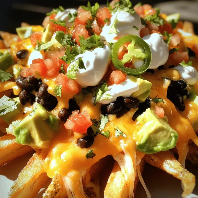 - 1 pound frozen French fries (or homemade fries) - 1 cup shredded cheddar cheese - 1 cup shredded Monterey Jack cheese - 1 can (15 oz) black beans, rinsed and drained - 1 cup pico de gallo (store-bought or homemade) - 1 ripe avocado, diced - 1/2 cup sour cream - 1 jalapeño, sliced (optional) - 1 teaspoon taco seasoning - Fresh cilantro, chopped (for garnish) - Salt and pepper to taste To create the best loaded nacho fries, gather these fresh and tasty ingredients. First, we need frozen French fries or you can make your own from scratch. For the cheese, I love using both cheddar and Monterey Jack for a perfect melt. You’ll also want black beans for protein, pico de gallo for zest, and ripe avocado for creaminess. Don’t forget the sour cream and optional jalapeño for extra flavor. Taco seasoning brings it all together. Fresh cilantro adds a nice touch at the end. This mix of textures and flavors will wow your guests. If you're ready to dive in, check the Full Recipe for detailed steps! - Cook frozen French fries as per package instructions. - For crispy fries, use a hot oven. Toss with oil and season well. - Spread them on a baking sheet in a single layer. - Bake until golden brown and crisp, around 25-30 minutes, flipping halfway. - Preheat your oven to 375°F (190°C) while fries cook. - Once fries are ready, place them in a large oven-safe dish. - Spread rinsed black beans evenly over the fries. - Combine shredded cheddar and Monterey Jack cheese in a bowl. - Sprinkle the cheese mix generously over the fries and beans. - Slide the loaded fries into your preheated oven. - Bake for about 5-7 minutes until cheese is bubbly. - Keep an eye on them to avoid overcooking. - Timing is key for that perfect cheese melt. Enjoy these loaded nacho fries straight from the oven! For the complete recipe, check out the Full Recipe. To get crispy fries, cook them at a high temperature. This helps remove moisture. If you use frozen fries, follow the package instructions for best results. For homemade fries, cut potatoes into thin sticks. Toss them in olive oil and season with salt and pepper. Spread them out on a baking sheet. Bake at 425°F (220°C) for 25-30 minutes. Flip them halfway through to ensure they crisp up evenly. To avoid soggy fries, let them cool for a few minutes before adding toppings. You can add more flavor with toppings. Consider using sliced olives or jalapeños for a spicy kick. Both add great taste and texture. For a fresh twist, make homemade pico de gallo. Use diced tomatoes, onions, cilantro, lime juice, and a pinch of salt. This bright mix complements the rich flavors of the cheese and fries. Serve your loaded nacho fries right from the oven. Piping hot fries keep the cheese melty and delicious. For the best meal, pair them with a cold drink like soda or beer. You can also add sides like guacamole or a fresh salad. These options balance the richness of the fries. Enjoy your gathering, and watch your guests smile as they dig in! {{image_4}} You can switch up your cheese mix for loaded nacho fries to create new flavors. Try using pepper jack for a spicy kick. Gouda is another great choice for a smooth and creamy melt. You can also mix in some queso blanco for a fun twist. Each cheese adds a unique taste and texture. If you want to make your nacho fries vegetarian or vegan, you'll find plenty of options. Use plant-based cheese to keep it dairy-free. You can add toppings like roasted veggies, corn, or even lentils for added protein. Swap sour cream for avocado or a cashew cream for a creamy touch. This way, you still enjoy great flavor without the animal products. Consider adding regional flavors to your nacho fries for a unique twist. For a BBQ flair, drizzle some BBQ sauce over the cheese before baking. If you love Tex-Mex, add some chorizo or spicy seasoning to the beans. You can even top them with salsa verde for a fresh, tangy finish. These variations let you explore different tastes while enjoying your loaded fries. For more details, check out the Full Recipe to get started on your loaded nacho fries journey. To keep loaded nacho fries fresh, let them cool. Place them in an airtight container. You can store them in the fridge for up to three days. This helps keep the flavors intact while preventing sogginess. If you have toppings like avocado and sour cream, store those separately. This keeps everything fresh and tasty. When reheating, I recommend using the oven. Preheat it to 350°F (175°C). Spread the fries on a baking sheet. Bake for 10-15 minutes. This method keeps the fries crispy. You can also use an air fryer for even quicker results. Set it to 350°F and heat for about 5-7 minutes. This way, you get that fresh-out-of-the-oven taste. You can freeze loaded nacho fries either before or after baking. If freezing before baking, prepare the fries and toppings, then spread them on a baking sheet. Freeze them for about 1-2 hours until firm. After that, transfer them to a freezer bag. If freezing after baking, let them cool completely, then store them in an airtight bag. They can last up to three months in the freezer. Remember to label the bags with dates for easy tracking. Making loaded nacho fries takes about 30 minutes. You need 10 minutes to prep and 20 minutes to cook. First, cook the fries, then layer the toppings, and bake everything. This quick timeline helps you serve tasty nacho fries fast. Yes, you can use fresh potatoes. Slice them into thin sticks or wedges. Toss them with olive oil, salt, and pepper. Bake them at 425°F for 25-30 minutes. Homemade fries can taste better and add a personal touch. You can use plain Greek yogurt as a sour cream substitute. It has a similar taste and is lower in fat. You can also try cashew cream for a dairy-free option. These alternatives keep your nacho fries creamy and tasty. Yes, you can prepare some parts ahead. Cook the fries and let them cool. You can also mix the beans and cheese in advance. Just layer and bake when you are ready to serve. This tip saves time and stress. You can find the Full Recipe for loaded nacho fries linked here. Just click the link to get all the details, including the ingredients and steps to make this tasty dish. Loaded nacho fries are a fun dish with crispy fries, melty cheese, and tasty toppings. We explored key ingredients, step-by-step cooking tips, and delicious variations. From cooking techniques to flavor ideas, this guide helps you create a crowd-pleaser. Remember, these fries can be made your way, with easy storage and reheating options. Enjoy this meal with your favorite drinks or sides. Dive into your creativity and make loaded nacho fries a family favorite.