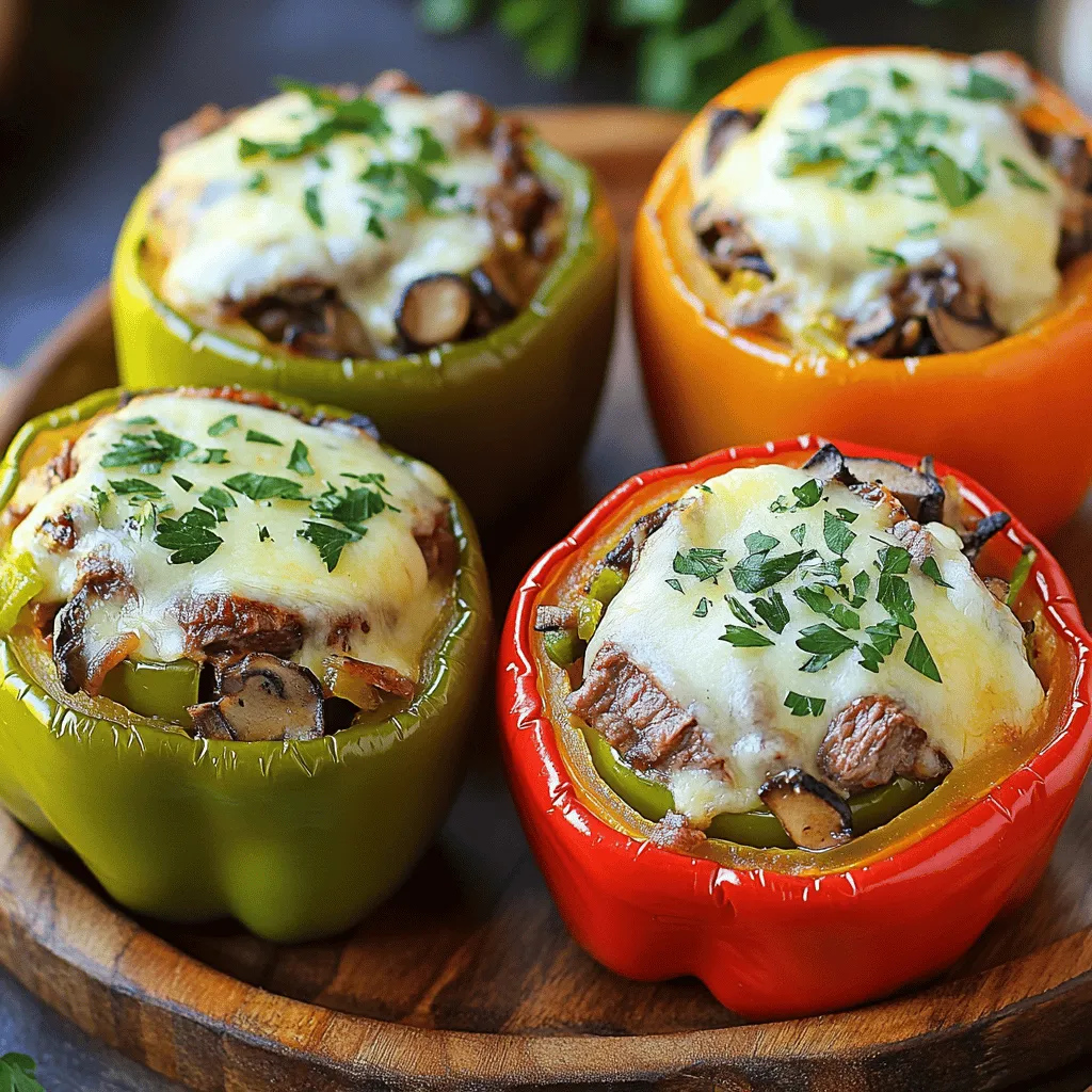 - 4 large bell peppers (any color of your choice) - 1 lb ribeye steak, thinly sliced against the grain - 1 medium onion, thinly sliced - 1 green bell pepper, thinly sliced - 1 cup mushrooms, thinly sliced - 2 cloves garlic, minced - 1 teaspoon olive oil - 1 teaspoon Worcestershire sauce - Salt and black pepper, to taste - 1 cup provolone cheese, shredded (or a mix of your favorite cheeses) - 2 tablespoons fresh parsley, finely chopped (for garnish) You need these ingredients to make the Philly cheesesteak stuffed peppers. Each item plays a key role in the dish. The bell peppers give a sweet crunch. The ribeye steak adds rich flavor and texture. Onions and mushrooms bring extra depth to the filling. Garlic enhances the taste, while olive oil helps cook the veggies just right. Worcestershire sauce adds a savory touch. For cheese lovers, provolone melts beautifully over the top. Fresh parsley makes it look pretty and adds a fresh taste. This mix of items creates a tasty meal that’s fun to eat. You can find all these ingredients at your local store. If you want the full recipe, check it out [Full Recipe]. - Preheat the oven to 375°F (190°C). - Slice off the tops and remove seeds from the peppers. First, I preheat the oven. This ensures the peppers cook evenly. Next, I prepare the bell peppers. I carefully slice off the tops. I set the tops aside in case I want to use them later. After that, I remove the seeds and membranes. This step helps keep the filling inside. - Sauté onions, green bell pepper, and mushrooms. - Add garlic and ribeye steak, season with salt, pepper, and Worcestershire sauce. Now, I move on to cooking the filling. I heat olive oil in a large skillet over medium-high heat. I add sliced onions, green bell pepper, and mushrooms. I sauté them for about five minutes until tender. They should start to caramelize. Then, I stir in minced garlic. I cook this for one more minute until fragrant. Next, I add the ribeye steak, thinly sliced against the grain. I season it with salt, black pepper, and Worcestershire sauce. I cook this mixture until the steak is browned, about five to seven minutes. - Stuff each pepper with the cooked mixture. - Top with provolone cheese and bake in the oven. With the filling ready, I start stuffing the peppers. I carefully pack each one with the cheesy steak mixture. I press down lightly to fill them well. After stuffing, I top each pepper with the remaining provolone cheese. This will melt beautifully during baking. I place the stuffed peppers in a baking dish, cover them loosely with foil, and bake them for twenty-five minutes. I then remove the foil and bake for another ten minutes. The cheese should be bubbling and golden brown when done. For the full recipe, check out the complete cooking guide. - Thinly slice the steak. This helps it cook evenly. - Use freshly grated cheese. It melts better than pre-shredded cheese. When you slice the steak thin, it cooks fast. You avoid chewy bites. Fresh cheese gives a creamy texture. It also adds flavor depth. - Cover the dish with foil at first. This stops the tops from burning. - Bake until the cheese is bubbly and golden. This shows it’s perfectly cooked. Using foil keeps the peppers moist. It helps the filling heat through. Once you remove the foil, the cheese gets that nice crust. - Serve on bright platters. This makes the dish pop. - Pair with side dishes like sweet potato fries or a salad. A colorful platter draws the eye. Fresh parsley adds a nice touch. Side dishes balance the meal and add variety. For the full recipe, check out the complete list and instructions. {{image_4}} You can change the proteins in the stuffed peppers. Try chicken or turkey for a lighter dish. Plant-based options like seitan or chickpeas work great too. For cheese, consider cheddar or mozzarella for a new taste. Blue cheese adds a bold kick if you like strong flavors. If you want a low-carb meal, use zucchini or mushrooms instead of peppers. They hold the filling well and taste great. For a vegan version, substitute tofu or tempeh for the steak. Season them well to ensure they shine in flavor. You can spice things up by adding hot sauce to your mixture. It gives a nice kick that blends well with the cheese. Feel free to add veggies like spinach or zucchini for extra nutrition. These additions make your dish colorful and more exciting. Explore the full recipe to create your own unique twist! After enjoying your Philly cheesesteak stuffed peppers, place any leftovers in an airtight container. This keeps them fresh. Store them in the fridge for up to three days. When you’re ready to eat, you will still have tasty peppers! If you want to save the stuffed peppers for later, freezing is a great option. First, let the peppers cool completely. Next, wrap each stuffed pepper tightly in plastic wrap. After wrapping, place them in a freezer bag or container. This helps prevent freezer burn. You can freeze them for up to three months. When you want to enjoy them again, just thaw in the fridge overnight. To reheat your stuffed peppers, you have a couple of options. For the best results, use the oven. Preheat the oven to 350°F (175°C). Place the peppers in an oven-safe dish, cover with foil, and heat for about 20 minutes. This keeps them moist and warms them evenly. If you’re in a hurry, you can use the microwave. Place a stuffed pepper on a microwave-safe plate. Cover it with a damp paper towel and heat for about 2-3 minutes. Check if it’s heated through. If not, give it another minute. Enjoy your flavorful dish once more! Yes, you can prepare these stuffed peppers ahead. Here’s how: - Prep the peppers: Clean and slice the tops off the bell peppers. Remove the seeds and membranes. - Make the filling: Cook the steak, veggies, and cheese according to the recipe. - Store: Let the filling cool. Then, stuff the peppers and place them in a baking dish. Cover with foil and store in the fridge for up to 24 hours. - Bake: When ready, just pop them in the oven. You may need to add 5-10 minutes to the baking time. These stuffed peppers are great on their own but pair well with sides: - Crispy sweet potato fries: The sweetness balances the savory flavors. - Fresh garden salad: A light salad adds freshness to the meal. - Garlic bread: Perfect for soaking up any leftover cheese. - Dipping sauces: Try ranch or a spicy aioli for extra flavor. You can easily make these stuffed peppers vegetarian. Here are some ideas: - Use mushrooms: Swap the ribeye for more mushrooms. They add great flavor and texture. - Add beans: Black beans or chickpeas can give protein and heartiness. - Try soy products: Use tofu or tempeh for a satisfying meat substitute. - Include more veggies: Add spinach, zucchini, or corn for extra nutrients and taste. For the full recipe, check out the details in the earlier sections. In summary, this blog post guides you through making delicious Philly Cheesesteak Stuffed Peppers. You learned about key ingredients and their nutritional value. I shared step-by-step instructions for preparation, cooking, and baking. Helpful tips made your cooking easier, while variations let you customize the dish. Lastly, storage and reheating tips ensure your leftovers stay tasty. Enjoy the fun of making this dish your own!