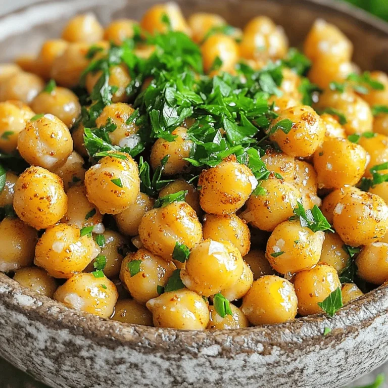 - 1 can (15 oz) chickpeas - 2 tablespoons extra virgin olive oil - 1 teaspoon smoked paprika - 1 teaspoon garlic powder - 1 teaspoon ground cumin - Sea salt and freshly ground black pepper - 1 tablespoon nutritional yeast - Fresh parsley for garnish Crispy chickpeas are a great snack. They are easy to make and pack great flavor. You only need a few ingredients. The main ingredient is chickpeas. I love using canned chickpeas because they are quick and ready to use. Next, you need olive oil. It helps make the chickpeas crispy and adds flavor. The spices bring the magic. Smoked paprika gives a nice smoky taste. Garlic powder adds a savory touch. Ground cumin gives a warm flavor that blends well. To finish, I like to add sea salt and black pepper. These simple seasonings make a big difference. If you want a cheesy flavor, add nutritional yeast. It’s optional but very tasty. Lastly, garnish with fresh parsley. It adds a pop of color and freshness. This simple ingredient list makes crispy chickpeas a fun and tasty treat. You can enjoy them on their own or add them to salads and bowls for extra crunch. - Preheat oven to 400°F (200°C). - Prepare the baking sheet by lining it with parchment paper. - Drain and rinse chickpeas in a colander. - Pat chickpeas dry with paper towels. This step is key to getting them crispy. - Coat chickpeas with two tablespoons of olive oil. Toss them to coat well. - In a bowl, mix smoked paprika, garlic powder, ground cumin, sea salt, and black pepper. - Sprinkle the seasoning over the oil-coated chickpeas. Toss again until evenly coated. - Spread the seasoned chickpeas in a single layer on the baking sheet. - Bake for 25-30 minutes. Halfway through, shake the pan for even crisping. - Once golden brown, take them out and let them cool slightly. - Garnish with fresh parsley before serving. These crispy chickpeas are ready to enjoy! For the full recipe, check the details provided earlier. To get crispy chickpeas, start by drying them well. After draining and rinsing your chickpeas, use paper towels to remove moisture. This step is key. The drier the chickpeas, the better they will crisp up. Next, select the right oil. I recommend extra virgin olive oil. It adds flavor and helps the spices stick. Other oils can work too, but olive oil is my favorite for taste. You can bake your chickpeas, but air frying is faster. An air fryer gives you that crunch in less time. Just toss them in your air fryer and set it to 400°F. In about 15-20 minutes, you’ll have a tasty snack. If you prefer a different texture, try pan-frying. Use a skillet with some oil on medium heat. Stir often until they turn golden brown. This method gives a nice crunch, but it requires more attention. Spices make a big difference in flavor. I love to mix smoked paprika, garlic powder, and cumin. You can also try cayenne for heat or Italian herbs for a twist. For a cheesy taste, add nutritional yeast. It gives a savory flavor that pairs well with the chickpeas. Sprinkle it on after they bake for an extra layer of taste. For more details on making crispy chickpeas, check out the Full Recipe. {{image_4}} You can change the taste of crispy chickpeas easily. For a spicy kick, use cayenne pepper. Just add a pinch or more to your spice mix. This gives a nice heat that many enjoy. If you want a herby flavor, try Italian seasoning. Mix it into the spice blend. The herbs add a fresh and lively taste to your chickpeas. Crispy chickpeas make a great salad topping. They add crunch and flavor. Just sprinkle them on your favorite salad for a tasty twist. You can also pair them with dips like hummus. Their crispy texture contrasts well with the smooth dip. It’s a fun and tasty way to enjoy them. You can add crispy chickpeas to grain bowls. They provide a tasty source of protein and crunch. Mix them with rice, quinoa, or farro for a satisfying meal. They also work well in roasted vegetable dishes. Just toss them in with your veggies. You’ll get a crunchy surprise in each bite. For the full recipe, check out the Crispy Chickpeas Delight. Enjoy your cooking! To keep your crispy chickpeas fresh, use an airtight container. Glass containers work great for this. You can also use plastic containers with secure lids. Make sure to let the chickpeas cool completely before sealing them. This helps prevent moisture build-up. For the best taste, enjoy your crispy chickpeas within three days. They will stay crispy and delicious during this time. After three days, they may become soft. If you need a longer shelf life, consider storing them in the fridge for up to a week. When reheating crispy chickpeas, the oven is your best friend. Preheat it to 350°F (175°C). Spread the chickpeas on a baking sheet in a single layer. Heat them for about 10 minutes. This method helps them stay crunchy. Avoid using the microwave. It can make your chickpeas soggy. If you have an air fryer, that's another great option. Just a few minutes in the air fryer can restore their crispiness. Enjoy your snack! You can use an air fryer to make crispy chickpeas without oil. An air fryer cooks by circulating hot air. This method keeps the chickpeas crispy and reduces fat. - Drain and rinse your chickpeas as usual. - Pat them dry with paper towels. - Season the chickpeas with spices you love. - Place them in the air fryer basket. - Cook at 400°F for about 15-20 minutes. - Shake the basket halfway through for even cooking. You can also roast chickpeas in the oven without oil. Just follow the same steps, but use parchment paper to keep them from sticking. You might need to bake them a bit longer for crispiness. Yes, you can use dried chickpeas! Dried chickpeas need more time to prepare, but they can taste better. - Start by soaking the dried chickpeas overnight. This softens them. - Drain and rinse the soaked chickpeas. - Boil them in water for about 1-2 hours until tender. - Once cooked, follow the same steps as with canned chickpeas for seasoning and baking. Using dried chickpeas can give a fresher taste to your crispy snack. Crispy chickpeas are a great snack for health! They are high in protein and fiber. - One serving has about 120 calories. - They contain iron, magnesium, and vitamin B6. Chickpeas can help with digestion and keep you full longer. They are also low in fat, making them a smart choice. Snacking on crispy chickpeas can be a healthy way to satisfy cravings. You can enjoy them guilt-free! Crispy chickpeas are easy and fun to make. We talked about key ingredients like chickpeas and spices. I showed you how to prep, season, and bake them for the best crunch. Plus, we explored tips for extra flavor and different cooking methods. Remember, you can store leftovers in an airtight container to keep them fresh. Enjoy adding crispy chickpeas to salads, bowls, or as a snack. With so many ways to enjoy them, I hope you feel inspired to cook this tasty treat!