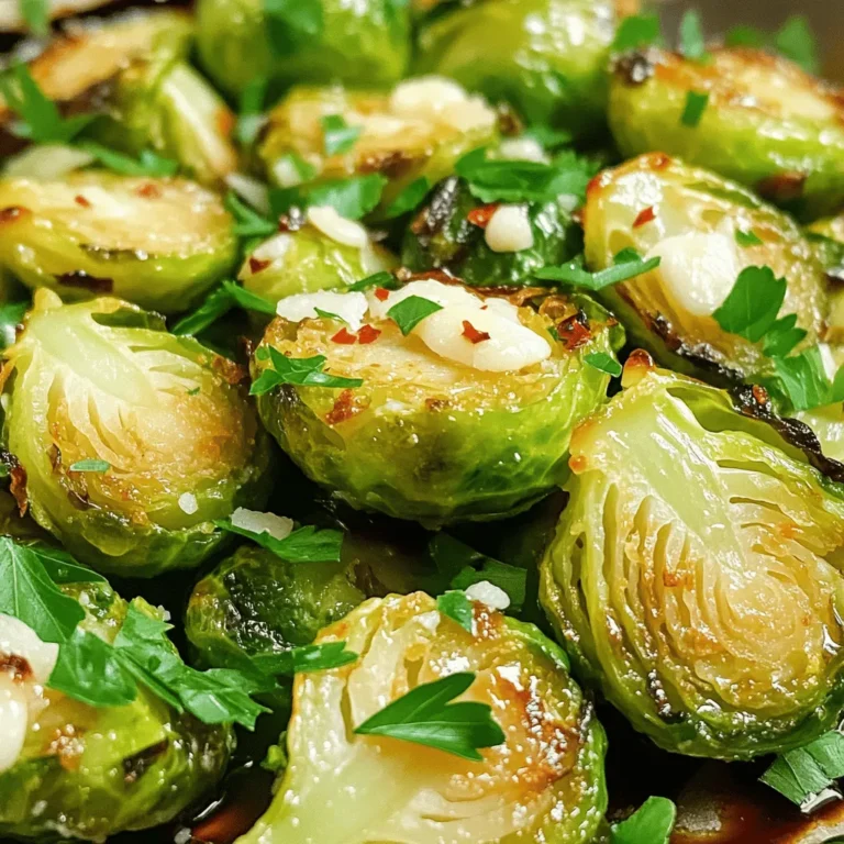 - 1 lb Brussels sprouts, trimmed and halved - 4 cloves garlic, finely minced - 3 tablespoons extra virgin olive oil - ½ cup freshly grated Parmesan cheese - ½ teaspoon red pepper flakes (optional for heat) - Sea salt and freshly cracked black pepper to taste - 2 tablespoons balsamic glaze for drizzling - Fresh parsley, roughly chopped for garnish - Converting tablespoons to milliliters: One tablespoon is about 15 milliliters. So, 3 tablespoons equal 45 milliliters. - Converting pounds to grams: One pound is about 454 grams. Thus, 1 lb of Brussels sprouts is roughly 454 grams. - Calories per serving: Each serving has around 200 calories. - Macronutrient breakdown: This dish contains about 10 grams of fat, 15 grams of carbs, and 5 grams of protein. Use the ingredients listed above to create a dish that is full of flavor. The garlic and Parmesan cheese add a rich taste, while the Brussels sprouts provide a nice crunch. The optional red pepper flakes give it a kick if you like heat. The balsamic glaze adds a sweet touch that balances the flavors perfectly. For the full recipe, you can follow the detailed steps provided earlier. Preheating your oven is key for perfect roasting. It helps the Brussels sprouts cook evenly. I recommend setting your oven to 425°F (220°C). This high heat brings out their natural sweetness and gives them a nice crisp. Start by trimming the ends of the Brussels sprouts. This helps remove any tough bits. Next, slice each sprout in half. This allows for better cooking and flavor absorption. In a large bowl, mix the trimmed sprouts with garlic, olive oil, and seasonings. Toss them well to coat every piece. Spread the Brussels sprouts on a large baking sheet. Make sure they are in a single layer. This way, they roast evenly and get crispy. Roast them for 20 minutes. Halfway through, stir them to ensure all sides brown well. After 20 minutes, sprinkle the Parmesan cheese over the sprouts. Return the baking sheet to the oven for another 5-10 minutes. You want the cheese to melt and turn golden brown. When done, drizzle some balsamic glaze on top and add chopped parsley for a fresh touch. For the full recipe, check the recipe section. To get the best crispiness, spacing matters. Place the Brussels sprouts on the baking sheet in a single layer. This helps them roast evenly. If they are too close, they will steam instead of crisp. Roasting time is key too. Start by roasting for 20 minutes at 425°F (220°C). Halfway through, stir them to ensure even cooking. This way, each sprout gets the right amount of heat. Want more flavor? Consider adding herbs like thyme or rosemary. These add depth and aroma. You can also sprinkle in some smoked paprika for a touch of warmth. If you want to switch things up, try different cheeses. Asiago or Pecorino Romano can give a unique twist. Each cheese brings its own flavor profile, which can enhance the dish. When it comes to serving, think about how to make it look nice. Arrange the roasted Brussels sprouts on a platter. Drizzle extra balsamic glaze on top for a shiny finish. For garnishing, fresh parsley adds a pop of color. You can also sprinkle a bit of extra Parmesan on top. This not only looks good but shows your attention to detail. {{image_4}} You can make Garlic Parmesan Roasted Brussels Sprouts even better by adding extra flavors. One great option is to incorporate bacon or prosciutto. The meat adds a savory crunch that pairs nicely with the sprouts. Just chop the bacon or prosciutto into small pieces and mix it in before roasting. Another fun idea is to add nuts for crunch. Walnuts or pecans work wonderfully here. They provide a nice texture and a hint of sweetness. Just chop them roughly and toss them in with the Brussels sprouts and seasonings before roasting. If you need vegan and dairy-free substitutes, you can swap the Parmesan cheese for nutritional yeast. This gives you a cheesy flavor without any animal products. For a creamier touch, try using cashew cream as a dairy-free alternative. For gluten-free options, this dish already fits the bill! Just ensure that any added ingredients, like bacon or sauces, are gluten-free. You can enjoy this meal without worrying about gluten. You can also cook these Brussels sprouts in an air fryer. Simply toss the sprouts with the seasonings and place them in the air fryer basket. Set the temperature to 375°F (190°C) and cook for about 15-20 minutes. This method gives you a crispy outer layer while keeping the inside tender. If you prefer stovetop cooking, you can sauté the Brussels sprouts. Heat olive oil in a large pan over medium heat, add your sprouts, and cook for about 10-15 minutes. Stir frequently to brown them evenly. You can still add the Parmesan at the end for that lovely cheesy finish. For the full recipe, check out Garlic Parmesan Roasted Brussels Sprouts. To store leftover Garlic Parmesan Roasted Brussels Sprouts, let them cool first. Place them in an airtight container. This helps keep them fresh. You can store them in the fridge for up to three days. When reheating, use the oven for the best taste. This keeps them crispy and delicious. If you want to freeze these sprouts, follow these steps: 1. Cool the sprouts completely. 2. Spread them out on a baking sheet. 3. Freeze them for about an hour. This prevents sticking together. 4. Once frozen, put them in a freezer bag. Squeeze out as much air as you can. For reheating, bake the frozen sprouts at 400°F (200°C) for 25 to 30 minutes. This keeps them tasty and crispy. Leftovers can last in the fridge for up to three days. In the freezer, they stay good for about three months. Signs of spoilage include an off smell or a mushy texture. If you notice these, it’s best to toss them. Enjoy your Garlic Parmesan Roasted Brussels Sprouts while they are fresh! For the full recipe, check out the link. Yes, you can prepare them ahead. First, roast the Brussels sprouts as per the recipe. Let them cool completely. Then, store them in an airtight container in the fridge. They will stay fresh for up to three days. When ready to serve, reheat them in the oven at 350°F (175°C) for about 10 minutes. This will help restore their crispiness. These Brussels sprouts pair well with many dishes. You can serve them alongside grilled chicken or fish. They also go great with steak or pork chops. For a vegetarian option, try them with quinoa or a hearty salad. They add a tasty, healthy touch to any meal. If you want to switch up the cheese, try Pecorino Romano or Grana Padano. Both have a salty and nutty flavor like Parmesan. For a creamier option, use mozzarella or fontina. Each cheese brings its own unique taste, so feel free to experiment. To add heat, include more red pepper flakes. You can also mix in some cayenne pepper or crushed chili peppers. For a different kick, try adding hot sauce to the olive oil. This will give your Brussels sprouts a nice spicy bite. Just adjust the amount to match your taste. For the full recipe, check out Garlic Parmesan Roasted Brussels Sprouts. In this post, we explored how to make delicious Garlic Parmesan Roasted Brussels Sprouts. You learned about key ingredients, step-by-step instructions, and how to achieve crispy results. We shared tips for flavor and dietary adjustments for everyone. With proper storage advice, these sprouts can remain fresh longer. Now, it’s time to get cooking! Enjoy making this tasty dish and impress your family and friends.