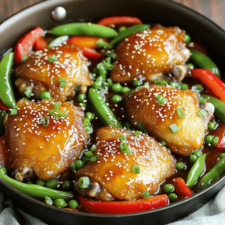 - Bone-in, skin-on chicken thighs: These thighs stay juicy and flavorful during cooking. The skin crisps up nicely, adding texture. - Honey: This adds a sweet touch that balances the savory notes. Honey helps the sauce stick to the chicken. - Garlic: Fresh garlic gives a strong, aromatic flavor that pairs well with the sweetness of honey. - Soy sauce: This adds umami and depth to the dish, enhancing the overall flavor. - Fresh ginger: Adding ginger gives a warm, spicy kick to the dish. It also helps with digestion. - Alternative vegetables: Try using broccoli, carrots, or zucchini. These can add different textures and flavors, making your dish more colorful and fun. 1. Preheat Your Oven: Start by preheating your oven to 400°F (200°C). This step is key because it ensures the chicken cooks evenly. A hot oven helps the skin get crispy and golden. 2. Mix the Sauce: In a small bowl, combine the honey, minced garlic, soy sauce, apple cider vinegar, and grated ginger. Whisk these ingredients until smooth. Set this honey garlic sauce aside for later. It will add great flavor to your chicken. 1. Sear the Chicken: Grab a large, oven-safe skillet and place it on the stove over medium-high heat. Add the olive oil and let it warm. Season both sides of the chicken thighs with salt and pepper. Carefully place the chicken in the skillet, skin-side down. Sear for about 5-7 minutes. Look for a nice golden brown color on the skin. 2. Add the Sauce: Flip the chicken thighs over so the skin is facing up. Pour the honey garlic mixture over the chicken. Make sure each piece gets a good coating of that tasty sauce. 1. Roast in the Oven: Carefully transfer the skillet to your preheated oven. Roast for about 25-30 minutes. Check that the chicken reaches an internal temperature of 165°F (75°C). The juices should run clear when it is done. 2. Rest and Prepare to Garnish: After cooking, remove the skillet from the oven. Let the chicken rest for about 5 minutes. This step ensures the chicken stays juicy and tender. 3. Final Touches: Just before serving, garnish the dish with chopped green onions and a sprinkle of sesame seeds. This adds a nice crunch and makes your dish look beautiful. Enjoy this simple and flavorful One Pan Honey Garlic Chicken! For the full recipe, check the complete guide above. To get crispy chicken skin, follow these steps: - Dry the Skin: Pat the chicken dry with paper towels. Moisture makes the skin soggy. - High Heat Sear: Sear the chicken skin-side down on medium-high heat. This helps it brown fast. - Don’t Crowd the Pan: Give the chicken space. Overcrowding lowers the pan's heat and prevents crisping. When adjusting flavors, find the right balance between sweet and savory. Honey brings sweetness, while soy sauce adds saltiness. - Taste as You Go: Before adding too much honey or soy sauce, taste the sauce. Adjust based on your preference. - Add Fresh Ingredients: Fresh ginger can enhance the flavor. A touch of acidity from vinegar brightens the dish. One Pan Honey Garlic Chicken pairs well with several sides: - Rice: Steamed white or brown rice absorbs the sauce nicely. - Salad: A fresh green salad adds crunch and color to your plate. - Roasted Vegetables: Extra roasted veggies can complement the meal and add nutrition. For presentation, consider these tips: - Use a Large Platter: Transfer the chicken and veggies to a big dish for a family-style feel. - Garnish: Scatter chopped green onions and sesame seeds on top. This makes the dish look vibrant and inviting. Explore the Full Recipe to make this dish shine at your next dinner! {{image_4}} You can swap bone-in chicken thighs for boneless chicken. Boneless thighs cook faster and stay juicy. You can also use chicken breasts if you prefer. Just make sure to monitor the cooking time. For vegetables, consider using broccoli or carrots. Both add great color and nutrients. You can even toss in zucchini or asparagus for a fresh taste. Feel free to mix and match based on what you have. Want a twist? Try adding spices like paprika or cayenne pepper. This adds warmth without overpowering the honey flavor. Fresh herbs like thyme or rosemary can also brighten up the dish. If you like things sweeter, add more honey. For a tangy kick, increase the apple cider vinegar. Adjust the sweetness to your liking to make it just right. After you finish your One Pan Honey Garlic Chicken, let it cool down. Cooling is key. You want to avoid steam, which can make your chicken soggy. Place the chicken in an air-tight container. This keeps it fresh and safe. If you don't have an air-tight container, use plastic wrap or aluminum foil. Make sure it is tightly sealed. Store it in the fridge for up to four days. When you reheat chicken, you want to keep it tasty. The best way is to use the oven. Preheat your oven to 350°F (175°C). Place the chicken on a baking tray. Cover it with foil to keep it moist. Heat for about 15-20 minutes. If you want to use a microwave, place the chicken in a microwave-safe dish. Add a splash of water to keep it juicy. Heat it for 1-2 minutes, checking every 30 seconds. Remember, you want to keep the chicken tender and flavorful. Can I make One Pan Honey Garlic Chicken ahead of time? Yes, you can make this dish ahead of time. Cook the chicken and veggies as usual. Allow them to cool, then store in the fridge. When ready to eat, simply reheat in the oven or microwave. The flavors will still be great! What do I do if my chicken isn't cooking evenly? If your chicken isn't cooking evenly, check your pan size. A pan that is too small can cause uneven cooking. Make sure the chicken pieces are not crowded. You can also rotate the pan halfway through cooking for even heat. How to fix sauce that is too thick or too thin If your sauce is too thick, add a splash of water or chicken broth. Stir well to combine. If it's too thin, let it simmer on low heat until it thickens. You can also mix in a cornstarch slurry to help achieve the right consistency. Substitutions if I run out of an ingredient If you run out of honey, maple syrup works well. For soy sauce, try tamari or coconut aminos. If you don't have snap peas, use green beans or broccoli. Be creative! To sum up, this guide covers all you need for perfect One Pan Honey Garlic Chicken. We explored key ingredients like chicken thighs, honey, garlic, and soy sauce for rich flavor. I shared step-by-step instructions, tips for crispy skin, and serving ideas. Don’t forget to experiment with variations and proper storage techniques. This dish is not only delicious but also easy to adapt to your taste. With these tips, you’ll impress everyone at your next meal. Enjoy making this simple yet satisfying recipe!