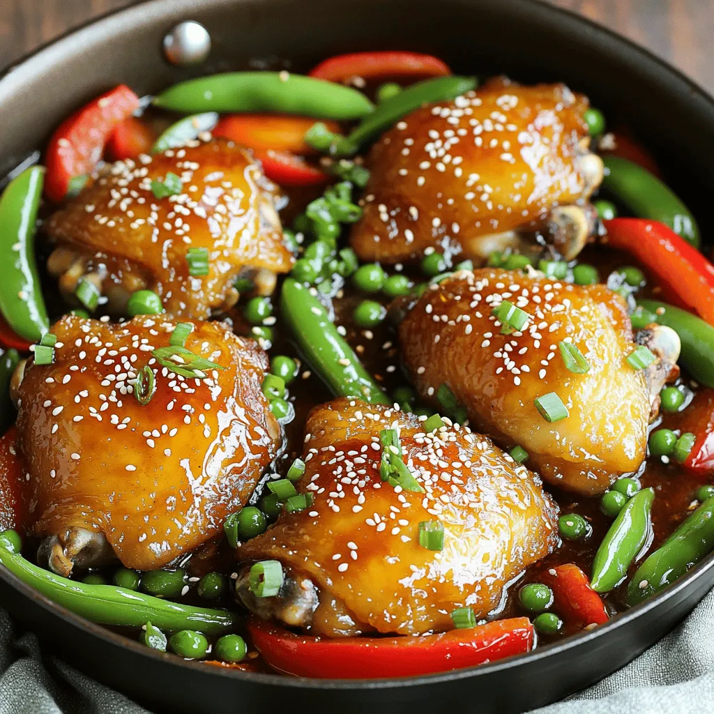- Bone-in, skin-on chicken thighs: These thighs stay juicy and flavorful during cooking. The skin crisps up nicely, adding texture. - Honey: This adds a sweet touch that balances the savory notes. Honey helps the sauce stick to the chicken. - Garlic: Fresh garlic gives a strong, aromatic flavor that pairs well with the sweetness of honey. - Soy sauce: This adds umami and depth to the dish, enhancing the overall flavor. - Fresh ginger: Adding ginger gives a warm, spicy kick to the dish. It also helps with digestion. - Alternative vegetables: Try using broccoli, carrots, or zucchini. These can add different textures and flavors, making your dish more colorful and fun. 1. Preheat Your Oven: Start by preheating your oven to 400°F (200°C). This step is key because it ensures the chicken cooks evenly. A hot oven helps the skin get crispy and golden. 2. Mix the Sauce: In a small bowl, combine the honey, minced garlic, soy sauce, apple cider vinegar, and grated ginger. Whisk these ingredients until smooth. Set this honey garlic sauce aside for later. It will add great flavor to your chicken. 1. Sear the Chicken: Grab a large, oven-safe skillet and place it on the stove over medium-high heat. Add the olive oil and let it warm. Season both sides of the chicken thighs with salt and pepper. Carefully place the chicken in the skillet, skin-side down. Sear for about 5-7 minutes. Look for a nice golden brown color on the skin. 2. Add the Sauce: Flip the chicken thighs over so the skin is facing up. Pour the honey garlic mixture over the chicken. Make sure each piece gets a good coating of that tasty sauce. 1. Roast in the Oven: Carefully transfer the skillet to your preheated oven. Roast for about 25-30 minutes. Check that the chicken reaches an internal temperature of 165°F (75°C). The juices should run clear when it is done. 2. Rest and Prepare to Garnish: After cooking, remove the skillet from the oven. Let the chicken rest for about 5 minutes. This step ensures the chicken stays juicy and tender. 3. Final Touches: Just before serving, garnish the dish with chopped green onions and a sprinkle of sesame seeds. This adds a nice crunch and makes your dish look beautiful. Enjoy this simple and flavorful One Pan Honey Garlic Chicken! For the full recipe, check the complete guide above. To get crispy chicken skin, follow these steps: - Dry the Skin: Pat the chicken dry with paper towels. Moisture makes the skin soggy. - High Heat Sear: Sear the chicken skin-side down on medium-high heat. This helps it brown fast. - Don’t Crowd the Pan: Give the chicken space. Overcrowding lowers the pan's heat and prevents crisping. When adjusting flavors, find the right balance between sweet and savory. Honey brings sweetness, while soy sauce adds saltiness. - Taste as You Go: Before adding too much honey or soy sauce, taste the sauce. Adjust based on your preference. - Add Fresh Ingredients: Fresh ginger can enhance the flavor. A touch of acidity from vinegar brightens the dish. One Pan Honey Garlic Chicken pairs well with several sides: - Rice: Steamed white or brown rice absorbs the sauce nicely. - Salad: A fresh green salad adds crunch and color to your plate. - Roasted Vegetables: Extra roasted veggies can complement the meal and add nutrition. For presentation, consider these tips: - Use a Large Platter: Transfer the chicken and veggies to a big dish for a family-style feel. - Garnish: Scatter chopped green onions and sesame seeds on top. This makes the dish look vibrant and inviting. Explore the Full Recipe to make this dish shine at your next dinner! {{image_4}} You can swap bone-in chicken thighs for boneless chicken. Boneless thighs cook faster and stay juicy. You can also use chicken breasts if you prefer. Just make sure to monitor the cooking time. For vegetables, consider using broccoli or carrots. Both add great color and nutrients. You can even toss in zucchini or asparagus for a fresh taste. Feel free to mix and match based on what you have. Want a twist? Try adding spices like paprika or cayenne pepper. This adds warmth without overpowering the honey flavor. Fresh herbs like thyme or rosemary can also brighten up the dish. If you like things sweeter, add more honey. For a tangy kick, increase the apple cider vinegar. Adjust the sweetness to your liking to make it just right. After you finish your One Pan Honey Garlic Chicken, let it cool down. Cooling is key. You want to avoid steam, which can make your chicken soggy. Place the chicken in an air-tight container. This keeps it fresh and safe. If you don't have an air-tight container, use plastic wrap or aluminum foil. Make sure it is tightly sealed. Store it in the fridge for up to four days. When you reheat chicken, you want to keep it tasty. The best way is to use the oven. Preheat your oven to 350°F (175°C). Place the chicken on a baking tray. Cover it with foil to keep it moist. Heat for about 15-20 minutes. If you want to use a microwave, place the chicken in a microwave-safe dish. Add a splash of water to keep it juicy. Heat it for 1-2 minutes, checking every 30 seconds. Remember, you want to keep the chicken tender and flavorful. Can I make One Pan Honey Garlic Chicken ahead of time? Yes, you can make this dish ahead of time. Cook the chicken and veggies as usual. Allow them to cool, then store in the fridge. When ready to eat, simply reheat in the oven or microwave. The flavors will still be great! What do I do if my chicken isn't cooking evenly? If your chicken isn't cooking evenly, check your pan size. A pan that is too small can cause uneven cooking. Make sure the chicken pieces are not crowded. You can also rotate the pan halfway through cooking for even heat. How to fix sauce that is too thick or too thin If your sauce is too thick, add a splash of water or chicken broth. Stir well to combine. If it's too thin, let it simmer on low heat until it thickens. You can also mix in a cornstarch slurry to help achieve the right consistency. Substitutions if I run out of an ingredient If you run out of honey, maple syrup works well. For soy sauce, try tamari or coconut aminos. If you don't have snap peas, use green beans or broccoli. Be creative! To sum up, this guide covers all you need for perfect One Pan Honey Garlic Chicken. We explored key ingredients like chicken thighs, honey, garlic, and soy sauce for rich flavor. I shared step-by-step instructions, tips for crispy skin, and serving ideas. Don’t forget to experiment with variations and proper storage techniques. This dish is not only delicious but also easy to adapt to your taste. With these tips, you’ll impress everyone at your next meal. Enjoy making this simple yet satisfying recipe!