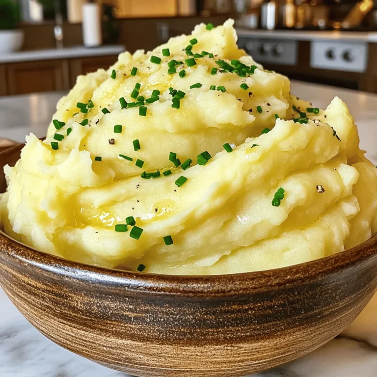 To make creamy garlic mashed potatoes, you'll need some simple and fresh ingredients. Here’s what you should gather: - 2 lbs Yukon Gold potatoes, peeled and quartered - 4 cloves fresh garlic, finely minced - 1/2 cup cream cheese, softened - 1/2 cup milk (dairy or plant-based) - 1/4 cup unsalted butter - Salt and black pepper, to taste - Fresh chives or parsley, for garnish These ingredients create a rich and flavorful dish that brings comfort to any meal. Yukon Gold potatoes work best due to their creamy texture and buttery flavor. The fresh garlic adds a nice kick, while the cream cheese and butter ensure each bite is smooth and rich. Feel free to customize the milk type to fit your dietary needs. You can use almond, oat, or soy milk if you prefer a plant-based option. The fresh herbs at the end give your dish a lovely pop of color and taste. For the full recipe, you can check the complete instructions for making this delightful dish. To start, fill a large pot with water. Add a generous amount of salt. Bring the water to a rolling boil. Once boiling, add the quartered Yukon Gold potatoes. Cook them for about 15-20 minutes. You want them to be tender and soft. You can check if they are ready by piercing them with a fork. They should fall apart easily. While your potatoes cook, grab a small saucepan. Melt the unsalted butter over medium heat. Once melted, add the finely minced garlic. Sauté it for 1-2 minutes. Stir often to keep the garlic from browning. You want it to be fragrant and soft. This step adds a rich flavor to your mashed potatoes. After cooking, drain the potatoes in a colander. Return them to the pot you used to cook them. Now, add the softened cream cheese and your choice of milk. Pour in the sautéed garlic and melted butter. Season with salt and freshly cracked black pepper. Use a potato masher or an electric hand mixer. Mash the potatoes until they are creamy. If they feel too thick, slowly add a bit more milk. Taste your mashed potatoes and adjust salt or pepper as needed. Finally, transfer them to a serving bowl. Garnish with fresh chives or parsley for a pop of color. For the complete recipe, check out the [Full Recipe]. To get the best texture, adjust the milk. Start with a half cup and add more if needed. For creaminess, I often use a potato masher. It gives a nice, rustic feel. If you want it smoother, an electric mixer works well too. Just be careful not to overmix; it can make the potatoes gummy. Salt and pepper are key. Start with a pinch of each. Taste as you go to find your balance. You can also try adding garlic powder for a bolder garlic taste. If you love herbs, fresh thyme or rosemary can add a nice twist. Serve these mashed potatoes in a lovely bowl. A slight swirl on top makes them look fancy. You can place a pat of butter in the center. It melts beautifully and looks great. For a pop of color, sprinkle fresh chives or parsley on top. A light dusting of paprika adds both color and warmth. Enjoy your creamy garlic mashed potatoes! For the full recipe, check out the detailed instructions above. {{image_4}} To make your creamy garlic mashed potatoes dairy-free, you can swap out the cream cheese and milk. Use a plant-based cream cheese, like cashew or almond-based options, for a rich texture. For milk, almond milk or oat milk works well. These choices keep your dish creamy without dairy. I recommend using unsweetened versions to avoid unwanted flavors. For butter, try a plant-based butter. Look for brands that mimic the taste of regular butter. This way, you maintain that rich, buttery flavor in your mashed potatoes without dairy. Want to amp up the flavor? Adding roasted garlic gives your dish a deeper taste. Roasting garlic mellows its sharpness and adds a sweet note. Simply wrap whole garlic cloves in foil and bake until soft. Then mash it into your potatoes for a new twist. You can also incorporate herbs or spices for extra depth. Fresh rosemary or thyme can add a lovely aroma. A pinch of smoked paprika can enhance the flavor profile, giving a subtle smoky touch. Experiment with what you love to find your perfect mix. For an exciting twist, mix in cheese varieties. Parmesan adds a nutty flavor that pairs perfectly with garlic. Grate it fresh for the best taste. You might also try crumbled feta for a tangy kick. Adding sautéed vegetables is another way to boost color and nutrition. Think about mixing in cooked spinach, roasted red peppers, or sautéed mushrooms. These add texture and vibrant colors to your dish. Plus, they make your garlic mashed potatoes even more delicious. For the full recipe, check out the complete guide to making these comforting mashed potatoes! To store leftover mashed potatoes, let them cool first. Place them in an airtight container. This keeps them fresh and prevents drying out. Use a glass or plastic container with a tight lid. Label the container with the date for easy tracking. Consume within three to five days for the best flavor. Reheat mashed potatoes on the stove for the best texture. Add a splash of milk while warming. Stir gently over low heat to keep them creamy. You can also use the microwave, but do it in short bursts. Check every 30 seconds to prevent drying out. After reheating, taste and adjust seasonings. You might need more salt or pepper. To freeze mashed potatoes, let them cool completely. Scoop them into freezer-safe bags. Squeeze out as much air as possible before sealing. Label the bags with the date. They can last up to three months in the freezer. To thaw, place them in the fridge overnight. Reheat gently, adding milk for creaminess. Yukon Gold potatoes are the best choice for creamy mashed potatoes. They have a smooth texture and a rich flavor. Other types, like Russets, can fall apart and become dry. Yukon Golds hold moisture well, making them perfect for mashing. Their golden hue also adds a nice color to your dish. Yes, you can prepare them in advance. Cook and mash the potatoes, then store them in the fridge. Use an airtight container to keep them fresh. Reheating is simple; add a splash of milk to restore creaminess. Heat them gently on the stove or in the microwave for best results. To enhance creaminess, consider adding more than just butter and milk. Try mixing in sour cream or yogurt for a tangy twist. Cream cheese is another great option for extra richness. You can also fold in some heavy cream for a truly luxurious texture. This blog post shared a simple recipe for creamy garlic mashed potatoes. We discussed the key ingredients, step-by-step cooking, and tips for texture and flavor. You learned about variations, dairy-free options, and how to store leftovers. Remember, you can adjust for your taste. Don't shy away from experimenting with flavors. With these guidelines, you can create a dish that's just right for you and your family. Enjoy making your creamy garlic mashed potatoes!