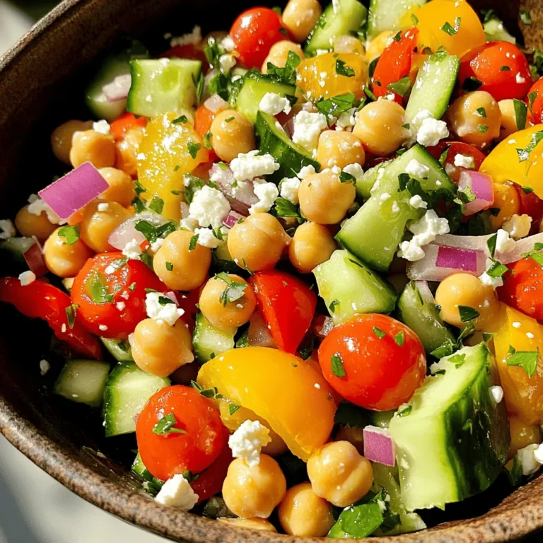 To make a tasty Chickpea Salad with Feta, you need these fresh ingredients: - 1 can (15 oz) chickpeas, thoroughly drained and rinsed - 1 cup cherry tomatoes, halved - 1 medium cucumber, diced into bite-sized pieces - 1/2 medium red onion, finely chopped - 1 bell pepper (any vibrant color), diced - 1/2 cup feta cheese, crumbled to add creaminess - 2 tablespoons fresh parsley, finely chopped - 3 tablespoons extra virgin olive oil for richness - 1 tablespoon freshly squeezed lemon juice for brightness - 1 teaspoon dried oregano for herbaceous flavor - Salt and freshly cracked pepper to taste For substitutions, you can use canned beans instead of chickpeas. You can also swap the cucumber for zucchini or the red onion for green onions. Fresh herbs like basil or cilantro can replace parsley, depending on your taste. Using quality feta cheese is key. It adds a creamy texture and salty flavor. Look for feta made from sheep’s milk or a mix of sheep and goat’s milk. This choice enhances the dish's overall taste and makes each bite delightful. For the full recipe, check out the detailed instructions provided. To start making your Chickpea Salad with Feta, gather all your ingredients. You will need chickpeas, cherry tomatoes, cucumber, red onion, and bell pepper. 1. Chickpeas: Drain and rinse one can of chickpeas. This removes excess salt and makes them fresh. 2. Cherry Tomatoes: Cut the cherry tomatoes in half. This helps release their sweet juices. 3. Cucumber: Dice the cucumber into bite-sized pieces. This adds crunch to your salad. 4. Red Onion: Finely chop the red onion. This gives a nice flavor kick. 5. Bell Pepper: Dice your colorful bell pepper. This adds both color and sweetness. Now, combine all these fresh ingredients in a large mixing bowl. Toss them gently to mix well. Next, add the crumbled feta cheese and chopped parsley on top. For the dressing, you will need a small bowl. Whisk together extra virgin olive oil, lemon juice, dried oregano, salt, and pepper. Mix until it blends well. Drizzle this dressing over the salad and use a large spoon to toss everything gently. Make sure all the ingredients get coated with the dressing. Let the salad chill in the fridge for about 10-15 minutes. This helps the flavors blend nicely. When serving your Chickpea Salad with Feta, use a vibrant bowl. This will show off the beautiful colors of the salad. For a nice touch, sprinkle some parsley and a few whole chickpeas on top. This salad pairs well with grilled chicken or fish. It also goes great with pita bread or hummus. Enjoy your meal! To make your chickpea salad burst with flavor, use fresh herbs. Fresh parsley adds a bright note. You can also try basil or cilantro for a twist. Adding a pinch of red pepper flakes gives a nice kick. Chilling the salad is key. When you let it sit for 10-15 minutes in the fridge, the flavors blend well. This wait makes every bite taste better. Experiment with spices too! A dash of cumin or smoked paprika can elevate the dish. Always taste as you go to find your favorite mix. A common mistake is over-dressing the salad. Too much dressing can make it soggy. Start with a little, then add more if needed. Be careful with watery veggies. If you use cucumbers, remove the seeds to avoid extra moisture. You want crispness, not mush. Lastly, don’t skip the resting time. If you serve right away, the flavors won’t meld. Trust me, waiting makes a big difference. For the full recipe, check out the [Full Recipe]. {{image_4}} If you want to mix things up, try different veggies. You can use: - Avocado for creaminess - Spinach or kale for a leafy touch - Carrots for crunch - Radishes for a peppery bite For protein, consider adding grilled chicken, tofu, or quinoa. To make this salad vegan, simply leave out the feta cheese or swap it with a vegan cheese alternative. You can also add chickpeas for extra protein and richness. While the classic dressing is great, feel free to experiment. Here are some tasty options: - Balsamic vinaigrette: Adds a sweet tang. - Tahini dressing: Creamy and nutty. - Spicy yogurt dressing: Use plain yogurt, garlic, and chili flakes for heat. Try mixing and matching flavors. A lemon-tahini blend gives a fresh twist, while a balsamic-honey mix adds depth. Each dressing brings its unique flair, making your salad fun and delicious. For more ideas, check out the Full Recipe for Chickpea Fiesta Salad. To keep your Chickpea Salad with Feta fresh, store it in an airtight container. This helps keep moisture out and flavors in. You can keep it in the fridge for up to three days. If you want to maximize its shelf life, try not to mix in the dressing until you are ready to eat. This keeps the salad crisp and delicious. Can you freeze Chickpea Salad with Feta? The answer is no. Freezing can change the texture of the vegetables and feta. This makes them mushy when thawed. Instead, enjoy the salad fresh. If you want to prepare it for later, you can freeze the chickpeas before mixing. Just rinse and drain them well, then freeze in a single layer on a baking sheet. Once they are frozen, place them in a freezer-safe bag. Use them in other meals later on. What other ingredients can I add to Chickpea Salad with Feta? You can add many ingredients to make this salad your own. Consider adding: - Diced avocado for creaminess - Olives for a briny kick - Cooked quinoa for extra protein - Spinach for some greens - Radishes for crunch These additions can boost flavor and nutrition. How long can I store Chickpea Salad with Feta in the fridge? You can store this salad in the fridge for up to three days. Make sure to keep it in an airtight container. The flavors will blend more over time. However, the veggies might lose some crunch. Can I prepare Chickpea Salad with Feta in advance? Yes, you can make this salad ahead of time. It's great for meal prep. Just add the dressing right before serving. This keeps the salad fresh and crisp. Check out the Full Recipe for more details! Chickpea Salad with Feta is a simple and tasty dish. We explored the ingredients, preparation, and serving tips. Remember to use fresh, quality products for the best flavor. Keep the salad chilled to allow flavors to blend. Avoid common mistakes like sogginess by following the steps closely. Feel free to try variations with different veggies or dressings. With proper storage, this salad can last several days. Enjoy making this dish your own!