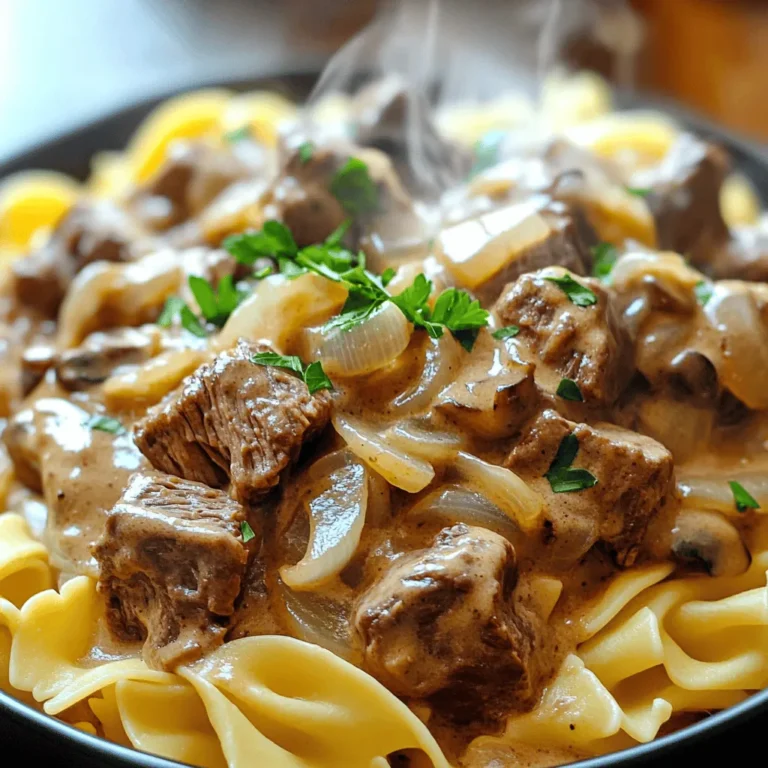 For a flavorful beef stroganoff, gather these ingredients: - 2 lbs beef chuck roast, cut into 1-inch cubes - 1 medium onion, finely diced - 3 cloves garlic, minced - 8 oz mushrooms, sliced (preferably cremini or button) - 4 cups beef broth (low-sodium preferred) - 1 tablespoon Worcestershire sauce - 2 teaspoons dried thyme - 2 teaspoons smoked paprika - Salt and pepper to taste - 1 cup sour cream (full-fat for creaminess) - 3 tablespoons cornstarch (optional, for a thicker sauce) - 1 box egg noodles (about 12 oz, for serving) - Fresh parsley, finely chopped (for garnish) When I cook, I trust quality brands for the best flavors. For beef, I often use Certified Angus Beef. For broth, Swanson's low-sodium is my go-to. I like using McCormick spices for dried thyme and smoked paprika. For sour cream, Daisy brand offers great creaminess. These brands enhance the taste and quality of your dish. You can swap ingredients based on your taste or what you have. If you want a leaner meat, use sirloin instead of chuck roast. If you’re out of beef broth, chicken broth works too. For a lighter option, Greek yogurt can replace sour cream. You can also use fresh thyme instead of dried. Remember, cooking is all about creativity! To start, gather your ingredients. You will need beef, onion, garlic, mushrooms, and broth. Place the beef cubes, diced onion, minced garlic, and sliced mushrooms into the slow cooker. This mix creates a great base. Next, pour the beef broth over everything. Make sure all the ingredients are covered. Add Worcestershire sauce, thyme, smoked paprika, and season with salt and pepper. Stir gently to blend the flavors. Now it's time to cook. Cover the slow cooker with the lid. Set it to low for 7-8 hours or high for 4-5 hours. The meat will become tender and easy to shred. You will know it is done when it falls apart with a fork. This slow cooking brings out the rich flavors. When the cooking time is complete, remove the lid. To make the sauce thicker, make a cornstarch slurry. Mix cornstarch with cold water until smooth. Stir this into the slow cooker during the last 30 minutes. After that, add sour cream and mix well. Taste the mixture and adjust seasoning if needed. While the stroganoff is finishing, cook egg noodles according to the package. Drain them well before serving. For beautiful plates, place a bed of noodles. Ladle the creamy beef stroganoff over the noodles. Garnish with fresh parsley for color and taste. This dish is sure to impress! For the full recipe, check out the details above. To make the best beef stroganoff, follow these tips: - Use beef chuck roast. It gets tender during slow cooking. - Brown the beef first for more flavor. Sear it in a pan before adding it to the slow cooker. - Add the sour cream at the end. This keeps it creamy and fresh. - Use low-sodium beef broth. This allows you to control the salt level. - Taste and adjust the seasoning before serving. This ensures great flavor. Avoid these common mistakes: - Skipping the browning step. This can make your dish lack depth. - Overcooking the beef. It should be tender, not mushy. - Adding sour cream too early. It can curdle if cooked too long. - Not stirring enough. This can lead to uneven seasoning and flavor. - Forgetting to garnish. A sprinkle of parsley adds flair and freshness. To store leftover stroganoff: - Let it cool completely before placing it in a container. - Use an airtight container to keep it fresh. - Refrigerate for up to 3 days. - For longer storage, freeze it in a suitable container. It lasts up to 3 months. - To reheat, warm it on the stove on low heat, stirring often. This keeps it creamy and tasty. For the full recipe, check out the details provided in the recipe section. {{image_4}} You can make a tasty vegetarian version of stroganoff. Swap the beef for hearty mushrooms or lentils. Use about 16 ounces of mushrooms and add more veggies like carrots and peas. For a creamy sauce, use cashew cream or a mix of plant-based yogurt and vegetable broth. This keeps the dish rich and satisfying without meat. To make stroganoff gluten-free, choose gluten-free egg noodles or rice instead of regular noodles. You can also use cornstarch instead of flour to thicken the sauce. Always check the labels on your broth and Worcestershire sauce to ensure they are gluten-free. This way, everyone can enjoy the meal without worry. You can use other meats if you want a twist. Chicken thighs or pork tenderloin work well too. Just adjust the cooking times. Chicken may need less time, while tougher cuts like brisket need longer. Each meat gives its own flavor to the stroganoff, making it unique every time. After you enjoy your beef stroganoff, store leftovers in an airtight container. Make sure it cools to room temperature first. This helps keep the flavors fresh. You can store it in the fridge for up to three days. Label the container with the date, so you know when to use it. If you want to save stroganoff for later, freezing works well. Place the cooled stroganoff in a freezer-safe container. Leave some space at the top for expansion. It can last in the freezer for up to three months. When you're ready to eat, thaw it overnight in the fridge before reheating. To reheat your stroganoff, use the stove for the best texture. Gently heat it in a pan over low heat, stirring often. If it feels too thick, add a splash of beef broth or water. You can also use the microwave. Heat it in short bursts, stirring in between. This keeps the dish creamy and delicious. Enjoy your meal! Yes, you can make Slow Cooker Beef Stroganoff in advance. Prepare the dish the night before. Store it in the fridge after cooking. When you are ready to serve, heat it on the stove or in the microwave. If you want to keep it warm, use a slow cooker on low. This dish tastes even better the next day as the flavors meld. I love to serve my Slow Cooker Beef Stroganoff with egg noodles. They soak up the sauce well and add a nice touch. You can also serve it with rice or mashed potatoes for a comforting meal. For a fresh twist, add a light green salad or some steamed vegetables. Crusty bread is perfect for dipping into the creamy sauce too. To thicken your stroganoff sauce, use cornstarch. Mix 3 tablespoons of cornstarch with cold water to make a slurry. Stir this mixture into the slow cooker during the last 30 minutes of cooking. This method helps create a rich and creamy texture without lumps. You can also simmer the sauce longer to reduce it naturally, but that takes more time. For an easy solution, the cornstarch works great! You learned what you need for making slow cooker beef stroganoff. We covered the ingredients, cooking steps, and tips for success. From ingredient brands to common mistakes, I shared valuable insights. Don't forget about variations and storage info to keep your dish fresh. As you try this recipe, remember that practice makes perfect. Enjoy tweaking it to fit your taste. Happy cooking!