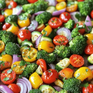 - 2 cups broccoli florets - 1 cup assorted bell peppers (red, yellow, and green), roughly chopped - 1 cup cherry tomatoes, cut in half - 1 medium zucchini, sliced into half-moons - 1 medium red onion, cut into wedges These vegetables bring color and taste to your dish. Broccoli adds crunch, while the bell peppers offer sweetness. Cherry tomatoes burst with flavor, and zucchini adds a tender bite. The red onion gives a nice sharpness that balances all the other flavors. - 4 cloves garlic, finely minced - 3 tablespoons extra virgin olive oil - 1 teaspoon dried oregano - 1 teaspoon smoked paprika - Sea salt and freshly ground black pepper to taste Garlic is a must for depth. Olive oil helps the veggies roast well, giving them a nice golden finish. Dried oregano and smoked paprika add warmth to the mix. Salt and pepper bring everything together, enhancing the natural flavors of your veggies. - Fresh parsley, coarsely chopped (for garnish) - Additional seasoning Fresh parsley adds a pop of green and a hint of freshness. You can also add more salt and pepper to taste. These final touches make your roasted veggies not only tasty but also beautiful on the plate. For the full recipe, check out the section above. First, preheat your oven to 425°F (220°C). A hot oven helps the veggies roast well. This step is key for getting that nice, golden color. Next, gather your veggies. You will need: - 2 cups broccoli florets - 1 cup assorted bell peppers, chopped - 1 cup cherry tomatoes, halved - 1 medium zucchini, sliced - 1 medium red onion, cut into wedges Place all the chopped veggies in a large bowl. This mix gives great color and taste. Now, let’s make the flavor blend. In a small bowl, whisk together: - 3 tablespoons extra virgin olive oil - 4 cloves garlic, minced - 1 teaspoon dried oregano - 1 teaspoon smoked paprika - Sea salt and black pepper to taste This blend will coat your veggies in rich flavor. Drizzle the flavor mix over your veggies. Use tongs or your hands to toss them well. Make sure every piece is coated evenly. This step makes the veggies tasty. Line a large sheet pan with parchment paper. Spread the veggies in a single layer. Do not crowd them. This helps them roast nicely and not steam. Slide the pan into your hot oven. Roast for about 20-25 minutes. Halfway through, stir the veggies gently. This ensures even cooking and great color. When the veggies are tender and slightly caramelized, take them out. Let them cool for a few minutes. Taste them and adjust the seasoning if needed. Sprinkle some chopped fresh parsley on top for a bright finish. Enjoy your colorful and nutritious side dish! For a complete guide, check out the Full Recipe. To get a perfect roast, start with fresh veggies. Fresh vegetables have better flavor and texture. Cut them into similar sizes for even cooking. This way, they all cook at the same rate. Make sure to use enough oil. The oil helps the veggies brown and crisp up nicely. If you want a smoky flavor, use smoked paprika in your mix. Even cooking is key to great roasted veggies. Spread them out in a single layer on the sheet pan. If they are too close together, they will steam instead of roast. Halfway through the cooking time, stir the vegetables. This helps them brown evenly and prevents burning. Keep an eye on them as they roast. Different ovens may cook at different rates. For great taste, try different seasonings. Garlic adds a nice kick to the dish. You can also use herbs like thyme or rosemary. If you want something zesty, add lemon juice before serving. A splash of balsamic vinegar can also add depth. Don’t forget to taste your veggies before serving. Adjust the salt and pepper as needed. For a fresh touch, sprinkle parsley on top right before serving. For the full recipe, check the reference above. {{image_4}} You can change the veggies based on the season. In spring, try asparagus and snap peas. In summer, add eggplant and corn. Autumn brings great options like butternut squash and Brussels sprouts. In winter, consider using hearty root veggies like carrots and parsnips. These swaps keep your dish fresh and exciting. You can mix up the flavors with simple changes. For a Mediterranean twist, add olives and feta cheese. For an Asian vibe, try soy sauce and sesame oil. Want a spicy kick? Toss in some chili flakes or red pepper. Each flavor profile can transport your taste buds to a new place. This recipe is super flexible for various diets. It is naturally vegan and gluten-free. Use any veggies you like to keep it plant-based. If you want extra protein, add chickpeas or tofu. This way, you can enjoy a filling and nutritious meal that fits any dietary need. Check out the Full Recipe for ideas on these options. After enjoying your colorful crunchy sheet pan roasted veggies, store leftovers to keep them fresh. Place the cooled veggies in an airtight container. You can store them in the fridge for up to four days. If you want to keep them longer, consider freezing them. Just make sure they are fully cooled before freezing to avoid ice crystals. When you're ready to enjoy your leftovers, reheating is simple. For the best taste, use the oven. Preheat it to 350°F (175°C) and spread the veggies on a baking sheet. Heat them for about 10-15 minutes until they are warm. You can also use the microwave, but the oven helps keep the veggies crisp. Meal prepping with these roasted veggies is easy and fun. You can roast a big batch at the start of the week. Store them in meal-sized portions for quick lunches or dinners. Pair them with grains or proteins, like rice or chicken, for a complete meal. They make a great addition to salads or wraps too. The full recipe provides a great base to mix and match flavors each week! Roast your veggies for about 20 to 25 minutes. This time allows them to become tender and caramelized. Halfway through, stir them for even cooking. Yes, you can use frozen vegetables. However, they may not get as crispy. Thaw them first and pat them dry. This helps remove excess moisture. For great flavor, use a mix of olive oil, garlic, and herbs. Try oregano and smoked paprika. Sea salt and black pepper also enhance the taste. You can prep the veggies ahead of time. Just store them in the fridge for up to two days. When ready, roast them for a quick meal. These roasted veggies pair well with grains, like rice or quinoa. You can also serve them with grilled chicken or fish. Add a sprinkle of cheese for extra flavor. For the full recipe, check out the detailed instructions above. Enjoy your cooking! Roasting vegetables is easy and fun. We explored the best ingredients, like broccoli, peppers, and garlic. I shared step-by-step instructions to help you nail the process. You learned tips to get even cooking and achieve great flavor. Variations let you swap in seasonal veggies. Plus, storing leftovers is simple with my guidelines. Now, you can enjoy delicious roasted veggies anytime! Get creative, make it yours, and have fun in the kitchen!