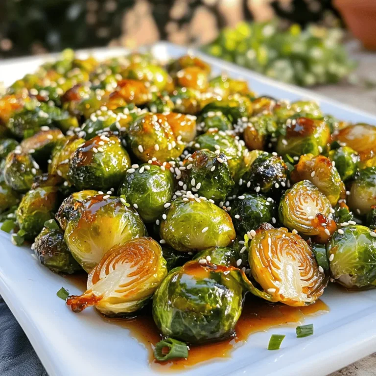 - 1 pound fresh Brussels sprouts, trimmed and halved Brussels sprouts are packed with nutrients. They are low in calories and high in fiber. Their slight bitterness balances well with sweet and spicy flavors. Choose firm, bright green sprouts for the best taste. - 3 tablespoons pure honey - 2 tablespoons Sriracha sauce - 1 tablespoon apple cider vinegar - 2 cloves garlic, finely minced - 1 teaspoon sesame oil (optional for added depth) The honey adds sweetness, while Sriracha brings heat. The apple cider vinegar cuts through the richness. Garlic adds a savory note, enhancing the overall flavor. If you want a nutty touch, add sesame oil. - 2 tablespoons extra-virgin olive oil - Sea salt and freshly ground black pepper, to taste - Sesame seeds, for garnish - Chopped green onions, for garnish Olive oil helps the sprouts roast nicely. Use sea salt and pepper to bring out their flavor. Sesame seeds and green onions add a fresh finish. These little touches make a big difference in taste and look. For the full recipe, check out the complete instructions. Enjoy cooking! Start by trimming the ends of the Brussels sprouts. Cut them in half to help them cook evenly. Place them in a large mixing bowl. Add 2 tablespoons of extra-virgin olive oil. Sprinkle with sea salt and black pepper to taste. Toss everything together until the sprouts are well-coated. Preheat your oven to 400°F (200°C). Spread the seasoned Brussels sprouts on a baking sheet lined with parchment paper. Make sure they are in a single layer. This helps them roast well. Roast for 20-25 minutes. Toss them halfway through to get that nice crisp on all sides. They should look golden and crunchy when done. While the sprouts roast, prepare the glaze. In a small bowl, mix together 3 tablespoons of pure honey, 2 tablespoons of Sriracha sauce, 1 tablespoon of apple cider vinegar, and 2 minced garlic cloves. If you want extra flavor, add 1 teaspoon of sesame oil. Whisk it all together until it forms a smooth mix. Once the Brussels sprouts finish roasting, drizzle this glaze over them. Toss well to coat each sprout. Return them to the oven for 5 more minutes. This allows the glaze to caramelize and add a rich flavor. Enjoy this tasty dish! For more details, check the Full Recipe. To make the best Honey Sriracha Brussels sprouts, start with fresh sprouts. Trim them and cut them in half. This helps them cook evenly. Use a large mixing bowl to coat them with olive oil, salt, and pepper. Spread them out on a baking sheet. Give them space to breathe. This way, they get crispy all around. Roast at 400°F for 20-25 minutes. Toss them halfway through for a nice golden color. These Brussels sprouts shine as a side dish. They pair well with grilled chicken or fish. You can also serve them over rice for a filling meal. For a fun twist, add them to tacos or bowls. They add a sweet and spicy kick that everyone will love. You can serve them warm or at room temperature, making them great for gatherings. Presentation matters when serving. Arrange the sprouts on a large white platter. This makes their green color pop. Drizzle any leftover glaze over the top. Sprinkle with sesame seeds and chopped green onions. This adds a fresh crunch and looks appealing. For the full recipe, check out the details above. Enjoy your beautiful dish! {{image_4}} You can easily add proteins to your Honey Sriracha Brussels sprouts to make them a full meal. Chicken, shrimp, or tofu work well. Just cook the protein separately and toss it with the roasted sprouts. - For chicken, use bite-sized pieces and cook them until golden. - For shrimp, sauté them until they turn pink. - For tofu, pan-fry until crispy. This will give you a hearty dish and boost the flavor. This recipe is already quite friendly for vegans and those who avoid gluten. You can substitute honey with maple syrup for a vegan option. Make sure your Sriracha is gluten-free. Check the label for any hidden wheat. - Use coconut aminos instead of soy sauce for a gluten-free touch. - Pair with quinoa or brown rice to keep it filling. These small changes will help everyone enjoy the dish without worry. While Sriracha adds heat, you can explore other flavors. Try different hot sauces like chili garlic sauce for a unique twist. For a milder flavor, use a sweet chili sauce instead. You can also add spices like smoked paprika or cumin for a warm, earthy taste. - Experiment with lime juice for a zesty kick. - Add fresh herbs like cilantro or basil right before serving for a fresh touch. These variations keep your dish exciting and flavorful every time. After you enjoy your honey Sriracha Brussels sprouts, store any leftovers in an airtight container. Keep them in your fridge for up to three days. This keeps them fresh and tasty. Make sure they cool down before sealing them. You can also divide them into smaller portions for easy meals later. To reheat, place the sprouts on a baking sheet. Preheat your oven to 375°F (190°C). Bake for about 10-15 minutes until they are warm. Toss them halfway for even heating. You can also use a microwave for quick reheating. Just place them in a bowl and heat for 1-2 minutes. They may not get crispy in the microwave, but they will still taste great. If you want to save some for later, freezing is a good option. Freeze the cooked Brussels sprouts in a single layer on a baking sheet first. Once frozen, transfer them to a freezer-safe bag. They can last up to three months in the freezer. When you're ready to eat them, thaw in the fridge overnight before reheating. This method helps maintain their flavor and texture. For the full recipe, check back to make sure you’ve got all the steps down. Yes, you can use frozen Brussels sprouts, but they may not be as crisp. Frozen sprouts often have extra water, which can lead to a soggy dish. If you choose frozen, thaw them first and pat them dry. This way, they will roast better and still taste great. To change the spice level, you can add more or less Sriracha. If you want less heat, cut the Sriracha in half. Adding a bit of honey helps balance the heat too. For more spice, try adding red pepper flakes or a bit of cayenne pepper. Taste as you go for the best flavor. Yes, you can prepare Brussels sprouts ahead of time. You can trim and halve them a day before. Store them in the fridge until you're ready to roast. You can also make the glaze in advance. Just mix the honey, Sriracha, and other ingredients. Store the glaze in a jar in the fridge. When you're ready, just roast the sprouts and add the glaze. For the full recipe, check out the Honey Sriracha Brussels Sprouts Delight section. This blog post covered a tasty way to enjoy Brussels sprouts. We explored fresh ingredients, like the honey and Sriracha blend, that make this dish shine. I shared step-by-step instructions, helpful tips, and creative variations. Remember, roasting is key for flavor. Whether you add protein or enjoy it vegan, there are endless options. Proper storage keeps leftovers fresh, and I answered common questions to help you. Enjoy getting creative with this dish, and happy cooking!