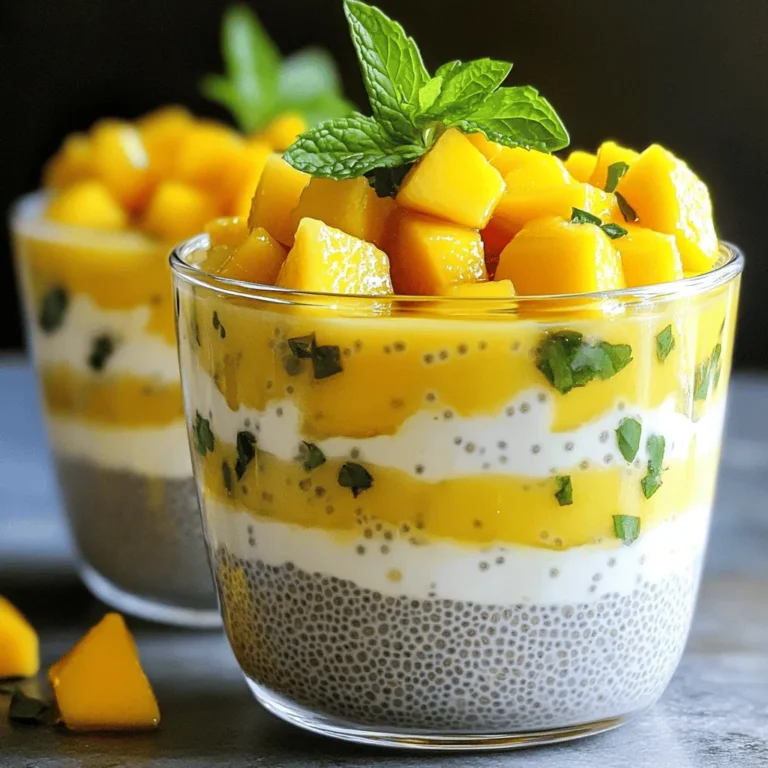 - 1 cup coconut milk - ¼ cup chia seeds - 2 tablespoons maple syrup or honey - 1 ripe mango, diced - ½ teaspoon pure vanilla extract - A pinch of salt For this Mango Coconut Chia Pudding, you'll need a few simple ingredients. Coconut milk gives a rich, creamy base. I often choose either canned or carton coconut milk to suit my taste. Chia seeds add texture and nutrition. They swell up and create a pudding-like feel. You can sweeten it with maple syrup or honey, depending on what you love. A ripe mango adds a fresh, fruity taste. Pure vanilla extract enriches the flavor, while a pinch of salt balances the sweetness. - Fresh mint leaves - Additional fruits (berries, banana, etc.) - Nuts or seeds Toppings can elevate your pudding. Fresh mint leaves add a lovely touch. You can also sprinkle on berries or banana slices for extra color and flavor. Nuts or seeds provide a crunchy contrast. Mix and match to find your favorite combination. For the full recipe, check the complete guide to make this delicious treat! Begin by pouring 1 cup of coconut milk into a mixing bowl. Next, add ¼ cup of chia seeds. These tiny seeds are packed with nutrients and will help thicken your pudding. Then, add 2 tablespoons of maple syrup or honey for sweetness. You can adjust this to your taste. Don’t forget ½ teaspoon of pure vanilla extract for flavor and a pinch of salt to enhance everything. Now, use a whisk to blend the ingredients thoroughly. Make sure there are no clumps of chia seeds. Once you have mixed everything well, let the mixture sit for 10 minutes. This time allows the chia seeds to hydrate and expand. After 10 minutes, whisk the mixture again. This step is key to breaking up any clumps that might have formed. It keeps your pudding smooth and creamy. Next, cover the bowl with plastic wrap. You can also divide the pudding into individual serving jars if you prefer. Place it in the refrigerator. For the best texture, chill the pudding for at least 4 hours. If you can, leave it overnight. This gives the chia seeds time to absorb the liquid fully and creates a delightful creamy texture. Whisking is key for a smooth pudding. It helps break up clumps of chia seeds. I recommend whisking well after adding all the ingredients. Then, let the mixture sit for 10 minutes. After that, give it another whisk. This keeps the chia seeds evenly spread. For the best texture, chill the pudding overnight. This allows the seeds to soak up the liquid fully. Your pudding will be creamy and thick. Taste testing is a fun part of cooking! Start with the suggested amount of sweetener. After mixing, take a small taste. If you want it sweeter, add more maple syrup or honey. If you prefer a sugar-free option, try using stevia or agave. Each sweetener changes the flavor slightly, so choose what you like best. Get creative when serving your pudding! Layer it in clear cups for a pretty look. Top it with diced mango for a fresh pop of color. You can also add fresh mint leaves for a nice aroma. This dish works well with breakfast or as a light dessert. Try pairing it with granola or yogurt for added crunch. For a tropical twist, serve with coconut flakes or berries. Check the Full Recipe for more ideas on flavors and toppings! {{image_4}} You can play with flavors by using different fruits. Pineapple adds a zesty twist. Banana gives a creamier texture. You can mix and match until you find your favorite combo. You can also add fun flavors like cocoa or matcha. Cocoa brings a rich chocolate taste. Matcha adds a unique green tea flavor. Both options create a new taste adventure. This recipe is easy to make vegan. Just stick to maple syrup instead of honey. All ingredients are plant-based, so you can enjoy it without worry. If you're gluten-free, this pudding is perfect! Chia seeds, coconut milk, and fruits are all gluten-free. You can enjoy this treat without any concerns. You can turn this pudding into a smoothie bowl. Just blend the pudding with some ice and a bit more coconut milk. Pour it into a bowl and add your favorite toppings. Layering the pudding with granola or yogurt is another great idea. It adds crunch and creaminess. This makes for a fun and delicious dessert experience. Check out the Full Recipe for more details! To keep your Mango Coconut Chia Pudding fresh, use airtight containers. Glass jars work great. They keep the pudding sealed and safe from air. You can also use plastic containers, but ensure they are BPA-free. Store the pudding in your fridge. It stays good for up to five days. If you have leftover pudding, don’t worry! You can enjoy it in many ways. Add it to smoothies for a creamier texture. You can also layer it in parfaits with fruits and nuts. Another idea is to fold it into yogurt for a tasty snack. Transforming your pudding keeps meals fun and exciting. Mango Coconut Chia Pudding stays fresh for up to five days in the fridge. Store it in an airtight container to keep it safe. The flavors get better over time, so it’s a great treat to make ahead. Just make sure to stir before serving, as it may thicken a bit. Yes, you can use other types of milk in this recipe. Almond milk, oat milk, or soy milk all work well. Each milk adds a different flavor. Just keep in mind that coconut milk gives a rich, creamy texture. Try different milks to find your favorite! Absolutely! This recipe is perfect for meal prep. You can make it ahead of time and enjoy it throughout the week. Just divide the mixture into jars for easy grab-and-go breakfasts or snacks. It saves time and ensures you have a healthy treat ready to eat. For the full recipe, check the earlier section! This blog post covered everything you need to make delicious mango coconut chia pudding. We discussed the key ingredients, step-by-step instructions, and helpful tips to perfect your dish. You learned about variations, storage, and frequently asked questions related to the recipe. Experiment with flavors and toppings to make it uniquely yours. Enjoy this tasty treat today and share it with family and friends. Simple ingredients and easy steps make this pudding a fun kitchen project.