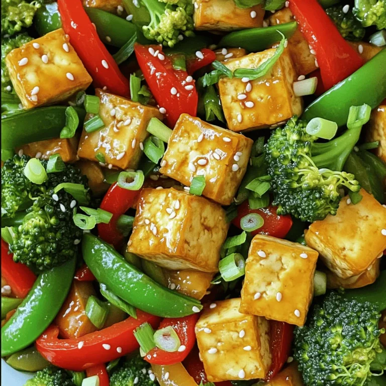 - 1 block firm tofu - 2 tablespoons vegetable oil - 1 red bell pepper, sliced into thin strips - 1 cup fresh broccoli florets, washed - 1 cup snap peas, trimmed - 3 tablespoons soy sauce - 1 tablespoon sesame oil - 2 cloves garlic, minced - 1 tablespoon fresh ginger, grated - 2 green onions, sliced diagonally - Sesame seeds for garnish - 1 teaspoon chili paste To start, you need to drain and press the tofu. This step is key. It removes extra water. It helps the tofu become crispy later. After pressing, cut the tofu into cubes. Aim for bite-sized pieces. They should be even in size. This helps them cook uniformly. Next, coat the tofu cubes with cornstarch. Place them in a bowl and sprinkle the cornstarch over the top. Toss gently until each piece is covered. This coating will give the tofu a nice crunch. Now, heat the oil in a large pan over medium-high heat. The oil should shimmer but not smoke. Carefully add the coated tofu cubes in a single layer. Let them fry without stirring for 5-7 minutes. This way, they can form a crispy crust. Turn them occasionally until they are golden brown on all sides. Once cooked, remove the tofu and set it aside on a paper towel. This will absorb any extra oil. In the same pan, add your fresh vegetables. Start with the sliced red bell pepper, broccoli florets, and snap peas. Stir fry for 3-4 minutes. You want them to soften a bit but stay crunchy. After that, add the minced garlic and grated ginger. Stir quickly for about one minute. This step releases their lovely flavors. Finally, return the crispy tofu to the pan. Pour in the soy sauce, sesame oil, and chili paste. Toss everything together gently. Cook for another 2 minutes to let the flavors combine. Enjoy your meal! If you want to see the full recipe, check the link for more details. - Importance of cornstarch coating: Cornstarch is key. It makes the tofu crispy. Without it, the tofu may turn soggy. Coat each piece well for the best results. - Oil temperature tips: Heat oil until it shimmers. This shows it’s hot enough. If the oil is cold, the tofu will absorb it and become greasy. - Cooking time for perfect crispiness: Cook the tofu for about 5-7 minutes. Make sure to turn them to brown all sides evenly. You want a nice golden color. - Suggestions for additional seasonings: Try adding garlic powder or onion powder for extra flavor. A splash of lime juice can brighten it up too. - How to adjust heat levels: Use more or less chili paste based on your taste. If you like it spicy, add more. If not, use less. - Pairing with sauces or side dishes: Serve with soy sauce or teriyaki sauce for a sweet touch. Brown rice or quinoa is great to soak up the flavors. - Best dishes to accompany stir fry: Serve it with a side of steamed rice or noodles. They balance the dish well and add more texture. - Plating techniques for presentation: Use a large bowl for family-style serving. For individual plates, stack the tofu and veggies for a nice look. - Using chopsticks for an authentic experience: Eating with chopsticks adds fun. It also connects you to the dish's roots. Plus, it’s a great way to enjoy each bite! {{image_4}} You can switch the tofu with tempeh or seitan. These options provide a similar texture and taste. Tempeh has a nutty flavor, while seitan is very chewy. If you want a non-vegetarian option, add shrimp or chicken. Both cook fast and absorb flavors well. Feel free to mix in seasonal vegetables. Carrots, zucchini, or asparagus work great. They add color and flavor. You can also use frozen vegetables. They are quick and easy but may lose some crunch. Fresh veggies often taste better when stir-fried. If you need a gluten-free dish, use tamari instead of soy sauce. Tamari has a rich flavor and works well in stir-fries. For other gluten-containing ingredients, check labels. Many brands offer gluten-free options for sauces and seasonings. For the full recipe, check out the details in the main article. Store any leftover crispy tofu stir fry in a good container. I recommend an airtight container to keep it fresh. You can keep it in the fridge for about 3 to 5 days. Just make sure it cools down before you seal it up. To reheat your stir fry, you can use a few methods. The best way is to use a skillet. Heat it on medium heat and add the stir fry. Stir it often until it's hot. You can also use a microwave, but be careful. It may make the tofu soft. To keep the texture, add a little water in the container. Cover it to trap steam, then heat in short bursts. Yes, you can freeze this dish! It’s best to freeze tofu and veggies separately. Freeze them in small portions. When you are ready to eat, let them thaw in the fridge overnight. This way, they stay tasty. Avoid freezing the stir fry with sauce, as it may change texture. Yes, you can cook crispy tofu without oil. Use an air fryer for a healthier option. It circulates hot air and creates a crispy texture. You can also bake the tofu. Coat it lightly with cooking spray. Bake at 400°F for about 25 minutes. Flip halfway through for even cooking. Crispy tofu stir fry tastes great with several sides. Here are some ideas: - Steamed jasmine rice - Brown rice for a nutty flavor - Noodles, like soba or rice noodles - Cauliflower rice for a low-carb option To keep tofu crispy, use an oven. Preheat it to 375°F. Place the tofu on a baking sheet. Heat for about 10-15 minutes. Avoid using the microwave, as it makes tofu soggy. You can also use a skillet over medium heat for reheating. Here’s a quick breakdown for one serving: - Calories: ~300 - Protein: ~20g - Fats: ~15g - Carbohydrates: ~25g This dish is balanced, with protein from tofu and fiber from veggies. For the complete recipe details, check the [Full Recipe](#). This blog post covered crispy tofu stir fry. We explored key ingredients like tofu, oil, and fresh veggies. I shared step-by-step cooking instructions and tips for perfect crispiness. You learned about great variations and how to store leftovers properly. In the end, stir fry is fun and versatile. It’s easy to modify based on what you have. Enjoy your cooking and make the dish your own!