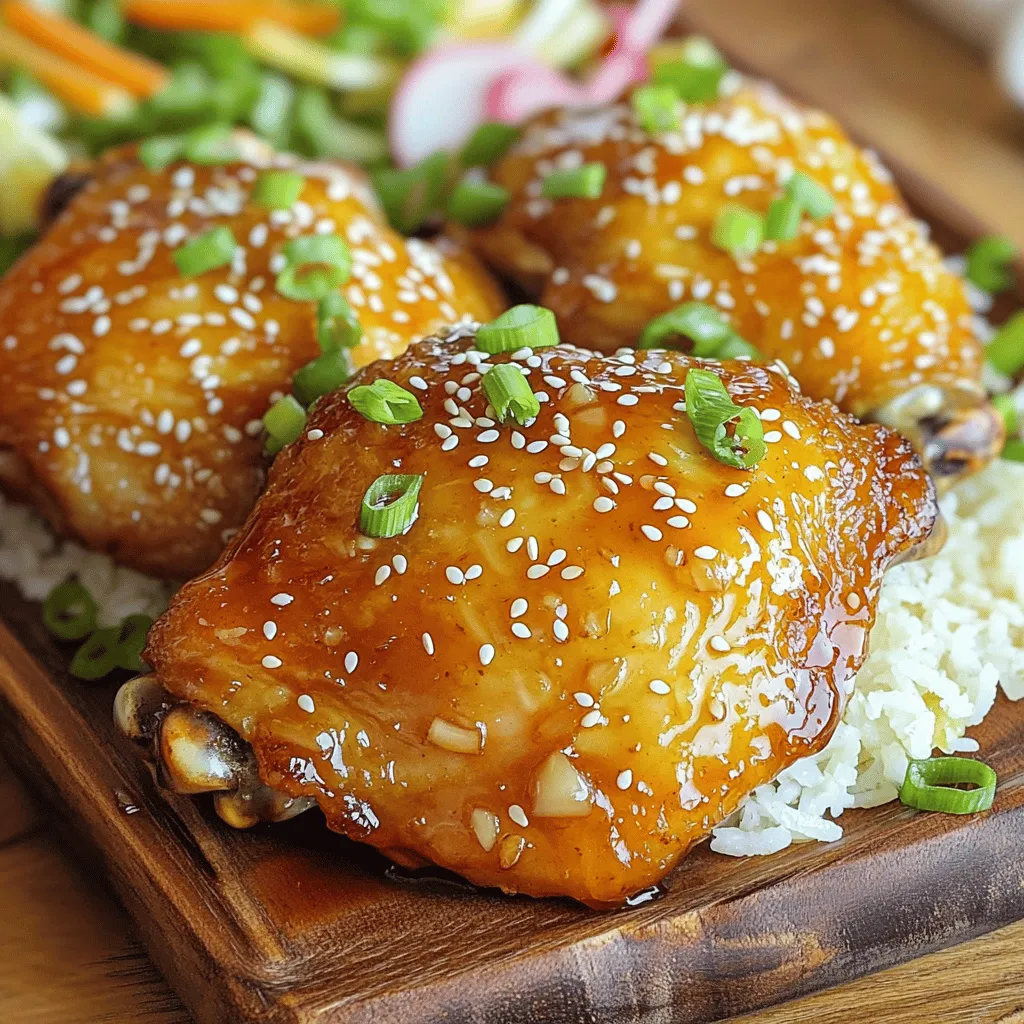- 6 bone-in, skin-on chicken thighs - 1/3 cup honey - 1/4 cup low-sodium soy sauce - 4 cloves garlic, minced - 1 tablespoon fresh ginger, grated - 1 tablespoon apple cider vinegar - 1 tablespoon sesame oil - 1 teaspoon black pepper - 1 teaspoon salt - Optional garnishes: 1 tablespoon sesame seeds, 2 green onions (sliced) When I make baked honey garlic chicken thighs, I love using fresh ingredients. The chicken thighs are juicy, and the skin gets crispy. Honey gives a sweet touch, and soy sauce adds depth. Garlic and ginger bring warmth and flavor. Together, they create a delightful dish. For seasoning, I keep it simple. A little salt and black pepper work wonders. You can also add sesame seeds and green onions. They make the dish look pretty and add texture. You can find the full recipe for this dish below to guide you in the kitchen. This meal is easy to prepare and great for any night of the week. - Preheat Oven to 400°F (200°C): Start by preheating your oven. A hot oven helps the chicken cook evenly. - Prepare Marinade Ingredients: Gather your ingredients for the marinade. You will need honey, soy sauce, garlic, ginger, apple cider vinegar, and sesame oil. This mix gives the chicken its sweet and savory flavor. - Marinate Chicken for Optimal Flavor: Place the chicken thighs in a baking dish, skin-side up. Pour the marinade over the chicken. Make sure each piece gets coated well. For best results, let the chicken marinate for at least 30 minutes. If you can, marinate it overnight in the fridge. This will enhance the taste. - Bake the Chicken for 35 to 45 Minutes: Once marinated, put the dish in the oven. Bake for 35 to 45 minutes. Basting the chicken with the marinade halfway through adds moisture and flavor. - Check for Doneness (Internal Temperature of 165°F / 75°C): The chicken is done when it reaches an internal temperature of 165°F (75°C). Use a meat thermometer for accuracy. After baking, let the chicken rest for 5 minutes. This helps keep the juices locked in. Try this recipe for a sweet and savory delight: [Full Recipe]. Recommended Marinade Time For the best flavor, marinate your chicken thighs for at least 30 minutes. If you can, let them sit overnight in the fridge. This extra time helps the chicken soak up all the tasty flavors from the marinade. How to Store Marinade for Future Use If you have leftover marinade, you can store it in the fridge for up to a week. Just make sure to keep it in a sealed container. You can also freeze the marinade in ice cube trays for easy use later. This way, you have a quick flavor boost ready when you need it. Importance of Basting During Cooking Basting your chicken is key! Halfway through cooking, use a spoon to pour some marinade over the chicken. This keeps it moist and adds even more flavor. It makes a big difference in taste. Resting Time After Baking After baking, let your chicken rest for about 5 minutes. This lets the juices settle in the meat. When you cut into the chicken, it will be tender and juicy. Trust me, this step is worth it! {{image_4}} You can switch up some ingredients if you want. For soy sauce, try Tamari or Coconut Aminos. Both options offer a similar flavor. They are great for people who need a gluten-free choice. When it comes to sweetness, adjust the honey to match your taste. If you prefer a sweeter dish, add more honey. If you want it less sweet, use less honey. This flexibility lets you personalize the dish to your liking. If you want a different method, consider using a slow cooker. Simply add the marinated chicken thighs to the cooker. Set it on low for about 6 to 7 hours. This method keeps the chicken very tender and juicy. Another fun option is to grill the chicken. Preheat your grill to medium heat. Grill the thighs for about 6 to 8 minutes per side. This adds a nice smoky flavor that pairs well with the honey garlic sauce. To store leftovers in the fridge, first, let the chicken cool down. Then, place the chicken thighs in an airtight container. I suggest using glass or BPA-free plastic containers. This keeps the chicken fresh and prevents odors from mixing. The cooked chicken can stay in the fridge for up to four days. When you’re ready to eat, just warm it up. Best Practices for Freezing Baked Chicken Thighs If you want to freeze the chicken, it’s best to do this right after cooking. Allow the chicken to cool completely. Wrap each piece in plastic wrap tightly. Then, place the wrapped chicken in a freezer-safe bag. Squeeze out as much air as you can. This helps prevent freezer burn. You can freeze the chicken for up to three months. How to Reheat Frozen Chicken Safely To reheat frozen chicken, move it to the fridge a day before. This allows it to thaw slowly. If you're in a hurry, you can use the microwave. Use the defrost setting first, then reheat on medium power. Make sure the chicken reaches 165°F (75°C) before eating. Enjoy your tasty dish! For the full recipe, check above. You can serve many sides with Baked Honey Garlic Chicken Thighs. Steamed rice is a great choice. It soaks up the tasty sauce. You can also try a fresh vegetable salad. Roasted veggies or mashed potatoes add nice flavor, too. To check if your chicken is fully cooked, use a meat thermometer. The chicken should reach 165°F (75°C) in the thickest part. If you don’t have a thermometer, cut into the chicken. The juices should run clear, not pink. Yes, you can use boneless chicken thighs. They will cook faster than bone-in ones. Adjust your baking time to about 25 to 30 minutes. Always check the internal temperature to ensure they are safe to eat. To make this dish gluten-free, use gluten-free soy sauce. Tamari is a great option. It has a similar taste without gluten. Always check labels to ensure all ingredients are gluten-free. Enjoy your meal without worry! For more details, you can refer to the Full Recipe. This blog post walked you through a tasty recipe for baked honey garlic chicken thighs. You learned about key ingredients, cooking steps, and helpful tips. Remember to marinate well and check for doneness. Feel free to explore variations and cooking methods to suit your taste. With careful storage, you can enjoy leftovers or freeze for later. Now, you have all you need to make this dish a family favorite. Happy cooking!