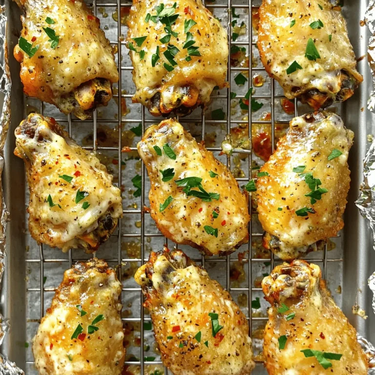 - 2 lbs chicken wings - 1/4 cup olive oil - 1/4 cup finely grated Parmesan cheese - 6 cloves fresh garlic, minced - 2 teaspoons dried oregano - 1 teaspoon garlic powder - 1 teaspoon onion powder - 1/2 teaspoon kosher salt - 1/2 teaspoon freshly ground black pepper - 1/4 teaspoon red pepper flakes (optional for a kick) - Fresh parsley, finely chopped When making Baked Garlic Parmesan Wings, you need fresh ingredients. Choose chicken wings that are plump and meaty. Use good quality olive oil for flavor and crispiness. Finely grated Parmesan cheese adds richness. For the seasoning, fresh garlic is key. It gives the wings that strong garlic punch. Dried oregano adds an earthy note. Garlic powder and onion powder boost the flavor without any extra prep time. Kosher salt and black pepper enhance the taste. If you want more heat, add red pepper flakes. Don’t forget the garnish! Fresh parsley adds color and a bit of brightness to the dish. It also helps balance the rich flavors. Check the [Full Recipe](#) for the exact amounts and more cooking tips. This simple list of ingredients makes these wings a favorite for any gathering. - Preheat the oven to 425°F (220°C). - Line a baking sheet with foil and place a wire rack on top. Start by preheating your oven to the right temperature. This step is key for making the wings crispy. Lining the baking sheet with foil makes cleanup easy. The wire rack helps air circulate around the wings for even cooking. - Mix olive oil, garlic, Parmesan, and spices. - Coat chicken wings well with the marinade. In a large bowl, mix olive oil, minced garlic, and finely grated Parmesan. Add the dried oregano, garlic powder, onion powder, kosher salt, black pepper, and red pepper flakes. Stir until you get a nice marinade. Now, add the chicken wings. Make sure every wing gets a good coat of the tasty mix. Use your hands or tongs to toss them well. This step adds tons of flavor. - Arrange wings on the wire rack. - Bake for 35-45 minutes, turning halfway through. Next, lay the wings in a single layer on the wire rack. This helps them crisp up nicely. Place the baking sheet in the oven. Bake for 35 to 45 minutes. Don’t forget to turn the wings halfway through. This ensures they cook evenly and get that golden-brown color we all love. Once they are done, let them rest for a few minutes before serving. Enjoy your Baked Garlic Parmesan Wings! For the full recipe, check out the complete details. To get that perfect crispiness, using a wire rack is key. This allows hot air to flow all around the wings, which helps them cook evenly. If you put the wings directly on the baking sheet, they may get soggy. Turning the wings halfway through cooking also helps. This way, both sides get that golden-brown color and crunch you want. You can boost the flavor of your wings by adding more spices. Try smoked paprika or cumin for a fun twist. If you like it spicy, increase the red pepper flakes. Adjust the seasonings based on your taste. Don’t be afraid to experiment! These wings pair well with many dips and sauces. Classic choices include ranch or blue cheese dressing. You can also try a spicy buffalo sauce for an extra kick. As for sides, serve your wings with celery sticks or a fresh salad. These options will balance the rich flavor of the wings. For the full recipe, check out the recipe section above. {{image_4}} You can have fun with flavors for your wings. Try honey garlic Parmesan wings for a sweet twist. Just mix honey with the garlic and Parmesan. This blend gives a nice sticky glaze that you will love. Another option is spicy buffalo garlic wings. Add hot sauce to the garlic mixture for a kick. This spicy version will excite your taste buds. It is perfect if you enjoy some heat with your wings. You don’t need to bake wings every time. An air fryer can make crispy garlic Parmesan wings too. Just coat them as usual and air fry at 400°F for about 25 minutes. You will get a great crunch without much oil. Grilling is another fun way to cook wings. Marinate them as you would for baking. Then, grill over medium heat for 20-30 minutes. This method gives a nice smoky flavor that many enjoy. If you need gluten-free wings, use gluten-free soy sauce in your marinade. This swap keeps the flavor while meeting dietary needs. For low-carb options, skip the honey in honey garlic wings. Instead, use a sugar-free sweetener to keep them tasty without the carbs. You can enjoy delicious wings while staying on track with your diet. For the full recipe, check out the main section. To keep your leftover Baked Garlic Parmesan Wings fresh, store them in an airtight container. This helps avoid moisture loss. You can place a paper towel in the container to absorb extra moisture. This tip keeps the wings nice and crispy. Store the wings in the fridge for up to 3 days for the best taste. When it comes to reheating wings, the oven is your best friend. Preheat your oven to 350°F (175°C). Place the wings on a baking sheet lined with foil. Bake them for about 10-15 minutes. This method revives their crispy texture. Flip them halfway through to heat evenly. If you're in a hurry, you can use a microwave, but the wings won't stay as crispy. If you want to freeze your wings, ensure they are completely cool first. Place them in a freezer-safe bag, squeezing out as much air as possible. This prevents freezer burn. Cooked wings can be frozen for up to 3 months. When you're ready to eat, thaw them in the fridge overnight. To reheat, follow the oven method for the best results. Enjoy your crispy wings again! To make Baked Garlic Parmesan Wings crispy, use a wire rack. This lets air flow around the wings. The high heat of 425°F (220°C) also helps. Turning the wings halfway through baking ensures even cooking. A good coat of olive oil and Parmesan creates a crunchy crust. Yes, you can use frozen wings. However, make sure to thaw them first. Pat them dry with paper towels to remove excess moisture. This helps achieve a crispy texture. Follow the same steps as the full recipe for marinating and baking. You can serve Baked Garlic Parmesan Wings with many sides. Some great options include: - Celery sticks - Carrot sticks - Blue cheese dip - Ranch dressing - A fresh green salad These pair well and balance the rich flavor of the wings. Baked Garlic Parmesan Wings last for about 3 to 4 days in the fridge. Store them in an airtight container. This keeps them fresh and tasty for later. Make sure they cool down before sealing to avoid moisture buildup. The best way to reheat Baked Garlic Parmesan Wings is in the oven. Preheat your oven to 350°F (175°C). Spread the wings on a baking sheet. Heat for about 10-15 minutes. This helps regain their crispiness. You can also use an air fryer for a faster option. Baked Garlic Parmesan wings are simple and tasty. We covered the ingredients, step-by-step instructions, and tips to make them crispy. I shared ways to store, reheat, and try different flavors. Now, you can enjoy delicious wings with ease. Experiment with spices and dips to suit your taste. Cooking is fun, and these wings make it easy to impress. Grab your ingredients and start baking!