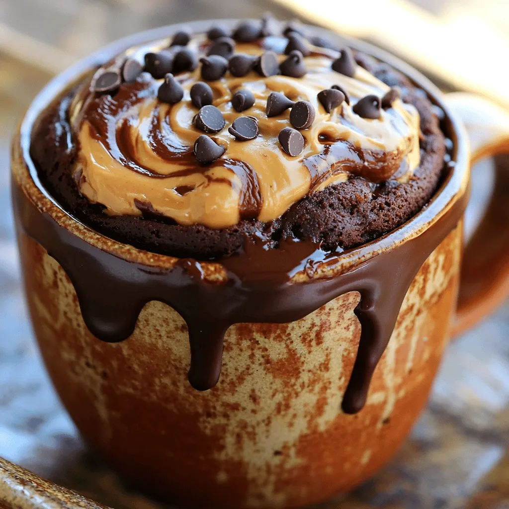 To make a delicious Chocolate Peanut Butter Mug Cake, you will need a few simple ingredients. Here’s what you’ll need: - 4 tablespoons all-purpose flour - 2 tablespoons unsweetened cocoa powder - 3 tablespoons peanut butter (creamy or chunky) - 3 tablespoons granulated sugar - 1/8 teaspoon baking powder - 1/4 teaspoon vanilla extract - 1/4 cup milk (dairy or non-dairy) - 1 tablespoon vegetable oil - A pinch of salt - Optional: Chocolate chips or chopped peanuts for topping These ingredients come together to create a rich, soft cake that is perfect for satisfying your sweet tooth. The combination of peanut butter and chocolate makes every bite heavenly. If you want to add a little crunch, consider using chocolate chips or chopped peanuts on top. When you gather these items, make sure you have a microwave-safe mug ready. This cake cooks quickly, so you can enjoy it in just a few minutes. You can find the full recipe details in the section below. Enjoy your cooking! 1. Selecting a microwave-safe mug: Choose a mug that holds at least 12 ounces. This helps the cake rise without spilling over. A wider mug also gives you a better result. 2. Combining dry ingredients: In your mug, mix 4 tablespoons of all-purpose flour, 2 tablespoons of unsweetened cocoa powder, 3 tablespoons of granulated sugar, 1/8 teaspoon of baking powder, and a pinch of salt. Use a small whisk or fork to blend these well. This step ensures no lumps form in your cake. 3. Mixing wet ingredients: Now, add 3 tablespoons of peanut butter, 1/4 cup of milk (dairy or non-dairy), 1 tablespoon of vegetable oil, and 1/4 teaspoon of vanilla extract to the dry mix. Stir it until you have a smooth batter. Make sure the peanut butter is mixed in well for a rich flavor. 1. Folding in optional toppings: If you want, add 1 tablespoon of chocolate chips or chopped peanuts to the batter. This extra step gives your mug cake a fun twist with each bite. 2. Microwave cooking time and tips: Put your mug in the microwave and cook it on high for about 1 minute and 30 seconds. Keep an eye on it as it cooks. The cake should look set in the middle when it’s done. Since microwaves vary, you might need to adjust the time. If it’s not done, add 10-15 more seconds. 3. Checking for doneness: To check if it’s done, gently press the center of the cake with a fork. It should spring back. If it’s too wet, give it a bit more time. 1. Cooling time before serving: Let your mug cake cool for about 1 minute after cooking. This helps the flavors settle and makes it easier to eat. 2. Topping ideas for enhancement: For a special treat, top your cake with extra chocolate chips, a drizzle of peanut butter, or a scoop of vanilla ice cream. These additions make the dessert even more indulgent and delicious. For the full recipe, check out the provided details above. Enjoy your delightful chocolate peanut butter mug cake! - Overmixing the batter: Mixing too much can make the cake tough. Stir just until combined. - Incorrect microwave settings: Each microwave is different. Keep an eye on the cake to avoid overcooking. - Ideal ingredient measurements: Use a kitchen scale for accuracy. This helps ensure your mug cake turns out great every time. - Tips for using different mug sizes: Choose a mug that holds at least 12 ounces. If your mug is smaller, reduce the ingredients slightly to prevent overflow. - Adding mix-ins beyond chocolate chips: Consider adding nuts, dried fruit, or even a spoonful of jam for extra flavor. These add fun textures and tastes. - Alternative oils and sweeteners: You can swap vegetable oil for coconut oil for a twist. Honey or maple syrup can replace sugar for a different sweetness. These tips will help you make a perfect Chocolate Peanut Butter Mug Cake that delights your taste buds! For the Full Recipe, check out the earlier section. {{image_4}} You can easily make a gluten-free mug cake by using almond flour instead of all-purpose flour. Almond flour gives your cake a nice nutty flavor while keeping it light. Just swap it in a 1:1 ratio, and you’re good to go! For a vegan option, replace the egg with flaxseed meal or chia seeds. Mix 1 tablespoon of flaxseed meal with 2.5 tablespoons of water. Let it sit for a few minutes to thicken. This will give your cake the moisture it needs. Want to add a twist? Try making a mocha mug cake! Just mix in a teaspoon of instant coffee or espresso powder with your dry ingredients. This will give your cake a rich coffee flavor alongside the chocolate. If you need a nut-free version, just swap the peanut butter for sunbutter or soy nut butter. These options still provide a creamy texture without the nuts. As the leaves change color, you can add a dash of pumpkin spice for a fall treat. Just blend in 1/2 teaspoon of pumpkin pie spice with your dry mix. It adds warmth and flavor that’s perfect for chilly days. In summer, top your mug cake with fresh berries. Strawberries, blueberries, or raspberries add a burst of color and flavor. You can even mix them into the batter for added sweetness! After you finish your cake, let it cool to room temperature. Use plastic wrap or a small airtight container to keep it fresh. If you want to store it longer, place it in the fridge. Just remember, it’s best to eat it within a few days. To reheat your mug cake, use the microwave. Just pop it in for about 10-15 seconds. Check if it’s warm enough; if not, heat it for a few more seconds. You can also use an oven. Preheat it to 350°F (175°C) and warm the cake for about 5 minutes. Your chocolate peanut butter mug cake stays fresh for about 3 days in the fridge. If you notice any mold or an off smell, it’s time to toss it out. Keep an eye on it to make sure it’s still good! Enjoy your mug cake while it’s at its best. For the complete recipe, check out the Full Recipe. To make more mug cakes, use a bowl. Multiply each ingredient by the number of servings you want. For example, if you want to serve four, multiply each ingredient by four. Mix the dry ingredients first, then add the wet ones. Pour the batter into separate mugs and microwave them one by one. This way, everyone can enjoy a warm treat! Yes, you can! Almond butter or cashew butter works well too. Each nut butter has its own taste. Almond butter is milder, while cashew butter is creamier. Just make sure the nut butter you choose is smooth. This will keep the texture of the mug cake nice and fluffy. If your mug cake turns out dry, there are easy fixes. First, check the cooking time. Overcooking can make it dry. Next, add a splash of milk to the batter before baking. You can also top it with ice cream or yogurt for extra moisture. These additions can turn a dry mug cake into a delicious treat! In this post, we covered how to make a simple mug cake. We listed the key ingredients and walked through the steps to mix and cook it. You learned tips for perfecting your cake and explored tasty variations. With this knowledge, you can avoid common mistakes and make delicious treats at home. Remember, cooking is about experimenting. Try different flavors and techniques. Enjoy your mug cake journey!