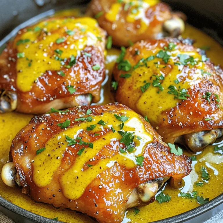 - Chicken Thighs: Use 4 bone-in, skin-on chicken thighs for the best flavor and texture. The skin adds crispiness and locks in moisture. - Honey and Dijon Mustard: These two ingredients create a sweet and tangy glaze. Honey adds sweetness, while Dijon mustard gives a sharp kick. Together, they balance the dish nicely. - Other Required Seasonings: You’ll need apple cider vinegar, minced garlic, smoked paprika, dried thyme, sea salt, and black pepper. Apple cider vinegar adds brightness. Garlic boosts flavor. Smoked paprika adds depth. Thyme brings earthiness, while salt and pepper enhance the overall taste. - Fresh Parsley: Chopping fresh parsley adds color and freshness to the dish. It also brings a light herbal note that pairs well with the honey mustard. - Other Possible Garnishes: You can also use lemon wedges or sliced green onions. These add a pop of color and extra flavor, making the dish even more appealing. For the full recipe, check out the detailed steps to create this delicious meal. First, you need to dry the chicken thighs. Drying helps make the skin crispy when cooked. Use paper towels to pat them dry. Then, season both sides with sea salt and black pepper. This step boosts the flavor of the chicken. For the honey mustard mixture, combine 1/4 cup of honey and 1/4 cup of Dijon mustard in a bowl. Add 2 tablespoons of apple cider vinegar, 2 cloves of minced garlic, 1 teaspoon of smoked paprika, and 1 teaspoon of dried thyme. Mix well until it’s smooth. Feel free to adjust the honey and mustard to suit your taste. If you want it sweeter, add more honey. For a tangy kick, increase the mustard. Start by searing the chicken. Heat 2 tablespoons of olive oil in a large, oven-safe skillet over medium-high heat. Place the chicken thighs skin-side down in the hot oil. Sear for about 4-5 minutes until the skin turns golden brown. After searing, flip the thighs so the skin side is up. Pour the honey mustard mixture over the chicken, coating each piece. Now, transfer the skillet to your preheated oven at 400°F (200°C). Roast for 25-30 minutes until the chicken reaches an internal temperature of 165°F (75°C). This ensures it is fully cooked. After cooking, let the chicken rest for 5 minutes. Resting helps keep the meat juicy. You can find the full recipe in the previous sections. To get that perfect crispy skin, start by drying the chicken thighs well. Use paper towels to remove any moisture. This step is key. When you sear the chicken, it will create a golden crust. Heat your skillet over medium-high heat, then add olive oil. Place the chicken skin-side down and sear for about 4 to 5 minutes. Don't rush this step. Let the skin brown nicely before you flip. After cooking, let the chicken rest for about 5 minutes. This resting time is crucial. It allows the juices to settle, making the meat tender and juicy. You can easily adjust the spices to suit your taste. If you like a bit more warmth, consider adding cayenne pepper or chili flakes. Just a pinch can add a nice kick. Another idea is to mix in some fresh herbs like rosemary or oregano. They can boost the flavor profile and give it a fresh twist. Don't be afraid to experiment. Cooking is all about finding what you love! {{image_4}} You can change up this recipe in fun ways. For sweeteners, try maple syrup or agave nectar. Each brings a unique flavor that pairs well with chicken. You can also experiment with different mustards. Spicy brown mustard or honey mustard adds a new kick. Adding fruit can make your dish stand out. Chopped apples or peaches mix well with the honey mustard. These fruits bring a juicy sweetness that enhances the dish. For a zesty touch, consider adding lime or orange zest. Citrus brightens the flavors and adds a fresh feel. Grilling and baking are both great ways to cook honey mustard chicken thighs. Grilling gives you a smoky flavor and crispy skin. It’s perfect for summer cookouts. Just make sure to watch the heat to avoid burning. Baking is easier and lets you cook more chicken at once. It keeps the meat juicy and tender. You can set it and forget it while you prep other dishes. If you want a hands-off approach, use a slow cooker. Just add the chicken and honey mustard mixture, and let it do the work. Cooking on low for 6-8 hours yields tender chicken that falls off the bone. You still get that great flavor without much fuss. For the full recipe, check out the Honey Mustard Chicken Thighs Delight . After you enjoy your honey mustard chicken thighs, store any leftovers in an airtight container. This keeps them fresh and safe. They will last for about 3 to 4 days in the refrigerator. For the best taste, try to eat them within this time. To freeze the chicken thighs, place them in a freezer-safe bag or container. Remove as much air as possible to prevent freezer burn. They can be frozen for up to 3 months. When you're ready to eat, thaw them in the fridge overnight. For reheating, you can use the oven or microwave. If using the oven, preheat it to 350°F (175°C). Place the chicken in a baking dish and cover it with foil. Heat for about 20 minutes or until warm. This method helps keep the chicken juicy and tasty. For the microwave, heat on medium power, checking every minute until warmed through. Avoid overheating to keep the chicken from drying out. Enjoy your delicious leftovers! Yes, you can use boneless chicken thighs. They cook faster than bone-in thighs. Adjust the cooking time to about 20-25 minutes. The flavor will still shine through, but the texture changes. Boneless thighs may not have the same rich flavor from the bone. Here are some easy side dishes to serve with honey mustard chicken thighs: - Roasted vegetables: Carrots, broccoli, or Brussels sprouts add color and nutrition. - Rice: A light jasmine or brown rice complements the dish well. - Salad: A fresh green salad with a light vinaigrette is refreshing. - Mashed potatoes: Creamy potatoes balance the sweet and tangy chicken. To check if the chicken is done, use a meat thermometer. Insert it into the thickest part of the thigh. It should read 165°F (75°C) when fully cooked. If you don't have a thermometer, check the juices. They should run clear, not pink. Always let the chicken rest for about 5 minutes before serving. This helps keep it juicy. Honey mustard chicken thighs are easy and tasty. We covered the main ingredients, like chicken, honey, and Dijon mustard, plus the seasonings that make the dish shine. I shared steps to dry, season, and cook the chicken for the best flavor. Tips for crispy skin and flavor boosts can take your dish up a notch. With different cooking methods and storage tips, you'll have a meal ready any day. Enjoy trying new variations and making it your own. Simple, fun, and delicious!