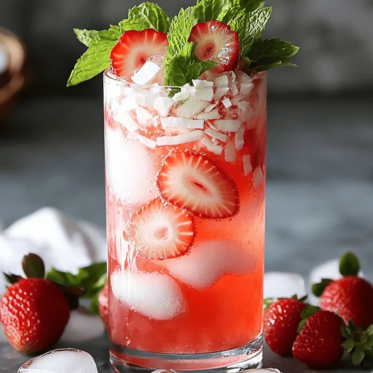 To make a refreshing Strawberry Coconut Cream Soda, gather the following ingredients: - Fresh strawberries - Coconut milk - Creamy coconut (coconut cream) - Sweetener options (honey or agave syrup) - Vanilla extract - Sparkling water or club soda - Ice cubes - Garnishing suggestions (fresh mint leaves) Fresh strawberries bring a burst of flavor and color. Coconut milk adds a creamy texture, while coconut cream deepens the coconut taste. Sweeteners like honey or agave syrup let you adjust sweetness. Vanilla extract gives a warm note to the drink. Sparkling water or club soda adds a fizzy lift, making it lively. Ice cubes cool the drink, making it perfect for hot days. Finally, fresh mint leaves make a beautiful garnish and add a fresh aroma. For the full recipe, check out the detailed instructions above. - Blending the base mixture Start by placing the sliced strawberries, chilled coconut milk, coconut cream, honey, and vanilla extract into a blender. Blend on high speed until the mixture is smooth and creamy. You want to ensure no lumps remain from the strawberries. This step creates the heart of your drink. - Adjusting sweetness After blending, taste your mixture. If you want it sweeter, add more honey or agave syrup. Blend again if you add more. If it's too thick, add a splash of water to lighten it. Taste again to make sure it’s just right for you. - Preparing the serving glass Choose a large glass or an elegant mug. Fill it with ice cubes to create a refreshing base. The ice will help keep your drink cool and refreshing on a hot day. - Combining with sparkling water Pour the strawberry coconut blend over the ice, filling the glass about two-thirds full. Leave room for the sparkling water. Slowly top your drink with sparkling water or club soda. Stir lightly with a spoon to mix while keeping the bubbles alive. Enjoy this delightful Strawberry Coconut Cream Soda! For the complete recipe, check out the [Full Recipe]. - Optimal sweetness levels: Start with 1 tablespoon of honey or agave syrup. Blend and taste. If you want it sweeter, add more, one teaspoon at a time. This helps you control the taste. - Importance of ingredient quality: Use fresh, ripe strawberries for the best flavor. Choose high-quality coconut milk and coconut cream. These ingredients make your drink creamy and rich. - Chilling ingredients beforehand: Chill the coconut milk and sparkling water before making your drink. This keeps your soda cold and fresh. A cold drink is more refreshing on a hot summer day. - Creative garnishing ideas: Use fresh mint leaves as a garnish. Add extra strawberry slices on top for a pop of color. You can also sprinkle some toasted coconut flakes. This adds a nice crunch and extra flavor. - Glassware suggestions: Use clear glasses to show off the beautiful colors. Mason jars or elegant cocktail glasses work well. The right glass makes your drink even more inviting. - Serving style recommendations: Serve immediately after making. This keeps the bubbles lively. You can also set out a small bowl of extra strawberries for guests to add more if they like. It makes the drink feel more special. {{image_4}} You can make this drink even more fun. Try adding different fruits like mango or pineapple. These fruits bring a new twist to the flavor. They add sweetness and freshness that pairs well with strawberries. Using flavored sparkling water can also change things up. You might like coconut, lemon, or berry-flavored water. Each will give your drink a unique taste and make it special. You can also adjust the sweetness of your drink. Taste it as you mix, and add more honey or agave if you want. This way, you can make it just how you like it! If you follow a vegan diet, you can easily make this drink. Just use agave syrup and coconut milk, which are both plant-based. For those who want a sugar-free option, you can use a sugar substitute. Look for a sweetener that suits your taste. This way, you enjoy the drink without the extra sugar. If you're lactose-free, this recipe is perfect! Coconut milk and coconut cream are great substitutes for dairy. You can enjoy your Strawberry Coconut Cream Soda without worry. These variations make the recipe fun and adaptable. You can find the full recipe to get started on your delicious drink! To keep your Strawberry Coconut Cream Soda fresh, store it in the fridge. Use a sealed container to avoid spills. This drink tastes best within two days. After that, the fizz fades, and it may not taste as good. If you want to freeze it, pour the drink into ice cube trays. Once frozen, transfer the cubes to a freezer bag. This way, you can enjoy a hint of summer later. If your drink has lost its fizz, add more sparkling water to revive it. Stir gently to mix without losing bubbles. You can also use the soda cubes you froze earlier. Just drop a few into your glass for extra flavor and chill. If you want to repurpose the drink, consider blending it into a smoothie. Add yogurt or more fruit for a tasty treat. How to make Strawberry Coconut Cream Soda? To make this drink, blend fresh strawberries, chilled coconut milk, coconut cream, honey, and vanilla. Taste the mix and adjust sweetness if needed. Pour it over ice and add sparkling water. It’s that simple! Can I make this drink ahead of time? Yes, you can! Blend the ingredients and store the mix in the fridge. Just add sparkling water before serving to keep it fizzy. What other drinks pair well with this recipe? This drink goes well with light snacks, like fruit platters or crackers. It also complements spicy dishes and can be a great refreshment with grilled foods. Is it possible to use frozen strawberries? Absolutely! Frozen strawberries work great. They will make the drink colder, but may change the texture a bit. Just blend them until smooth. How do I adjust the sweetness in this recipe? You can adjust sweetness by adding more honey or agave syrup. Start with a little and keep tasting until it’s just right for you. This blog post guides you through making a tasty Strawberry Coconut Cream Soda. We covered the key ingredients like fresh strawberries, coconut milk, and sweeteners. You learned the steps to blend the perfect drink and enhance the flavors. We also explored how to customize this soda for different tastes and diets. Lastly, proper storage tips keep any leftovers fresh. Now, you can impress friends with this refreshing treat. Enjoy experimenting and sipping!