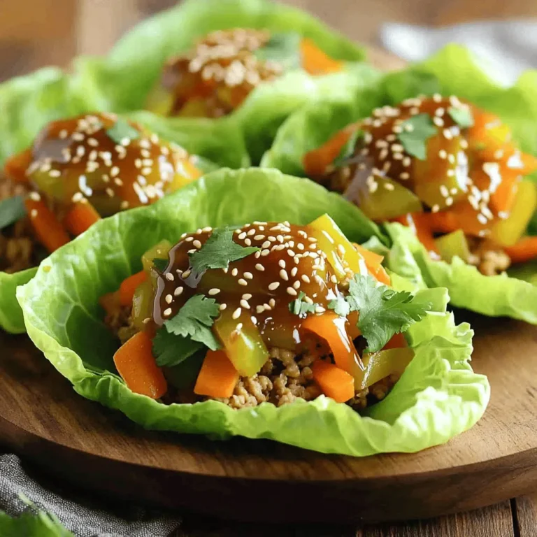 - 1 lb ground chicken - 2 tablespoons sesame oil - 2 cloves garlic, minced - 1 tablespoon fresh ginger, minced - 1 cup bell pepper, finely diced (choose red or yellow for visual appeal) - 1 cup shredded carrots - 1/4 cup green onions, sliced - 1/4 cup soy sauce (or tamari for a gluten-free option) - 1 tablespoon rice vinegar - 1 tablespoon honey To make these savory sesame chicken lettuce wraps, gather fresh ingredients. Freshness makes a huge difference in taste. Ground chicken is the star here. It cooks quickly, absorbing all the flavors. Sesame oil brings a nutty aroma that enhances the dish. Garlic and ginger add depth, making each bite flavorful. For vegetables, bell peppers and carrots add crunch and color. Choose red or yellow bell peppers for a brighter dish. Green onions contribute a mild onion flavor, giving a fresh finish. Finally, the sauce combines soy sauce, rice vinegar, and honey. This mix balances saltiness and sweetness. Each ingredient plays a key role, creating a delightful wrap. For the full recipe, check the complete guide above. To start, heat the sesame oil in a large skillet over medium heat. When the oil shimmers, add the minced garlic and ginger. Sauté them for about 30 seconds until they smell great. Be careful not to burn them. Once fragrant, raise the heat to medium-high. Add the ground chicken next. Cook it while breaking up large chunks. This should take about 5-7 minutes. The chicken should be browned and cooked all the way through. Now, it's time to add some color and crunch. Stir in the finely diced bell pepper and shredded carrots. Keep cooking for another 3-4 minutes. You want the veggies to soften a bit but still stay crisp. In a small bowl, mix the soy sauce, rice vinegar, honey, cornstarch, and water. Whisk until smooth. Pour this sauce over the chicken and veggies in the skillet. Stir well so everything gets coated evenly. Let it simmer for 2-3 minutes. This will thicken the sauce. When it’s ready, gently fold in the sliced green onions. Now you're ready to assemble your wraps! For the full recipe, click here. Enjoy every bite of these savory sesame chicken lettuce wraps! To avoid burnt garlic and ginger, watch your heat. Keep it medium when adding them to the oil. Stir them often until they smell good, but don’t let them turn dark. Dark bits can taste bitter. To ensure the chicken is fully cooked, break it into smaller pieces as it cooks. Look for a light brown color and no pink inside. Use a meat thermometer if you want to check. The chicken should reach 165°F. For a fun presentation, lay the lettuce wraps on a big plate. Arrange them in a circle or a line. This makes them look fancy. Sprinkle extra sesame seeds on top for a nice touch. You can also enhance flavor with optional garnishes. Chopped cilantro adds a fresh taste. A small bowl of soy sauce on the side lets your guests dip their wraps. You can prep ingredients in advance. Chop the bell pepper and carrots the night before. Store them in a container in the fridge. This saves time when you cook. For reheating, warm the chicken mixture in a skillet on low heat. Stir it gently until hot. This keeps the chicken juicy and tasty. If you made too much, just follow the full recipe to enjoy leftovers later! {{image_4}} You can easily adapt this recipe for dietary needs. For a gluten-free option, swap soy sauce for tamari. Tamari has the same rich flavor but is safe for those avoiding gluten. If you prefer a vegetarian meal, use mushrooms or tofu instead of ground chicken. Both options add a nice texture and absorb flavors well. Add spices to give your wraps a kick. A pinch of red pepper flakes or some chopped fresh chili can make a big difference. You could also try different sauces. For example, sriracha or hoisin sauce can change the taste profile. Experimenting with flavors keeps the dish exciting. While lettuce is the classic wrap, you can get creative. Try using other types of lettuce like iceberg or even collard greens. They add different textures and flavors. Another fun idea is to serve the chicken mixture over rice instead of in wraps. This way, you can enjoy it as a hearty rice bowl. To keep your sesame chicken wraps fresh, store them in the fridge. Use an airtight container to prevent moisture loss. The wraps can stay fresh for about 3 days. After that, you might notice a decline in quality and taste. You can also freeze the chicken mixture for longer storage. Place it in a freezer-safe bag, removing as much air as possible. This way, it can last up to 3 months in the freezer. When ready to eat, thaw it overnight in the fridge. To reheat, use a skillet over medium heat until hot. To refresh the dish, warm the chicken mixture gently. You can add a splash of soy sauce or sesame oil to boost flavor. If you have extra lettuce, use it to make new wraps. You can also mix the chicken with rice or quinoa for a hearty meal. This way, you can enjoy leftovers in a fun, new way. The best lettuce for wraps is butter or romaine. These types are crisp and sturdy. Their leaves hold the filling well and add a nice crunch. Butter lettuce has a soft texture, while romaine is a bit firmer. Both options offer a fresh taste that enhances your wraps. Yes, you can use ground turkey instead of chicken. Ground turkey offers a lighter flavor and lower fat content. The texture is similar, so your wraps will still be delicious. Just keep in mind that the cooking time might change slightly. Make sure the turkey is fully cooked for safety. To add heat to your wraps, try these tips: - Mix in some red pepper flakes when cooking the chicken. - Use Sriracha or chili paste in the sauce. - Add sliced jalapeños to the filling for extra kick. These options allow you to customize the spice level to your taste. Enjoy experimenting! This post explored making delicious ground chicken wraps. You learned about the key ingredients like sesame oil, garlic, and ginger. I shared step-by-step instructions to cook chicken and mix in fresh vegetables. You also got tips on cooking and serving to make every wrap shine. Finally, there are great storage and recipe variations to try. Now you have all you need to create tasty, fun wraps that everyone will love. Enjoy your cooking adventure!
