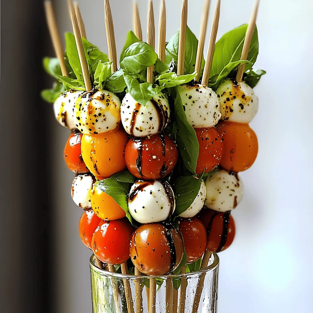 To make a great Caprese salad skewer, you need fresh ingredients. Here’s what you will need: - 20 cherry tomatoes, ripe and vibrant - 20 fresh basil leaves, whole - 20 small mozzarella balls (bocconcini), drained - 2 tablespoons balsamic glaze, for drizzling - 1 tablespoon extra virgin olive oil, for flavor - Sea salt and freshly ground black pepper, to taste - Skewers (7-inch or 10-inch), bamboo or metal These ingredients create a fresh and colorful dish. The sweet tomatoes, fragrant basil, and creamy mozzarella blend perfectly. To take your skewers up a notch, consider adding some extras: - Crushed red pepper flakes for a spicy kick - Pesto for a rich, herby flavor - Prosciutto slices for a savory touch These additions can make your dish more unique and exciting. Try mixing and matching to find your favorite flavor. Don’t have everything on hand? No worries! Here are some easy swaps: - Grape tomatoes instead of cherry tomatoes - Fresh mozzarella for pre-packaged mozzarella balls - Spinach leaves instead of basil These substitutes will still give you a tasty Caprese skewer. Feel free to get creative based on what you have. For the full recipe, check out the details above. To start, gather your skewers. If you have wooden skewers, soak them in water for about 10-15 minutes. This step stops them from burning. Next, wash your cherry tomatoes and fresh basil leaves under cold water. After rinsing, gently dry them with a paper towel. This ensures your ingredients are clean and ready. Now, it’s time to assemble the skewers. Grab a skewer and thread on a cherry tomato first. Then, add a fresh basil leaf on top of the tomato. Follow this with a mozzarella ball, making sure it fits snugly. Repeat this pattern two more times. You should have three sets of each ingredient on the skewer. Leave some space at both ends for easy handling. Once your skewers are ready, place them on a serving platter. Make them stand upright for a great look. Drizzle balsamic glaze over the skewers to add flavor and visual appeal. Next, add a drizzle of extra virgin olive oil. This adds richness to your dish. Finally, sprinkle sea salt and freshly ground black pepper to taste. If you want a little heat, add crushed red pepper flakes for a spicy kick. For the full recipe, check out Caprese Salad Skewers Delight. To make great Caprese salad skewers, start with fresh ingredients. Use ripe cherry tomatoes and soft mozzarella balls. Fresh basil leaves add aroma and taste. Soak wooden skewers in water for 15 minutes to prevent burning. This small step ensures your skewers hold up during cooking. When threading, alternate the ingredients. This creates a colorful and tasty mix. Aim for 3 sets of each item on the skewer. This balance gives each bite a burst of flavor. For a stunning display, stand the skewers upright in a tall glass. This adds height and interest to your table. You can also arrange them on a platter. Use fresh basil leaves as a garnish for extra flair. Drizzle balsamic glaze over the skewers for a glossy finish. Offer a small dish of extra glaze nearby for dipping. This invites guests to taste and enjoy. Creating a beautiful presentation enhances the experience of your Caprese salad skewers. Pair your skewers with the right flavors to enhance taste. A splash of balsamic glaze adds sweetness and tang. Extra virgin olive oil gives richness and depth to each bite. You can add a sprinkle of sea salt and freshly ground black pepper. These simple seasonings highlight the fresh flavors. For a spicy kick, try crushed red pepper flakes. This adds heat and excitement to the dish. Remember, the goal is to balance flavors for a delightful taste. {{image_4}} You can switch up the ingredients for your Caprese skewers. Try using different tomatoes, like grape or heirloom. For cheese, you can use feta or goat cheese. If you want a twist, add prosciutto or salami. You can also include olives or artichokes for more flavor. Caprese skewers fit many events. For a picnic, pack them in a container. For a fancy party, arrange them on a large platter. You can also serve them in small cups for easy grabbing. At a barbecue, place them on the grill for a smoky taste. Change the flavors with the seasons. In summer, use ripe tomatoes and fresh basil. In fall, add roasted squash or pumpkin. In winter, try using sun-dried tomatoes and arugula. In spring, fresh peas and radishes can add a nice crunch. These ideas keep your Caprese skewers fresh and exciting all year long. After enjoying your Caprese salad skewers, store any leftovers in an airtight container. This keeps them fresh for later. Refrigerate the container immediately. The skewers stay good for about 2 days. The longer they sit, the less fresh they become. To keep your ingredients fresh, store each item separately. Place cherry tomatoes in a cool, dry spot. Keep mozzarella balls in water or in a sealed bag. Store basil leaves in a glass of water on the counter. Cover the leaves with a plastic bag. This method helps them stay vibrant. You usually serve Caprese skewers cold. If you want to warm them, do it gently. Use a microwave for a few seconds. Avoid overheating, as this can ruin the flavors and textures. If you prefer, you can enjoy them straight from the fridge, too! Caprese salad skewers can last about two days in the fridge. Keep them in an airtight container. The tomatoes and cheese stay fresh longer this way. However, they taste best when eaten fresh. Yes, you can make Caprese skewers in advance. Prepare them a few hours before serving. They stay tasty for a short time, but the basil may wilt slightly. To keep them fresh, store them in the fridge until ready to serve. Serve Caprese salad skewers on a large platter. You can arrange them upright in a glass for a fun touch. Drizzle balsamic glaze over the skewers right before serving. Add a sprinkle of salt and pepper for extra flavor. For the full recipe, check out the ingredients and steps above. This dish is simple, fresh, and bursting with flavor! We explored how to make classic Caprese salad skewers. You learned about key ingredients, including optional ones for added flavor. I gave you step-by-step instructions for preparation and assembly, plus tips for perfecting your skewers. Variations let you customize your dish for any occasion. Finally, I shared storage tips to keep your leftovers fresh. Enjoy making these skewers, and have fun experimenting with flavors!