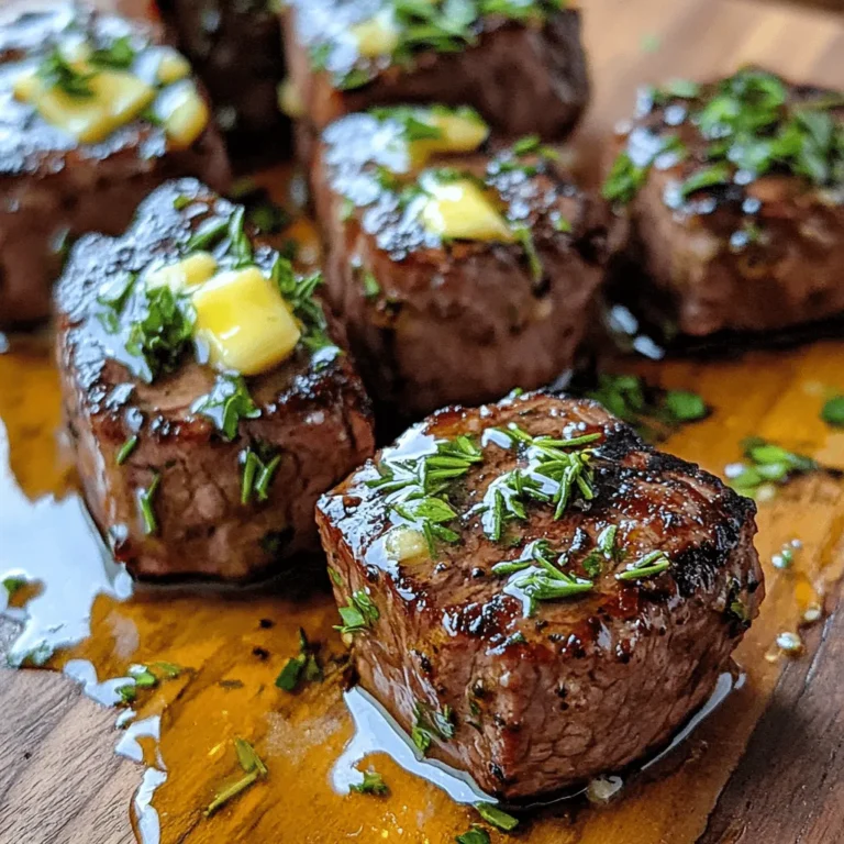 To make garlic butter steak bites, you need a few key ingredients. Here’s what you’ll need: - 1 lb sirloin steak, cut into bite-sized cubes - 4 tablespoons unsalted butter - 4 cloves garlic, minced - 1 teaspoon fresh rosemary, finely chopped - 1 teaspoon fresh thyme, finely chopped - Salt and freshly ground pepper, to taste - 1 tablespoon extra virgin olive oil - Fresh parsley, chopped, for garnish These ingredients come together to create a rich, buttery flavor that enhances the steak. The sirloin steak offers a nice balance of tenderness and taste. The butter and garlic add depth, while the herbs bring freshness. While the essential ingredients shine on their own, you can add a few optional items for more flavor. Consider using: - Red pepper flakes for heat - Lemon juice for brightness - A splash of Worcestershire sauce for depth - Fresh chives or green onions for extra garnish These additions can help you customize your dish to suit your taste. They can elevate the flavors and make your meal even more enjoyable. Choosing the right steak is key to great garlic butter steak bites. Here are some tips for selection: - Look for marbling: Marbling is the fat within the meat. It adds flavor and keeps the steak juicy. - Choose fresh cuts: Fresh steak should be bright red and firm to the touch. Avoid any steaks that look dull or have brown spots. - Opt for quality: If possible, select grass-fed or organic beef. These options often taste better and are more sustainable. By following these tips, you can ensure your steak bites are tender and full of flavor. Cooking with quality ingredients makes a big difference! For the complete recipe, check out the [Full Recipe]. Start with the sirloin steak. Cut it into bite-sized cubes. Use paper towels to pat the steak dry. This helps the steak sear better. If the steak is wet, it will steam instead of sear. Next, season all sides of the steak with salt and freshly ground pepper. Make sure every piece is coated well. This adds great flavor to every bite. Heat a large skillet over medium-high heat. Add a tablespoon of extra virgin olive oil. Wait until the oil shimmers. Carefully add the steak bites in a single layer. Don’t crowd the pan. Let them cook undisturbed for 2-3 minutes. This helps create a nice crust. After that, flip the steak bites with tongs. Cook for another 2-3 minutes for medium-rare. Adjust the time if you want it more done. Once they are cooked to your liking, set the steak bites aside on a plate. In the same skillet, reduce the heat to medium. Add 4 tablespoons of unsalted butter and let it melt. Once melted, add 4 minced garlic cloves along with 1 teaspoon of finely chopped rosemary and thyme. Sauté for about 1-2 minutes. Keep stirring to prevent the garlic from burning. The smell will be amazing! Now, return the steak bites to the skillet. Toss them in the garlic butter until well-coated. Heat them through for about one minute. This step makes the bites super flavorful. Don’t forget to check out the Full Recipe for more details! To get a great sear, start with dry steak. Use paper towels to pat your sirloin steak cubes dry. A dry surface helps form a crust. Next, heat your skillet on medium-high. Add oil when the pan is hot. Place the steak in a single layer. Do not move them for 2-3 minutes. This helps lock in flavor and juices. Flip them and repeat for another 2-3 minutes. Cooking times can change based on your taste. For rare steak, cook for about 2 minutes on each side. For medium-rare, aim for 3 minutes per side. If you want medium, cook for about 4 minutes per side. Use a meat thermometer for best results. A temperature of 130°F is perfect for medium-rare. Adjust based on your preference. You will need a few simple tools. A large skillet works best for searing. Use a spatula or tongs to flip the steak. A meat thermometer is great for checking doneness. Have a cutting board ready for resting the meat. Finally, don’t forget your paper towels to dry the steak. For the full recipe, check out the savory garlic butter steak bites section. {{image_4}} If you love heat, add some red pepper flakes to the garlic butter. Start with a pinch and taste. You can also use diced jalapeños or chipotle peppers for a smoky kick. These spicy additions will make your garlic butter steak bites pop with flavor. Feel free to swap out the herbs! Basil and oregano can give your dish an Italian twist. For a fresh taste, try cilantro or dill. You can also mix in some sage for an earthy note. The right herbs can change the whole vibe of your meal. Serve your garlic butter steak bites on a platter with toothpicks for easy eating. Pair them with a fresh salad or garlic bread for a complete meal. They also go well with roasted vegetables or creamy mashed potatoes. For a fun twist, try them in tacos with fresh salsa. This will keep your meal exciting and delicious. For the complete recipe, check the Full Recipe section. To keep your garlic butter steak bites fresh, follow these steps. First, let them cool to room temperature. Next, place the steak bites in an airtight container. Make sure to layer them with parchment paper to prevent sticking. Store them in the fridge for up to three days. If you have the garlic butter sauce left, keep it in a small container as well. Reheating your garlic butter steak bites properly is key to keeping them tasty. You can use a skillet on low heat. Add the steak bites and a splash of water or broth to help steam them. Cover the skillet to keep moisture in. Heat for about 5 minutes, stirring gently. This way, the bites stay juicy and flavorful. If you want to save your garlic butter steak bites for later, freezing is a great option. Place the cooled steak bites in a freezer-safe bag. Try to remove as much air as possible to prevent freezer burn. You can freeze them for up to three months. When you are ready to eat, thaw them in the fridge overnight. Then, reheat them using the tips above for the best taste. For the full recipe, check the earlier section. The best cut of steak for garlic butter steak bites is sirloin. Sirloin is tender and flavorful. It cooks quickly, which is perfect for this recipe. You can also use ribeye or tenderloin for a richer taste. Each cut brings its own unique flavor and texture. Sirloin offers a good balance between taste and cost. Yes, you can use different cooking methods. While pan-searing gives a great crust, you can grill or broil the steak bites. Grilling adds a nice smoky flavor. Broiling cooks them quickly and evenly. You can also use an air fryer for a healthier option. Just adjust the cooking times based on your method. Garlic butter steak bites go well with many side dishes. Here are some great options: - Mashed potatoes: Creamy and comforting. - Steamed vegetables: Fresh and colorful. - Rice pilaf: Fluffy and flavorful. - Garlic bread: Perfect for soaking up sauce. - Salad: Light and refreshing. These sides enhance the meal and add balance to the rich flavors of the steak. For more ideas, check out the Full Recipe. This blog post covered everything you need for delicious garlic butter steak bites. I shared must-have ingredients, handy cooking tips, and ways to store leftovers. We also talked about fun flavor variations, cooking methods, and side dish pairings. Remember, the right cut of steak and perfect sear make all the difference. Enjoy making this dish your own. The joy of cooking comes from creativity in the kitchen, and these bites are sure to impress.