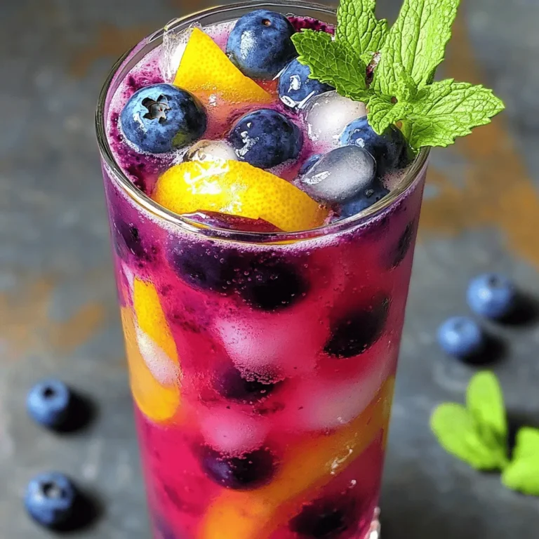 - Fresh blueberries - Meyer lemons - Sparkling water - Honey or agave syrup - Fresh mint leaves - Ice cubes To make this refreshing Meyer Lemon Blueberry Refresher, you need a few simple ingredients. Start with fresh blueberries. They provide a sweet and juicy base. Next, grab some Meyer lemons. Their unique flavor is sweeter than regular lemons. Sparkling water adds a bubbly twist. It keeps the drink light and fun. You can sweeten the refresher with honey or agave syrup. This adds a nice touch of sweetness. Fresh mint leaves give a burst of freshness. Lastly, ice cubes make the drink cold and refreshing. To find the exact amounts for these ingredients, check out the Full Recipe. This drink is perfect for hot days or any time you want a tasty treat. - Step 1: Blending the blueberries and lemon juice Start by adding the fresh blueberries and Meyer lemon juice to your blender. Blend on high for about 30 seconds. You want a smooth mix, with no chunks. - Step 2: Straining the mixture Next, grab a fine mesh sieve and place it over a large pitcher. Pour the blended mix into the sieve. Use a spatula to press down on the solids. This helps you get all the juice, leaving the skins and seeds behind. - Step 3: Sweetening the juice Once you have strained the juice, it’s time to add sweetness. Pour in the honey or agave syrup. Stir well until it dissolves fully. You can taste it now. Adjust the sweetness if needed. - Step 4: Combining with sparkling water Slowly pour the chilled sparkling water into the pitcher. Gently stir the mix to keep the bubbles. This step is key for that fizzy, refreshing feel. - Step 5: Serving the refresher To serve, fill each glass with ice cubes. Pour the Meyer lemon blueberry drink over the ice. Watch the colors mix; it’s a treat for the eyes! - Step 6: Garnishing for presentation For a final touch, add fresh mint leaves and a few whole blueberries on top. This not only looks great but adds a lovely aroma too. For the complete recipe, refer to the [Full Recipe]. - Choosing ripe blueberries: Look for firm, plump blueberries with a deep blue color. Avoid any that are soft or shriveled. Ripe blueberries are sweeter and have more flavor. - Adjusting sweetness levels: Start with the 1/4 cup of honey or agave. Taste the mixture after stirring. If it’s not sweet enough, add more. Remember, you can always add but can't take away! - Balancing acidity with honey/agave: Meyer lemons are sweeter than regular lemons. This means they need less sweetener. If the drink tastes too tart, add a bit more honey or agave. Adjust until you find the perfect balance. - Best glassware for serving: Use clear glasses to show off the vibrant colors of your drink. Tall glasses or mason jars work great. They make the drink look appealing and refreshing. - Pairing with snacks or meals: This refresher pairs well with light snacks. Think about cheese platters, fruit salads, or even light seafood dishes. The bright flavors will enhance your meal. {{image_4}} You can get creative with sweeteners. Instead of honey, try maple syrup or coconut sugar. Each will change the flavor a bit but will keep it sweet. If you have regular lemons on hand, use them too. Just remember, regular lemons are more tart. You may want to add a bit more sweetener to balance that out. Want to spice things up? Add fresh herbs like basil or rosemary for a twist. They add a nice depth. You could also toss in other fruits. Strawberries or raspberries mix well with the blueberry and lemon flavors. If you want something unique, try infusing it with ginger or a splash of vanilla. This can give your refresher an exciting new taste. Check out the [Full Recipe] for more details on how to make this drink. Your Meyer lemon blueberry refresher is best fresh, but it can last in the fridge for about 2 to 3 days. After that, the flavors may fade. To store the leftover mixture, pour it into an airtight container. This keeps air out and helps maintain that bright taste. You can also separate the solid fruit bits from the liquid. This way, the mixture stays fresher longer. You can freeze this refresher for a cool treat later. One fun way is to make blueberry lemon ice cubes. Pour the mixture into an ice cube tray and freeze until solid. These cubes will add a burst of flavor to your drinks when you use them. If you want to save the refresher itself, pour it into a freezer-safe container. Leave some space at the top for expansion. When you want to enjoy it again, just thaw it in the fridge overnight. This method helps keep the flavors intact, so you can sip it like it's fresh. Check out the Full Recipe for more details on making this refreshing drink. Yes, you can make this recipe ahead of time. I suggest preparing the mixture and storing it in the fridge. Keep the sparkling water separate until you are ready to serve. This way, it stays bubbly and fresh. To make a non-alcoholic version, simply skip any alcohol. The recipe is already refreshing without it. Focus on the tasty mix of Meyer lemon and blueberry flavors. It will still be delicious and satisfying. Absolutely! You can adjust the sweetness level easily. If you prefer it sweeter, add more honey or agave syrup. Start with a small amount and taste as you go. This way, you can find the perfect balance for your drink. Meyer lemons are rich in vitamin C. They help boost your immune system. Blueberries are packed with antioxidants and vitamins. They support heart health and improve brain function. Together, they make a tasty and healthy drink. Enjoy the flavors and the benefits! You learned how to make a refreshing blueberry lemon drink using simple ingredients. Preparation takes just a few steps: blend, strain, sweeten, combine, serve, and garnish. Remember to choose ripe blueberries and adjust sweetness for the best taste. You can store leftovers in the fridge or freeze them for later. Feel free to explore variations by swapping ingredients or adding new flavors. Enjoy this tasty drink with snacks or meals, and share it with friends. Making this drink is fun and rewarding!