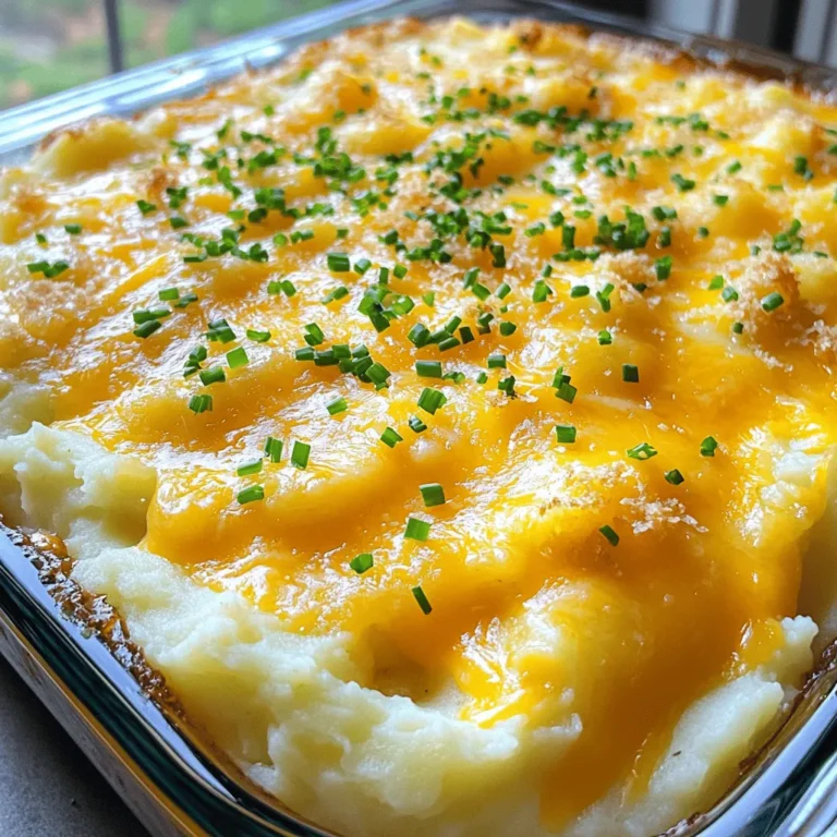- 4 large russet potatoes - 1/2 cup unsalted butter - 1 cup sour cream - 1 cup shredded sharp cheddar cheese - 1/2 cup whole milk - 1/4 cup fresh chives - 1 teaspoon garlic powder - 1 teaspoon onion powder - Salt and freshly ground black pepper - 1/2 cup breadcrumbs (optional) - Extra shredded cheese for topping (optional) The key to a great cheesy mashed potato casserole starts with the right potatoes. I prefer russet potatoes for their fluffy texture. You want to peel and chop them into 1-inch cubes for even cooking. Next, unsalted butter adds rich flavor. I like to use room temperature butter for easy mixing. Sour cream brings a nice creaminess and tang. Make sure to choose full-fat for the best taste. Sharp cheddar cheese is a must for that cheesy goodness. You can add extra cheese on top for a delicious crust. Whole milk makes the mixture smooth. If you want a fresh touch, don’t skip the chives. Seasoning is key. Garlic powder and onion powder enhance the flavor. Adjust salt and pepper to your taste. If you want a crunchy topping, breadcrumbs are perfect. You can also add more cheese on top for extra indulgence. - Alternatives to russet potatoes: Yukon gold potatoes work well if you want a creamier texture. - Dairy-free options for sour cream and cheese: Use cashew cream or vegan sour cream. Nutritional yeast can replace cheese for a cheesy flavor. - Topping alternatives: Try crushed crackers or cornflake crumbs for a different crunch. For more detailed steps, check the Full Recipe. To start, you need 4 large russet potatoes. First, peel them and cut them into 1-inch cubes. Next, place the potato cubes in a large pot. Add enough salted water to cover them by 1 inch. Bring the water to a boil over medium-high heat. Cook the potatoes until they are fork-tender, which takes about 15-20 minutes. Once they are done, drain the potatoes well and return them to the pot. Now, we’ll create a creamy mixture. Add 1/2 cup of unsalted butter to the potatoes. Then, mix in 1 cup of sour cream, which gives it a rich flavor. Pour in 1/2 cup of warmed whole milk to make it smooth. Season the mixture with 1 teaspoon of garlic powder and 1 teaspoon of onion powder. Don’t forget to add salt and pepper to taste. Use a potato masher or a hand mixer to mash everything until it is creamy and smooth. Next, let’s make this dish cheesy! Carefully fold in 1 cup of shredded sharp cheddar cheese and 1/4 cup of finely chopped chives. These add great flavor and color. Preheat your oven to 375°F (190°C) while you prepare the casserole dish. Lightly grease a 9x13 inch dish with cooking spray or butter. Spoon the cheesy mashed potato mixture into the dish and spread it evenly. If you like a crunchy top, sprinkle 1/2 cup of breadcrumbs over the surface. For more cheesy goodness, add extra shredded cheese on top. Finally, place the casserole in the preheated oven. Bake it for 25-30 minutes or until the top turns golden brown and the edges bubble. Once baked, let it cool for about 5 minutes, and then enjoy your delicious cheesy mashed potato casserole! You can find the full recipe for detailed steps. To get that smooth and creamy texture in your cheesy mashed potato casserole, start with boiling your potatoes correctly. Cut the russet potatoes into 1-inch cubes. This size cooks evenly and quickly. Boil them in salted water for 15 to 20 minutes. You want them fork-tender but not mushy. After draining the potatoes, return them to the pot. This helps steam escape, which keeps them from being watery. Use a potato masher or hand mixer to mash them. I recommend mashing them while they are still hot. Adding room temperature ingredients, like butter and sour cream, helps blend smoothly. Cold ingredients can make the mash clumpy. Seasoning is key to a great cheesy mashed potato casserole. Start with salt and pepper, but feel free to adjust. Garlic powder and onion powder add depth. You can also mix in fresh herbs like rosemary or thyme for extra flavor. A pinch of paprika can add a nice kick too. Experiment with different spices. Fresh chives add a nice touch and enhance the visual appeal. You can also try adding a bit of cream cheese for richness. It makes the texture even creamier and adds a new flavor layer. When it comes to serving, presentation matters. Use a spatula to scoop neat squares from the casserole dish. This makes it look good on the plate. You can garnish with more chives on top for color. Pair your cheesy mashed potato casserole with a variety of main dishes. It goes well with roast chicken, grilled steak, or baked fish. A crisp side salad can balance the richness of the dish. For a comforting meal, serve with a hearty meatloaf or barbecue ribs. {{image_4}} You can play with cheese in this dish. Mixing in different types of cheese adds fun flavors. Try mozzarella for a stringy texture or gouda for a smoky kick. Adding cream cheese makes it rich and creamy. This small change can elevate the dish to new heights. Incorporating veggies makes it healthier and adds color. Spinach or broccoli can be mixed in before baking. They blend well with cheese and potatoes. You can also add cooked bacon or ham. These meats bring extra flavor and heartiness to the casserole. If you want a lighter option, consider lower-calorie substitutes. Use Greek yogurt instead of sour cream. You can swap butter with olive oil. For a vegan version, use plant-based cheese and nut milk. These options still give you that cheesy goodness without the guilt. Store leftover cheesy mashed potato casserole in a sealed container. This keeps it fresh. It lasts in the fridge for about three to four days. When ready to enjoy, simply reheat portions in the microwave or oven. To freeze the casserole, let it cool completely. Then, wrap it tightly in plastic wrap and place it in a freezer-safe bag. This method helps prevent freezer burn. The casserole can stay frozen for up to three months. When you're ready to eat, thaw it in the fridge overnight. Reheat in the oven at 350°F (175°C) until hot. Cover with foil to keep it moist and prevent drying. You can make this casserole ahead of time. Prepare it up to the baking step and store it in the fridge. This works well for busy days. When you’re ready to bake, just pop it in the oven. To reheat without losing quality, add a splash of milk before warming, and cover it to keep it creamy. Enjoy your tasty, cheesy dish any day! Yes, you can prepare the casserole a day before. Just follow these steps: - Cook the potatoes and mash them as usual. - Mix in all your ingredients, then spread in a greased dish. - Cover tightly with plastic wrap or foil. - Refrigerate until you're ready to bake. - Bake it the next day. You may need to add a few extra minutes to heat through. This casserole pairs well with many dishes. Here are some ideas: - Roasted chicken for a hearty meal. - Grilled steak adds a nice touch. - Steamed vegetables bring color and nutrition. - Salad for a fresh contrast to the creamy casserole. Leftovers can be fun! Here are some ideas to give them new life: - Make potato cakes: Form the leftovers into patties, then pan-fry until golden. - Stuff baked potatoes: Scoop out a baked potato and fill it with leftover casserole. - Casserole soup: Mix it with broth and heat for a creamy soup. For the complete recipe with all details, check the [Full Recipe]. In this post, I shared a delicious cheesy mashed potato casserole recipe. We covered essential ingredients for a creamy texture and flavorful taste. I also offered helpful tips on variations, storage, and serving suggestions. You can easily customize this dish to your liking or dietary needs. As you enjoy this recipe, remember that cooking is about creativity. So, feel free to experiment and make it your own! Happy cooking!