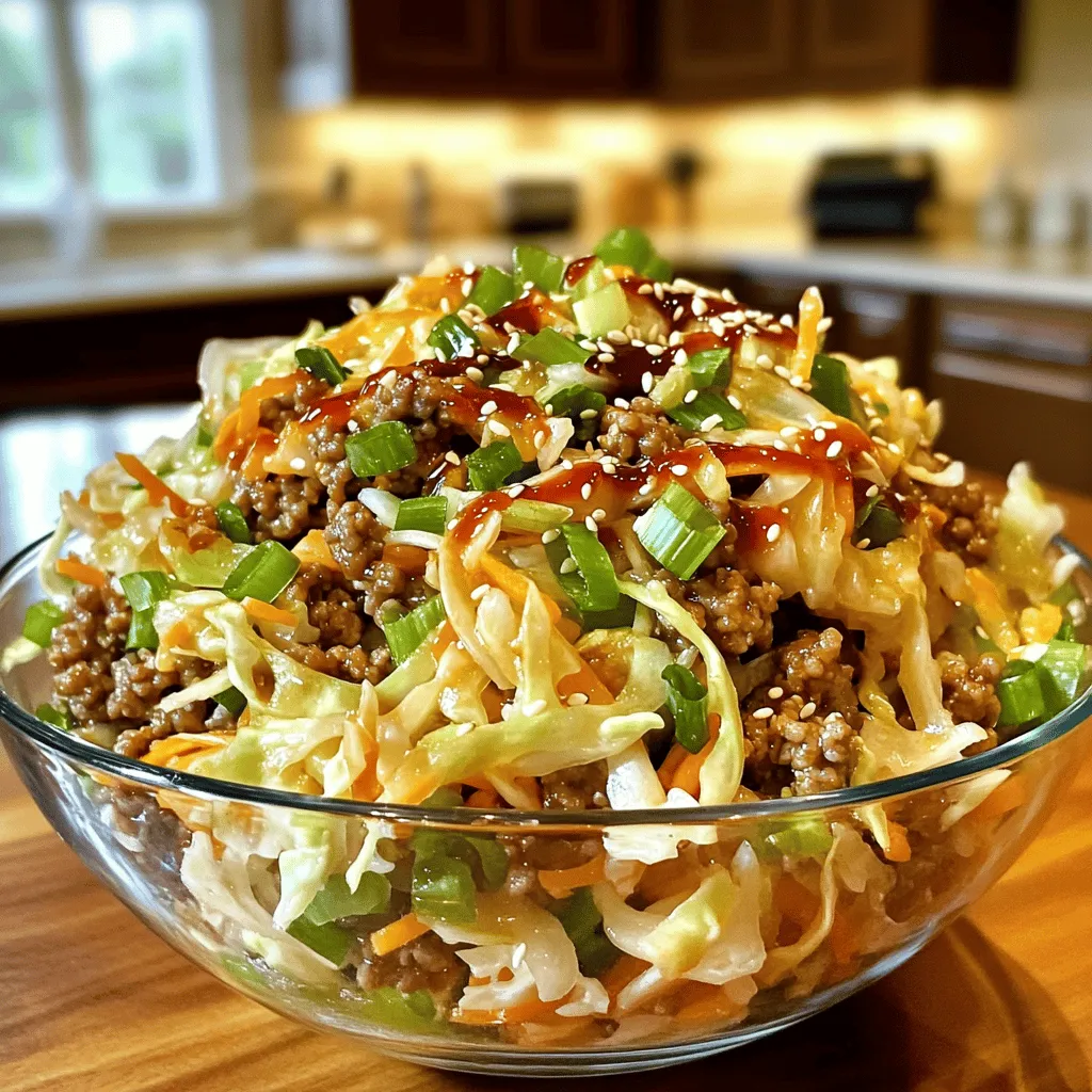 - 1 pound ground turkey or chicken - 3 cups coleslaw mix (shredded cabbage and carrots) - 4 green onions, thinly sliced - 2 cloves garlic, finely minced - 1 tablespoon fresh ginger, finely grated - 3 tablespoons low-sodium soy sauce - 1 tablespoon rice vinegar - 1 teaspoon Sriracha (adjust according to spice preference) - Salt and freshly ground black pepper to taste - Toasted sesame seeds, for garnish - Lime wedges Egg Roll in a Bowl is simple to make. You need just a few fresh ingredients. Ground turkey or chicken serves as a great protein base. I love using coleslaw mix for crunch and color. Green onions add a nice zing, while garlic and ginger give it depth. For the sauce, low-sodium soy sauce keeps it savory without too much salt. Rice vinegar adds brightness, and Sriracha brings heat. You can adjust the spice to your taste. Finally, toasted sesame seeds and lime wedges make it pretty. They also add extra flavor. This meal is full of taste and fun to eat. You can find the Full Recipe to guide you through. 1. First, grab a large skillet or wok. 2. Heat 1 tablespoon of sesame oil over medium-high heat. Look for it to shimmer. 3. Next, add 1 pound of ground turkey or chicken. Use a spatula to break it up. 4. Cook for about 5 to 7 minutes. Make sure the meat is fully browned. 1. Once the meat is cooked, add 2 cloves of minced garlic and 1 tablespoon of grated ginger. 2. Stir this mixture for about 30 seconds. You want it to smell good. 3. Toss in 3 cups of coleslaw mix. This is shredded cabbage and carrots. 4. Stir continuously for 3 to 4 minutes. The veggies should wilt but still be crunchy. 1. In a small bowl, mix together 3 tablespoons of soy sauce, 1 tablespoon of rice vinegar, and 1 teaspoon of Sriracha. 2. Pour this sauce over the meat and veggies. Stir well to coat everything. 3. Season with salt and black pepper to taste. Let it cook for one more minute. 4. Remove from heat and fold in 4 sliced green onions. This adds a fresh touch. 5. Serve hot, and sprinkle with toasted sesame seeds for a nice crunch. For the full recipe, check out the details above. Enjoy your Egg Roll in a Bowl! - Choosing the right protein: I often use ground turkey or chicken. Both are lean, tasty, and cook well. You can also try pork or tofu for a different flavor. Just keep the cooking time in mind. - Ensuring veggies maintain crunch: To keep the veggies crisp, add them right before the meat is fully cooked. Stir them in and cook for only a few minutes. This way, they stay bright and crunchy. - Adjusting spice levels: If you like heat, add more Sriracha. Start with one teaspoon and taste as you go. You can always add more, but you can't take it out! - Incorporating additional vegetables: Feel free to add more vegetables to your dish. Bell peppers, snap peas, or broccoli all work great. Just slice them thinly and toss them in with the coleslaw mix. - Serving suggestions: Serve your egg roll in a bowl in clear bowls. This shows off the colorful veggies and meat. You can also add a lime wedge on the side for a burst of flavor. - Best types of bowls and garnishes: Use deep bowls to hold all the ingredients. A sprinkle of toasted sesame seeds adds a nice crunch on top. You can also add fresh cilantro for a pop of color and flavor. For the complete recipe, check out the Full Recipe section. {{image_4}} You can switch from ground chicken to ground turkey. Turkey has less fat. This small change keeps the dish light and healthy. You can also try low-carb options. Use cauliflower rice instead of coleslaw mix. This change lowers the carbs and adds a new twist. Sauces can change the taste a lot. Instead of soy sauce, try tamari for a gluten-free option. You can add hoisin sauce for a sweeter flavor. Experiment with spices and herbs too. Add red pepper flakes for heat or fresh cilantro for a fresh taste. For a vegan dish, swap the meat for tofu or tempeh. Both options provide protein and texture. You can also add more veggies. Try bell peppers, snap peas, or mushrooms for extra flavor and crunch. These swaps keep the dish tasty while meeting different diets. For the complete preparation guide, check the Full Recipe. To keep your Egg Roll in a Bowl fresh, start by refrigerating any leftovers. First, let the dish cool down to room temperature. Then, place it in an airtight container. This helps maintain flavor and texture. You can store it in the fridge for up to four days. If you want to save it for longer, freezing is a great option. Use a freezer-safe container or a heavy-duty zip-top bag. Make sure to remove as much air as possible. This prevents freezer burn. Label the container with the date. Egg Roll in a Bowl can last up to three months in the freezer. When you’re ready to enjoy your leftovers, reheating is key. The best method is using a skillet on the stove. Heat a little oil in the pan over medium heat. Add your dish and stir it often. This keeps the food from sticking and helps it heat evenly. If you choose the microwave, place it in a microwave-safe bowl. Cover it with a damp paper towel. This adds moisture and keeps the dish from drying out. Heat in short bursts, stirring in between. Avoid cooking it too long, as this can make it soggy. Egg Roll in a Bowl stays tasty for about four days in the fridge. If you freeze it, you can keep it for three months. After that, the quality may decline. Always check for off smells or changes in color before eating. With proper storage, you can enjoy this meal multiple times! Egg Roll in a Bowl is a fun, deconstructed version of the classic egg roll. It has all the tasty flavors you love without the hassle of frying. You get ground meat, crunchy veggies, and a savory sauce all in one bowl. Compared to traditional egg rolls, this dish is quicker to make and lighter. It has no fried wrapper, so it’s healthier too. You keep the vibrant taste while skipping the extra calories from frying. Yes, you can make Egg Roll in a Bowl ahead of time. I recommend cooking the meat and veggies in advance. Let the dish cool before storing it in a container. Keep it in the fridge for up to three days. When you’re ready to eat, just reheat it on the stove or in the microwave. This makes your weeknight meals super easy! Egg Roll in a Bowl is tasty on its own. However, it pairs well with several sides. Here are a few options you might enjoy: - Steamed rice or cauliflower rice - Crispy wonton chips - Fresh cucumber salad - Edamame beans These sides add extra texture and flavor, making your meal even better. Many places serve Egg Roll in a Bowl. Look for Asian fusion restaurants or trendy diners. Some popular chains may have their version too. Local Asian markets may also offer this dish. Check their menus to find a delicious option near you. Customizing Egg Roll in a Bowl for meal prep is easy. You can divide the dish into containers for the week. Make sure to keep the sauce separate to avoid sogginess. You can also swap out proteins or veggies. Try using ground beef, tofu, or extra mushrooms. This way, you keep your meals fresh and exciting all week long. Egg Roll in a Bowl is quite flexible. You can make it gluten-free by using tamari instead of soy sauce. For a low-carb option, swap out the coleslaw mix for shredded zucchini. This lets you enjoy the same great taste while sticking to your dietary needs. It’s a dish that everyone can enjoy! For the full recipe, check out the details provided above and get cooking! In this post, we explored the delicious Egg Roll in a Bowl. We covered the key ingredients like ground turkey, coleslaw mix, and flavorful sauces. I provided clear steps for cooking and tips to enhance taste. You learned variations for different diets and storage tips for leftovers. This dish is flexible and fun to make. It fits many tastes and diets. Try it out, and enjoy a quick, tasty meal that's easy to customize!