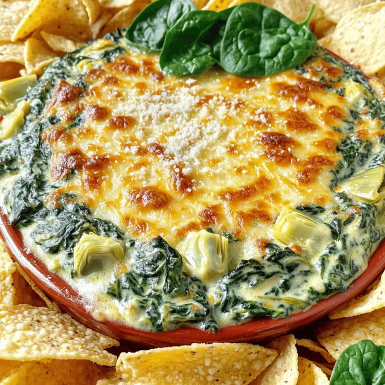 To make Creamy Spinach Artichoke Dip, gather these key ingredients: - 1 cup fresh spinach, finely chopped - 1 cup canned artichoke hearts, rinsed, drained, and roughly chopped - 1 cup cream cheese, softened at room temperature - 1/2 cup sour cream, full-fat for creaminess - 1/2 cup mayonnaise, preferably homemade or high-quality - 1 cup shredded mozzarella cheese, plus extra for topping if desired - 1/2 cup freshly grated Parmesan cheese - 2 garlic cloves, finely minced - 1/2 teaspoon crushed red pepper flakes (optional, for heat) - Salt and freshly cracked black pepper, to taste These ingredients create a rich, creamy base. The blend of cheeses adds depth. Fresh spinach and artichokes bring vibrant flavors. You can add these optional ingredients for extra flair: - 1 teaspoon Worcestershire sauce - 1/4 cup chopped green onions - 1/4 teaspoon smoked paprika - 1/4 cup chopped fresh herbs like parsley or basil These additions boost flavor and freshness. They help you customize the dip to suit your taste. Using quality brands makes a big difference. Here are some I recommend: - Cream Cheese: Philadelphia - Sour Cream: Daisy - Mayonnaise: Hellmann's or Duke's - Mozzarella Cheese: Galbani - Parmesan Cheese: BelGioioso These brands consistently deliver great taste and texture. Using quality ingredients ensures your dip will shine. For the full recipe, check out the details above! Start by gathering all your ingredients. Here’s what you need: - 1 cup fresh spinach, finely chopped - 1 cup canned artichoke hearts, rinsed, drained, and roughly chopped - 1 cup cream cheese, softened - 1/2 cup sour cream - 1/2 cup mayonnaise - 1 cup shredded mozzarella cheese - 1/2 cup grated Parmesan cheese - 2 garlic cloves, finely minced - 1/2 teaspoon crushed red pepper flakes (optional) - Salt and freshly cracked black pepper Wash the spinach well. Chop it finely so it blends nicely. Rinse the artichoke hearts and chop them too. Let the cream cheese sit out to soften. This helps it mix smoothly. In a medium bowl, mix the softened cream cheese, sour cream, and mayonnaise. I use an electric mixer for a smooth blend. You can also use a spatula, but it might take longer. Make sure there are no lumps. Next, add the chopped spinach, artichoke hearts, minced garlic, shredded mozzarella, and grated Parmesan. Stir thoroughly until everything is well mixed. Season with salt and black pepper to taste. If you want a little heat, add the crushed red pepper flakes. Preheat your oven to 375°F (190°C). This step is key for even baking. Transfer the dip mixture to a medium-sized baking dish. Smooth the top with a spatula. Place the dish in the oven and bake for 25 to 30 minutes. Watch for bubbles around the edges and a light golden brown top. When it’s done, take it out and let it cool for 5-10 minutes. This cooling time helps the flavors settle and keeps you from burning your mouth. Now you have a creamy, cheesy dip ready to serve! For the full recipe, check out the details above. To get that rich, creamy texture, use softened cream cheese. This makes mixing easier. Combine it well with sour cream and mayonnaise. You want a smooth base. Adding full-fat sour cream brings a nice depth. It makes the dip thick and lush. Also, don't rush the blending process. Take your time to mix until there are no lumps. I love serving this dip warm. It pairs great with crispy tortilla chips. You can also use fresh bread for dipping. For a healthier option, try veggie sticks like carrots or cucumbers. To make it pretty, sprinkle extra Parmesan on top. A few fresh spinach leaves also add a nice touch. You can prepare this dip a day ahead. Just follow the recipe but don’t bake it yet. Cover the dish well and place it in the fridge. When it’s time to serve, bake it until bubbly and golden. This way, you save time and enjoy the party! For the full recipe, check the earlier section. {{image_4}} You can change the cheese in this dip for fun. Swap mozzarella for gouda for a smoky taste. Try cream cheese with cheddar for a rich flavor. Feta cheese adds a tangy twist. Mixing different cheeses lets you create your own perfect blend. Want some heat? Add jalapeños for a zesty kick. You can use pepper jack cheese for extra spice. A dash of hot sauce or cayenne pepper also works well. Just remember to taste as you go. You can get the heat just right for your group. Add more veggies to boost nutrition. Bell peppers, mushrooms, or sun-dried tomatoes work great. You can even mix in cooked chicken or bacon. These ingredients make the dip heartier and add new flavors. Get creative with what you have on hand. For the full recipe, check out the complete guide to Creamy Spinach Artichoke Dip. To keep your creamy spinach artichoke dip fresh, store it in an airtight container. Make sure to let it cool to room temperature before sealing it. This helps prevent moisture buildup. Store the dip in the fridge for up to three days. If you notice any change in color or smell, it's best to discard it. When you’re ready to enjoy leftovers, reheating them is simple. Preheat your oven to 350°F (175°C). Place the dip in an oven-safe dish. Cover it with foil to keep it moist. Heat for 15-20 minutes, or until it's warm and bubbly. You can also use a microwave. Heat in short bursts, stirring in between, until it reaches your desired warmth. Freezing your creamy spinach artichoke dip is a great way to save it for later. First, let the dip cool completely. Then, transfer it to a freezer-safe container. Make sure to leave some space at the top, as it will expand when frozen. You can freeze it for up to three months. To use, thaw it in the fridge overnight and reheat as needed. This method keeps the flavors intact and ready for your next gathering. For the full recipe, check out the complete instructions above! Yes, you can use frozen spinach. Just make sure to thaw it first. Squeeze out any extra water. This keeps your dip from getting too watery. Serve this dip warm. Pair it with crispy tortilla chips, fresh bread, or veggies. You can also add a sprinkle of extra cheese on top for a nice finish. This dip can last for about 3 to 4 days in the fridge. Store it in an airtight container. Just reheat it before serving for the best taste. Yes, you can make a lighter dip. Use Greek yogurt instead of sour cream and mayonnaise. You can also use low-fat cream cheese. This keeps the flavor while cutting calories. For the full recipe, check out the Decadent Creamy Spinach Artichoke Dip 🥬 section. Enjoy! We explored the essential ingredients, steps, and tips for a tasty Creamy Spinach Artichoke Dip. You can adjust flavors and add your favorite cheeses or spice it up. Storing leftovers or even freezing the dip can help for future use. Don't hesitate to experiment with different vegetables or meats for unique variations. With these insights, you can impress at your next gathering. Enjoy your cooking and happy dipping!