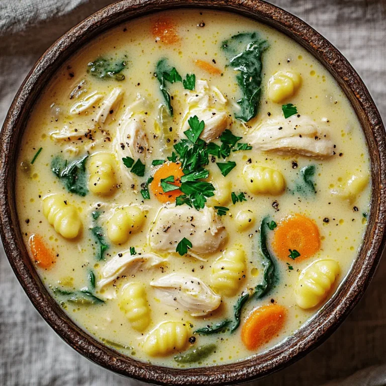 To make a rich and hearty soup, gather these key items: - 1 tablespoon extra virgin olive oil - 1 pound boneless, skinless chicken breast, cut into bite-sized pieces - 1 medium onion, finely chopped - 2 cloves garlic, minced - 3 medium carrots, peeled and diced - 3 celery stalks, diced - 1 teaspoon dried thyme - 1 teaspoon dried oregano - 4 cups low-sodium chicken broth - 1 package (16 ounces) gnocchi (store-bought or homemade) - 1 cup heavy cream - 2 cups fresh spinach, roughly chopped - Salt and freshly ground black pepper, to taste - Fresh parsley, chopped, for garnish These ingredients form the base of your creamy chicken gnocchi soup. The chicken adds protein, while the gnocchi brings a comforting texture. You can also try these items to boost taste: - 1 cup mushrooms, sliced - 1 teaspoon red pepper flakes - 1 lemon, zested and juiced Adding mushrooms gives an earthy flavor. Red pepper flakes add a hint of spice, while lemon brightens the dish. Feel free to mix and match based on your taste. Choosing good ingredients makes your dish shine. Here are some tips: - Chicken: Look for fresh, free-range chicken for better flavor. - Vegetables: Choose firm, vibrant vegetables. They should feel heavy for their size. - Broth: Use low-sodium broth for better control over salt levels. - Gnocchi: Opt for fresh gnocchi if you can find it. It's softer and more flavorful. Investing time in selecting good ingredients elevates your creamy chicken gnocchi soup. Check out the Full Recipe for more guidance on preparation and cooking. Start by heating 1 tablespoon of extra virgin olive oil in a large pot over medium heat. Once hot, add 1 pound of diced chicken breast. Season the chicken with salt and pepper to taste. Cook for about 5-7 minutes until the chicken is brown and cooked through. Once done, remove the chicken from the pot and set it aside on a plate. In the same pot, add 1 medium chopped onion, 2 minced garlic cloves, 3 diced carrots, and 3 diced celery stalks. Sauté the mixture for 5-6 minutes. You want the vegetables to soften and the onion to become clear. Next, sprinkle in 1 teaspoon each of dried thyme and dried oregano. Stir well and cook for another minute. This step helps release the herbs' delightful flavors. Now, it's time to pour in 4 cups of low-sodium chicken broth. Raise the heat a bit to bring it to a gentle simmer. After simmering, add 1 package (16 ounces) of gnocchi, cooking them according to the package instructions. This usually takes around 2-3 minutes, until they float to the top. Return the cooked chicken to the pot. Slowly pour in 1 cup of heavy cream, stirring gently until everything is mixed and creamy. Fold in 2 cups of roughly chopped fresh spinach. Allow it to wilt in the heat of the soup. Taste and adjust the seasoning with more salt and freshly ground black pepper if needed. Serve warm in bowls, garnished with chopped parsley for a nice touch. For the complete experience, check out the Full Recipe for Creamy Chicken Gnocchi Soup 🥣. One big mistake is not seasoning well. Always add salt and pepper to your chicken and veggies. Don't skip the herbs either; thyme and oregano bring great flavor. Another error is cooking the gnocchi too long. They should float in the soup when done. If you overcook them, they turn mushy. Lastly, don't forget to taste your soup before serving. Adjust the seasoning as needed to make it perfect. To get the best creamy texture, use heavy cream. This gives your soup a rich, smooth feel. Stir the cream in slowly after the chicken and gnocchi are added. This helps blend the flavors well. If you want a thicker soup, let it simmer a bit longer. The heat will help thicken it without adding flour or cornstarch. Having the right tools helps a lot. Here’s what I recommend: - Large pot for cooking the soup - Wooden spoon for stirring - Sharp knife for chopping veggies - Cutting board for easy prep - Ladle for serving These simple tools make the cooking process smoother and more enjoyable. For the full recipe, check the details above! {{image_4}} You can change the protein in this soup. Turkey works well if you want a lighter dish. Just use cooked turkey instead of chicken. Shrimp is another great option. It cooks fast and adds a nice flavor. If you go with shrimp, add it during the last few minutes of cooking. This way, it stays tender and juicy. To make this soup vegetarian, swap out the chicken for beans or lentils. These add protein and fiber. You can use vegetable broth instead of chicken broth for a rich base. For a vegan version, use coconut milk or cashew cream instead of heavy cream. This keeps the soup creamy while adding a hint of sweetness. Add seasonal veggies to boost flavor and nutrition. In winter, try adding kale or butternut squash. In spring, use fresh peas or asparagus for a pop of color. In summer, zucchini and fresh corn can lighten the soup. Just chop them into small pieces and add them with the carrots and celery. This makes each bowl unique and fun! For the full recipe, check out the details above. To keep your creamy chicken gnocchi soup fresh, store it in an airtight container. Let the soup cool before sealing it. This step helps prevent condensation, which can make the soup watery. The soup lasts up to three days in the fridge. Label the container with the date so you can track freshness. You can freeze this soup for later enjoyment. Use freezer-safe containers or bags. Leave some space for expansion as the soup freezes. It’s best to freeze the soup without the gnocchi. This helps keep the gnocchi from becoming mushy. The soup can stay frozen for up to three months. Thaw it in the fridge overnight before reheating. When you reheat your soup, do it slowly. Use a pot on low heat for the best results. Stir often to prevent sticking. If the soup seems too thick, add a splash of broth or water. Taste and adjust the seasoning if needed. Enjoy your creamy chicken gnocchi soup as if it was fresh from the pot! For the full recipe, check out the section above. You can make this soup gluten-free easily. First, use gluten-free gnocchi. Many stores sell it now, so finding a good brand is simple. Next, ensure that your chicken broth is gluten-free. Some brands may contain gluten, so check the label. With these swaps, you can enjoy this creamy dish without worry! If you want a lighter option, consider using half-and-half. It has less fat but still gives a creamy taste. Another choice is coconut milk, which adds a hint of sweetness. You can also use a mix of milk and cornstarch. This thickens the soup and keeps it creamy. Each option changes the flavor slightly, so pick what suits your taste! Yes, you can make this soup in a slow cooker. Start by cooking the chicken and veggies in a pan. Then, add them to the slow cooker with broth and gnocchi. Let it cook on low for about 4 hours or high for 2 hours. Add the cream and spinach at the end for a fresh taste. It's a great way to enjoy this meal while you go about your day! - Full Recipe: Creamy Chicken Gnocchi Soup 🥣 This blog post covered how to make creamy chicken gnocchi soup. We discussed essential and optional ingredients, tips for choosing quality items, and the step-by-step cooking process. You learned about common mistakes, how to get that perfect creamy texture, and even suggestions for variations. Remember, you can store soup easily and reheat it for great taste. With these tips, your cooking can shine. Enjoy making this comforting soup and delight your taste buds!