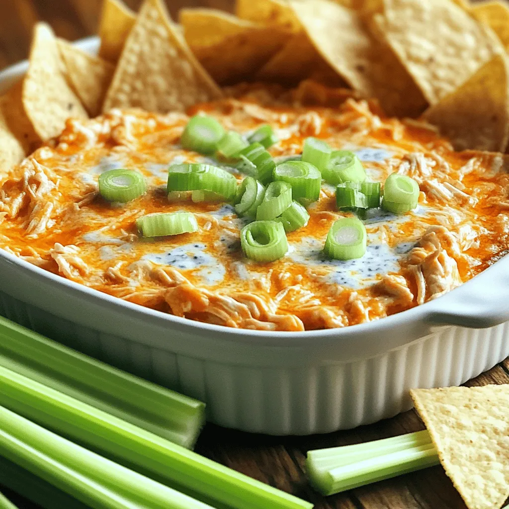 To make Buffalo Chicken Dip, you need a few key ingredients. Here’s what you’ll need: - 2 cups shredded cooked chicken (rotisserie chicken works great) - 1 package (8 oz) cream cheese, softened to room temperature - 1 cup sharp cheddar cheese, freshly shredded for maximum flavor - 1/2 cup blue cheese dressing (or ranch dressing, if preferred) - 1/2 cup buffalo sauce (adjust according to your spice tolerance) - 1/4 cup green onions, thinly sliced (for garnish) - Tortilla chips or fresh celery sticks for serving These ingredients come together to create a rich, creamy dip. The chicken brings protein, while the cheeses add creaminess and flavor. The buffalo sauce gives it that classic kick. You can customize your dip to fit your taste. Here are some optional ingredients you might consider: - Extra shredded cheese for a cheesier dip - Jalapeños for added heat - Garlic powder for extra flavor - Smoked paprika for a hint of smokiness - Chopped bell peppers for some crunch Feel free to mix and match these options. You can create a dip that suits your flavor profile perfectly. Using fresh ingredients can make a big difference. Freshly shredded cheese melts better than pre-packaged options. It also tastes richer. Rotisserie chicken adds convenience and flavor. If you opt for packaged ingredients, check for quality. Always choose well-known brands for dressings and sauces. Quality matters in cooking and can elevate your dip from good to great. For the full recipe, check out Buffalo Chicken Dip Delight ! First, gather all your ingredients. You will need shredded cooked chicken, cream cheese, sharp cheddar cheese, blue cheese dressing, and buffalo sauce. Don’t forget green onions and chips for serving. This dip takes about 35 minutes to make. It’s easy and fun, perfect for any gathering. 1. Preheat oven: Set your oven to 350°F (175°C). This ensures even cooking. 2. Mix cream cheese and buffalo sauce: In a bowl, combine softened cream cheese and buffalo sauce. Use an electric mixer or a sturdy spatula to mix until smooth. 3. Add chicken and cheese: Gently fold in shredded chicken, sharp cheddar, and blue cheese dressing. Stir until everything is well combined. 4. Transfer to baking dish: Pour the mixture into a medium baking dish. Spread it evenly for even heating. 5. Bake the dip: Place the dish in the oven. Bake for 20 to 25 minutes. Look for bubbling edges to know it’s ready. 6. Cool slightly: Remove the dip from the oven. Let it rest for 3 to 5 minutes. This helps prevent burns when serving. 7. Garnish: Before serving, sprinkle sliced green onions on top for freshness. 8. Serve with chips: Enjoy this warm dip with tortilla chips or crunchy celery sticks. This buffalo chicken dip is best served warm. Pair it with crispy tortilla chips for a classic touch. You can also offer fresh celery sticks for a crunchy option. For a fun twist, consider adding a drizzle of extra buffalo sauce on top. This will add color and spice! Enjoy sharing this dish at your next party! If you want to see the full recipe, check out the Full Recipe section. To make the best Buffalo chicken dip, start with room temperature cream cheese. This helps mix the dip smoothly. Use a mixer to blend the cream cheese and buffalo sauce. Make sure there are no lumps. Gently fold in the chicken and cheese. This keeps the texture nice and creamy. Prep this dip about 30 minutes before your guests arrive. This includes mixing and baking. Preheat your oven to 350°F (175°C) first. This ensures even cooking. Bake the dip for 20-25 minutes until it bubbles. Let it rest for 3-5 minutes before serving. This prevents burns and lets flavors settle. Serve the dip warm in a colorful bowl. Surround it with tortilla chips or celery sticks. Add sliced green onions on top for color. You could also drizzle extra buffalo sauce for a spicy kick. This makes it look fancy and fun! {{image_4}} If you want a lighter dip, you can make simple swaps. Use low-fat cream cheese instead of regular cream cheese. This change cuts calories but keeps the creamy texture. You can also use Greek yogurt instead of blue cheese dressing. It adds creaminess while boosting protein. For cheese, try part-skim cheddar. This option gives you flavor without the extra fat. Buffalo chicken dip is fun to tweak. You can add black beans for texture and fiber. Corn gives a sweet crunch that balances the heat. If you love veggies, try mixing in chopped bell peppers or spinach. These ingredients make the dip colorful and add nutrients. You can also swap buffalo sauce for barbecue sauce for a smoky twist. If you crave more heat, add diced jalapeños or hot sauce. Mixing in a bit of cayenne pepper gives a nice kick. You can also top the dip with sliced fresh jalapeños before baking for extra spice. Adjust these additions based on your taste. Remember, you can always add more heat, but it’s hard to take it out! After your party, store any leftover Buffalo Chicken Dip in an airtight container. Let the dip cool to room temperature first. This helps keep it fresh. Place it in the fridge. It’s best to eat leftovers within three to four days. If you have more than you can eat, consider freezing some. To reheat your dip, take it out of the fridge. Place it in a baking dish. Preheat your oven to 350°F (175°C). Bake for 15-20 minutes, or until it is hot and bubbly. You can also use a microwave. Heat in 30-second intervals, stirring in between, until warm. You can freeze Buffalo Chicken Dip for later. Use a freezer-safe container and fill it up. Leave some space at the top for expansion. Label it with the date. It can stay in the freezer for up to three months. When you are ready to enjoy it, thaw it in the fridge overnight. Then, reheat it as described above. Enjoy your delicious dip anytime! You can use Greek yogurt or sour cream. Both work well in this recipe. They add creaminess and tang. If you want a dairy-free option, try cashew cream. It will give a nice texture and flavor. Just blend soaked cashews with a little water until smooth. Yes, using a slow cooker is a great idea! Just mix all the ingredients in the slow cooker. Set it to low for about 2 hours. Stir it occasionally to keep it creamy. This method is perfect for parties. You can serve it warm all night long! You can store Buffalo Chicken Dip in the fridge for about 3 to 4 days. Make sure to keep it in an airtight container. If you want to keep it longer, freeze it! Just thaw it in the fridge before reheating. Enjoy it warm for the best taste. In this post, we covered all you need for Buffalo Chicken Dip. We looked at key ingredients, step-by-step cooking, and tips for serving. You learned about tasty variations and how to store leftovers. Making this dip can be easy and fun! Remember, using fresh and quality ingredients makes a big difference. Try customizing the flavors to suit your taste. This dip will be a hit at your next gathering! Enjoy your cooking!