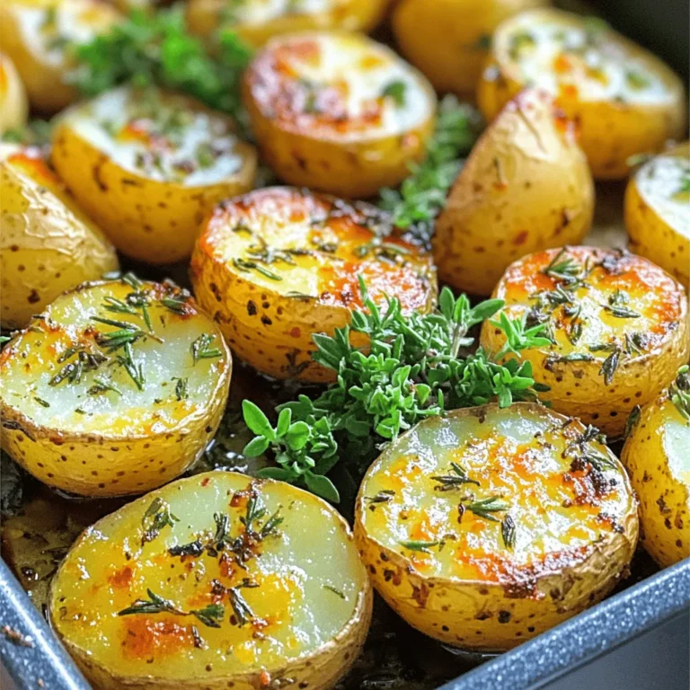 - Baby Potatoes - Fresh Garlic - Olive Oil - Fresh Rosemary - Fresh Thyme - Smoked Paprika - Sea Salt and Black Pepper - Fresh Parsley (for garnish) - 2 pounds baby potatoes, halved - 4 cloves fresh garlic, finely minced - 3 tablespoons extra virgin olive oil - 2 teaspoons each of rosemary and thyme - 1 teaspoon smoked paprika - Seasoning to taste Gather these simple ingredients to make garlic herb roasted potatoes. The baby potatoes give a nice bite, while fresh garlic adds great flavor. Olive oil helps the potatoes roast evenly. Using fresh rosemary and thyme brings out earthy notes. Smoked paprika adds warmth and a slight kick. Finally, sea salt and black pepper season the dish perfectly. With this list, you can create a tasty side dish. Just remember, using fresh herbs makes a big difference. For the full recipe, check the details above. Enjoy the cooking journey! - Preheat oven to 425°F (220°C) - Prepare the potatoes and garlic Start by preheating your oven. Set it to 425°F (220°C). This temperature gives the potatoes a nice, crispy finish. Next, take 2 pounds of baby potatoes. Halve each potato to ensure they cook evenly. Then, finely mince 4 cloves of fresh garlic. This adds great flavor to the dish. - Mixing potatoes with olive oil and herbs - Ensuring even coating of seasonings In a large mixing bowl, combine the halved potatoes with the minced garlic. Pour in 3 tablespoons of extra virgin olive oil. Add 2 teaspoons each of fresh rosemary and thyme. Don't forget 1 teaspoon of smoked paprika for a warm touch. Season with sea salt and freshly ground black pepper. Toss everything together until the potatoes are well-coated. - Spreading potatoes on the baking sheet - Cooking time and tossing instructions - Checking for doneness Line a baking sheet with parchment paper. Spread the potato mixture evenly in a single layer. Avoid overcrowding the potatoes; this helps them roast well. Place the sheet in the oven. Roast for 25-30 minutes. Halfway through, give the potatoes a gentle toss. Look for a golden-brown color and a crispy texture. This shows they are done. - How to choose the right type of potatoes: Use baby potatoes for a tender inside and crispy skin. Their small size cooks evenly and gets nice and brown. Other good choices are Yukon Gold or red potatoes. - Importance of cutting size and uniformity: Cut all potatoes into similar sizes. This helps them cook at the same rate. Halving baby potatoes is just right for this recipe. - Details on achieving the best crispy texture: Use high heat, like 425°F (220°C). The hot oven makes the outside crisp while keeping the inside soft. Toss the potatoes halfway through cooking for even browning. - Suggestions for avoiding overcrowding: Spread the potatoes in a single layer on the baking sheet. If they are too close, they will steam instead of roast. This keeps them crispy. - Serving suggestions and ideal garnishing techniques: Serve the garlic herb roasted potatoes in a rustic wooden bowl. Top with fresh parsley for a pop of color. A drizzle of olive oil makes them shine. - Best dishes to pair with garlic herb roasted potatoes: These potatoes go well with grilled meats or a fresh salad. They also pair nicely with roasted chicken or fish. Enjoy them as a side dish at any meal! For the full recipe, check out the [Full Recipe]. {{image_4}} You can use dried herbs instead of fresh ones for garlic herb roasted potatoes. Dried herbs are stronger, so use less. A good rule is one-third the amount. You can also mix and match herbs. Try basil or oregano for a twist. Each herb brings its own flavor and aroma. Want to make your dish heartier? Add some veggies or proteins. Carrots, bell peppers, or Brussels sprouts work well. You can also toss in cooked bacon or sausage for extra flavor. For a boost, try adding lemon zest or parmesan cheese. These ingredients enhance the taste without much effort. You can cook garlic herb roasted potatoes in an air fryer instead of the oven. This method gives a crispy texture in less time. Just set the air fryer to 400°F (200°C) and cook for about 15-20 minutes. Another option is to boil the potatoes first. Boil them for 10-12 minutes, then roast. This step helps them cook evenly and get nice and crispy. For more details, check the Full Recipe. After enjoying your garlic herb roasted potatoes, you can store the leftovers in the fridge. Place them in an airtight container to keep them fresh. I recommend using glass containers, as they help maintain flavor. Make sure to cool the potatoes to room temperature before sealing the container. This helps avoid condensation, which can make them soggy. When it's time to eat your leftovers, you want them to stay crispy. The best way to reheat them is in the oven. Preheat your oven to 375°F (190°C). Spread the potatoes on a baking sheet and heat for about 10-15 minutes. This method helps restore their crisp texture. You can also use a skillet; just heat a bit of oil and toss them until warmed through. To prevent sogginess, avoid microwaving, as it can make them soft. If you have extra potatoes, you can freeze them. Start by letting them cool completely. Then, spread them in a single layer on a baking sheet and freeze for about an hour. Once frozen, transfer them to a freezer bag or container. Make sure to remove as much air as possible to prevent freezer burn. For the best quality, use them within three months. When ready to eat, thaw them overnight in the fridge before reheating them. This will help keep their texture nice. Can I use other types of potatoes? Yes, you can use many types of potatoes. Russets and Yukon Golds work well. They add a creamy texture. You may need to adjust cooking times. Cut them into similar sizes for even cooking. How can I make this recipe vegan? To make it vegan, simply use vegetable oil. You can swap the butter for olive oil. The flavor will still be rich and tasty. Calories and macros per serving Each serving contains about 200 calories. You’ll get 4 grams of protein and 9 grams of fat. The dish has around 30 grams of carbs. This makes it a filling side dish. Health benefits of the ingredients Potatoes are high in fiber and vitamins. Garlic boosts your immune system. Olive oil has healthy fats, which are good for your heart. Herbs like rosemary and thyme add antioxidants. What to do if the potatoes are not cooking evenly? If they do not cook evenly, toss them halfway through. This helps them brown better. Make sure they are spread out on the sheet. Crowding them can cause uneven cooking. Adjustments for different oven types (convection vs. conventional) For convection ovens, reduce the heat by 25°F. This helps prevent overcooking. Check the potatoes a few minutes earlier. They cook faster in convection ovens. In this post, we explored how to make delicious garlic herb roasted baby potatoes. We covered the important ingredients, tasty variations, and helpful tips. I shared steps for perfect roasting and ways to store your leftovers. These potatoes make a great side dish for any meal. With simple ingredients, you can impress your guests. Enjoy trying different herbs and cooking methods to find your favorite!