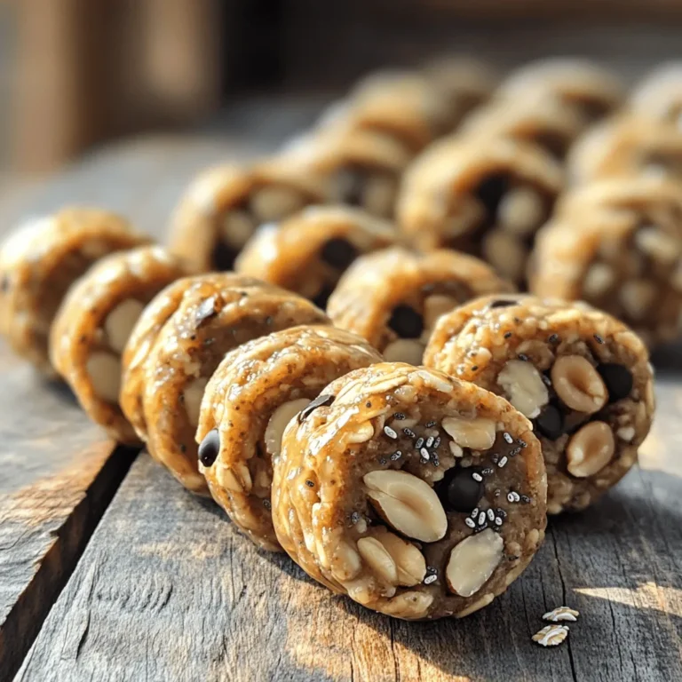 To make Peanut Butter Energy Bites, you need just a few simple items. Here’s what you’ll need: - 1 cup rolled oats - ½ cup natural peanut butter - ¼ cup honey or pure maple syrup - ¼ cup mini chocolate chips - ¼ cup chopped nuts (choose almonds, walnuts, or pecans) - 2 tablespoons chia seeds - 1 teaspoon pure vanilla extract - A pinch of salt These ingredients blend well together. The oats give a hearty base. The peanut butter adds creaminess and protein. Honey or maple syrup sweetens the mix naturally. Chocolate chips bring a delightful treat. Nuts add crunch, while chia seeds pack in omega-3s. You can also play with flavors by adding extra ingredients. Here are some fun options: - Dried fruits like cranberries or raisins - Coconut flakes for sweetness - Cinnamon for a warm spice - Protein powder for an extra boost These add-ins let you customize each bite. Try mixing and matching to find your favorite combo! Each ingredient offers great health perks: - Rolled oats: Full of fiber, they help keep you full. - Natural peanut butter: Provides healthy fats and protein, great for energy. - Honey or maple syrup: Natural sweeteners that give quick energy. - Mini chocolate chips: Satisfy sweet cravings with some antioxidants. - Chopped nuts: Offer healthy fats and can support heart health. - Chia seeds: High in fiber and omega-3, they aid digestion. - Vanilla extract: Adds flavor without extra calories. - Salt: A pinch enhances flavor and balance. These benefits make these energy bites a smart snack choice. Enjoy them as part of a balanced diet! To start, gather all your ingredients. You will need rolled oats, peanut butter, honey, chocolate chips, nuts, chia seeds, vanilla, and salt. First, in a large bowl, mix the rolled oats and peanut butter. Next, pour in the honey or maple syrup. Add the vanilla extract. Use a spatula to combine these well. You want a sticky mix that holds together. Now, add the mini chocolate chips, chopped nuts, chia seeds, and a pinch of salt. Stir until everything is mixed evenly. Each bite needs to have all the flavors. This step is key for a yummy snack. When mixing, ensure the peanut butter is creamy. This helps the ingredients blend. If the mix feels too dry, add a little more honey. If it's too sticky, just wet your hands a bit. This will help when you start rolling the bites. Mixing well is crucial. You want to ensure that each ingredient is spread out. This way, every bite is equally delicious. Take your time and enjoy the process. Now it’s time to roll the bites. Take a small amount of the mixture, about one tablespoon. Use your hands to form a ball about one inch wide. If the mixture sticks too much, dampen your hands with water. This makes rolling easier. Place the rolled bites on a baking sheet lined with parchment paper. Keep some space between each one. After rolling, chill them in the fridge for about 30 minutes. This helps them set and stay round. Enjoy your homemade energy bites! For the full recipe, check out Nutty Bliss Peanut Butter Energy Bites. One common mistake is not measuring ingredients correctly. Too much liquid can make your bites soggy. Too little can make them dry. Always use measuring cups for accuracy. Another mistake is skipping the chilling step. This helps the bites hold their shape better. Lastly, don’t skip the salt. It enhances all the flavors in your energy bites. For the best texture, mix your ingredients well. You want everything to blend together. If the mixture feels too dry, add a little more honey or peanut butter. If it’s too wet, add a few more oats. This balance makes for a firm yet chewy bite. Using fresh ingredients also helps improve texture and flavor. Use high-quality peanut butter. Natural peanut butter has a rich taste and smooth texture. Choose oats that are rolled, not instant. They give the bites a great chew. When adding nuts or chocolate, pick your favorites. This personal touch makes the recipe yours. Finally, store your energy bites in an airtight container. This keeps them fresh for when you need a quick snack. For the full recipe, check out the [Full Recipe]. {{image_4}} You can mix flavors in your energy bites for fun. Try using almond butter instead of peanut butter. This gives a new taste. You can also add a splash of maple syrup for a sweet kick. For a chocolate twist, use cocoa powder or chocolate protein powder. A little cinnamon can add warmth and spice too. The key is to experiment and find what you love! Making these energy bites fit your diet is easy. If you need gluten-free bites, just use certified gluten-free oats. For a vegan option, swap honey for maple syrup. You can also use a plant-based protein powder if you want that boost. Always check ingredient labels to ensure they meet your dietary needs. This way, everyone can enjoy these tasty snacks! Want to jazz up your energy bites? Add shredded coconut for a tropical vibe. It gives a nice chew and flavor. Dried fruits like cranberries or apricots also work well. They add sweetness and a fruity burst. You can even toss in some seeds, like pumpkin or sunflower seeds, for extra crunch. The options are endless, so get creative and make them your own! For the full recipe, check out Nutty Bliss Peanut Butter Energy Bites. Enjoy your delicious, healthy snacks! Store your peanut butter energy bites in an airtight container. This keeps them fresh and tasty. You can use glass or plastic containers. Make sure they are sealed well to prevent air from getting in. It helps to place a piece of parchment paper between layers, so they don’t stick together. These energy bites stay fresh in the fridge for up to a week. If you want them to last longer, consider freezing them. They taste great even after being frozen. Just pull a few out when you need a snack. To freeze, first, place the energy bites in a single layer on a baking sheet. Freeze them for about an hour, or until firm. Then, transfer them to a freezer-safe bag or container. Label the bag with the date. They can last in the freezer for up to three months. When you want to enjoy them, let them thaw in the fridge or at room temperature. This way, you always have a healthy snack ready to go! You can replace honey with pure maple syrup. The bites will still taste sweet. You can also try mashed banana or applesauce for a different flavor. Just ensure the texture remains thick enough to hold together. Yes, you can use almond butter, cashew butter, or sunflower seed butter. Each will give a unique taste. Just make sure the nut butter is creamy and smooth for best results. These energy bites are great as a snack anytime. You can eat them before or after a workout. They also work well as a quick breakfast on the go. Enjoy them straight from the fridge for a cool treat. For the full recipe, check out Nutty Bliss Peanut Butter Energy Bites. Peanut butter energy bites are easy to make and tasty. We covered the key ingredients, helpful tips, and fun variations. You learned how to avoid common mistakes and store these bites for freshness. These snacks fit many diets and are simple to customize. With the right steps, you can make delicious energy bites that boost your day. Enjoy making them, and feel free to get creative!