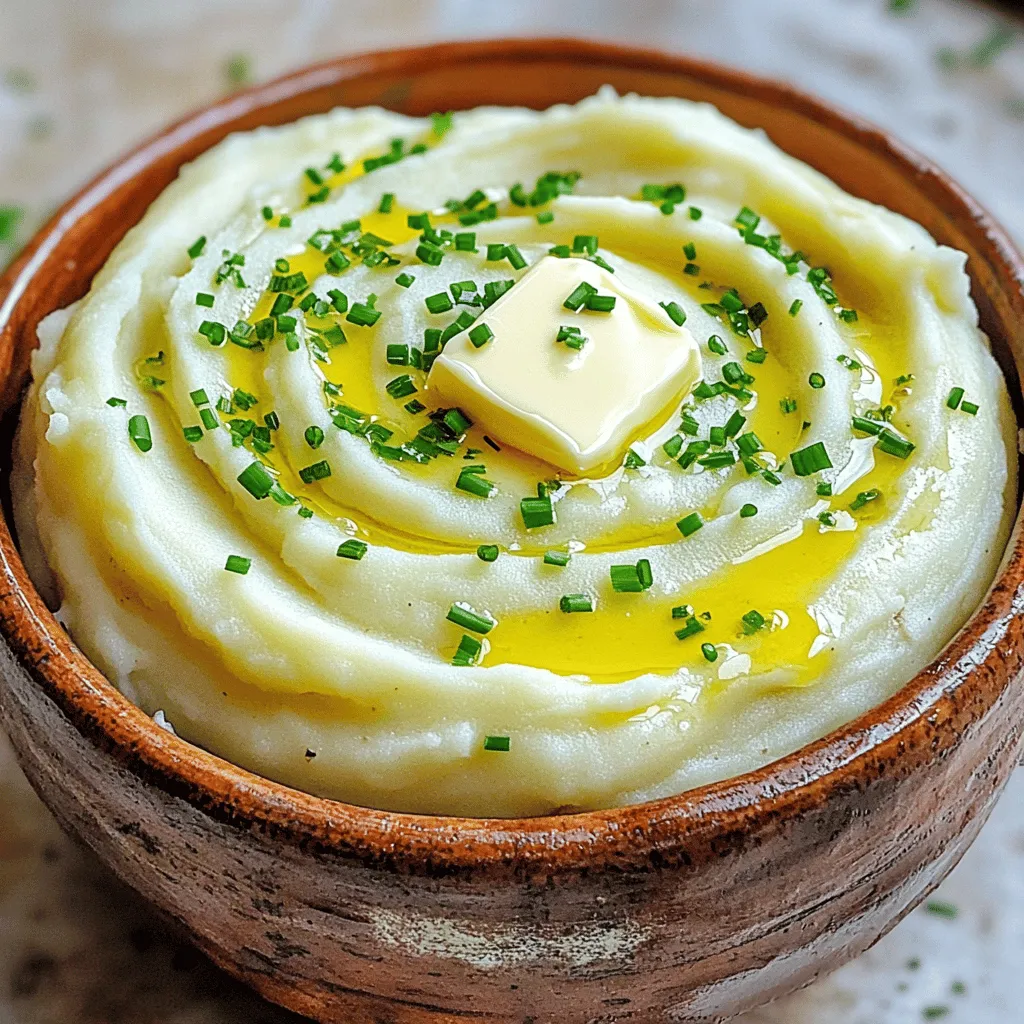 When making creamy garlic mashed potatoes, using the right ingredients is key. Here’s what you need: - 2 pounds russet potatoes, peeled and cut into 1-inch cubes - 4 cloves garlic, finely minced - 1 cup heavy cream - 4 tablespoons unsalted butter - Fresh salt and ground black pepper to taste - ¼ cup fresh chives, finely chopped (for garnish) - Optional: ½ teaspoon garlic powder for added flavor These ingredients work together to create a rich and flavorful dish. Russet potatoes give you that fluffy texture, while heavy cream and butter add creaminess. Garlic brings a lovely punch of flavor. You can adjust the garlic level based on your taste. Fresh chives not only add color but also a mild onion flavor that complements the dish perfectly. If you want more garlic taste, consider adding garlic powder. The combination of these ingredients will make your creamy garlic mashed potatoes a hit at any meal. For the complete recipe, check out the Full Recipe. First, place the peeled and cubed russet potatoes in a large pot. Fill the pot with cold water until the potatoes are fully submerged. This helps the potatoes cook evenly. Add a generous pinch of salt for flavor. Heat over medium-high until the water reaches a rolling boil. Once the water boils, reduce the heat to medium. Let the potatoes simmer gently for 15 to 20 minutes. They are ready when you can easily pierce them with a fork. This step is crucial for achieving that perfect creamy texture. While the potatoes cook, melt the unsalted butter in a small saucepan over medium heat. Once the butter is melted, add the minced garlic. Sauté the garlic for about 2 minutes, stirring constantly until it’s fragrant but not browned. This creates a rich garlic flavor that will shine in your mashed potatoes. After the potatoes are tender, drain them thoroughly in a colander. Return them to the pot and turn off the heat to dry them slightly. Pour in the heavy cream and the melted garlic butter, along with the tender bits of garlic. If you want extra garlic flavor, sprinkle in the optional garlic powder. Now, mash the mixture until it achieves a smooth and creamy consistency. Taste and adjust the seasoning with fresh salt and ground black pepper as desired. Get ready for a delightful experience with creamy garlic mashed potatoes! For the full recipe, check out the complete details above. To get that perfect creamy texture, use heavy cream. Heavy cream has more fat than milk. This fat adds richness to your mashed potatoes. It makes them smooth and velvety. For the best results, I recommend using russet potatoes. They have high starch content. This makes them fluffy when cooked and mashed. Fresh garlic gives the best flavor. I always prefer using fresh cloves over garlic powder. Fresh garlic has a bright, pungent taste that makes the dish pop. Sauté the minced garlic for about two minutes. This brings out its sweetness and aroma. Just be careful not to let it brown. Browned garlic can taste bitter. Serve your creamy garlic mashed potatoes in a rustic bowl. This adds a homey feel. To make them look great, use the back of a spoon. Create a lovely swirl on top. Garnish with fresh chives for a pop of color. You can even add a small pat of butter on top. It melts and adds flavor while making the dish shine. For more details, check out the Full Recipe. {{image_4}} You can boost the flavor of your creamy garlic mashed potatoes by adding herbs. Fresh herbs like rosemary or thyme bring a nice twist. Just chop a tablespoon or two and mix them in while mashing. You can use dried herbs too, but fresh ones add more flavor. Experiment with different herbs to find what you love. If you want a lighter dish, you can swap the heavy cream. Use half-and-half or whole milk for a softer taste. For a dairy-free option, try almond milk or coconut cream. These options keep the potatoes rich without dairy. Adjust the amount to match your taste and dietary needs. Cheese can add another layer of flavor to your mashed potatoes. Consider stirring in some cream cheese or shredded cheddar. You can also sprinkle in spices like paprika or nutmeg for extra warmth. These small changes can take your dish from good to great. Each option brings its own unique touch, so feel free to mix and match. For the complete recipe, check out the Full Recipe section. To store creamy garlic mashed potatoes, place them in an airtight container. Ensure they cool to room temperature first. Seal the container tightly. Store in the fridge for up to three days. This keeps the flavors fresh and the texture nice. Reheat mashed potatoes gently to keep them creamy. The best method is using a stovetop. Place the potatoes in a pot over low heat. Stir often and add a splash of cream or milk for moisture. You can also use the microwave. Heat in short bursts, stirring in between until hot. You can freeze creamy garlic mashed potatoes for longer storage. Use a freezer-safe container or a zip-top bag. Leave some space for expansion. They can last up to two months in the freezer. To thaw, move them to the fridge overnight. Reheat as mentioned above for the best texture. Yes, you can make creamy garlic mashed potatoes ahead of time. Cook them, then cool and store in the fridge. They last for about three days. To reheat, warm them gently on the stove or microwave. If they seem dry, add a splash of cream or milk. Creamy garlic mashed potatoes pair well with many dishes. Try them with roasted chicken, grilled steak, or sautéed vegetables. They also complement rich sauces, making them great for a holiday meal. Add a fresh salad for balance. If your mashed potatoes are too thick, add more cream or milk, one tablespoon at a time. If they are too runny, mash in a bit more potato or let them simmer on low heat to evaporate some liquid. You can find the full recipe for creamy garlic mashed potatoes with all the ingredients and steps [here](#). This blog post covered how to make creamy garlic mashed potatoes. We discussed the ingredients, step-by-step instructions, and clever tips. You learned about variations and how to store leftovers. Try adding herbs or cheese for extra flavor. Keep your potatoes creamy and tasty by following the reheating tips. Enjoy making this dish, and know you can always find the full recipe for perfect results.