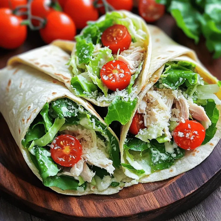 To make tasty Chicken Caesar Wraps, you need: - 2 cups cooked chicken breast, shredded - 1 cup romaine lettuce, chopped - 1/2 cup Caesar dressing (homemade is best) - 1/4 cup grated Parmesan cheese - 1/4 cup cherry tomatoes, halved - 4 large tortillas or wraps - Freshly cracked black pepper, to taste These ingredients create a balanced wrap with protein, greens, and creamy dressing. Using cooked chicken makes it easy and quick. The romaine gives a nice crunch, while the Parmesan adds a savory kick. You can add some extra fun to your wraps with: - Croutons for crunch - Sliced olives for a briny taste - Avocado for creaminess - Red onion for a sharp bite These optional ingredients can make your wraps more exciting. Try mixing and matching to find what you enjoy most. A little creativity can take your meal to the next level! Each Chicken Caesar Wrap has about: - Calories: 400 - Protein: 30 grams - Carbohydrates: 40 grams - Fat: 15 grams This wrap packs a good amount of protein and is filling. You can adjust the ingredients for your dietary needs. Adding more veggies can boost vitamins and minerals without adding many calories. The Full Recipe provides all the details you need to make this delightful dish. Start by mixing your filling. In a large bowl, add the shredded chicken. Then, toss in the chopped romaine lettuce. Pour in the Caesar dressing next. I suggest you use homemade dressing for better taste. Then add the grated Parmesan cheese. Stir the mixture until everything is well coated. Next, gently fold in the halved cherry tomatoes. Be careful not to mash them. Finally, season with freshly cracked black pepper. If you like crunch, add croutons now. This step makes your filling more exciting. Now, let’s wrap it up! Take a clean surface and lay one tortilla flat. Spoon a good amount of the chicken Caesar mixture into the center. Remember not to overfill; it makes wrapping hard. Fold the sides of the tortilla inward first. Then, roll it tightly from the bottom. This keeps your wrap secure and neat. Repeat this for each tortilla. You will have four delicious wraps when you're done. For a great look, slice each wrap in half diagonally. This makes it easy to eat and fun to see. Arrange the wraps on a colorful plate. Sprinkle some extra Parmesan on top for flair. Add a few cherry tomato halves next to the wraps for color. If you want to impress, serve a small dish of Caesar dressing for dipping. It takes the meal to the next level. Enjoy your Chicken Caesar Wraps! For the full recipe, check the section above. To make superb Caesar dressing, use fresh ingredients. Start with garlic, anchovies, and egg yolk. Mash them together to create a paste. Add lemon juice for tanginess. Then, slowly whisk in olive oil to achieve a creamy texture. Finish with grated Parmesan and a pinch of salt. This homemade dressing enhances the flavor of your wraps. It makes them taste fresh and rich. Many people rush when making wraps. This can lead to spills and messes. Here are some tips to avoid that: - Overfilling: Use a moderate amount of filling. Too much makes wrapping hard. - Not Tightly Rolling: Ensure you roll tightly to keep everything inside. - Wet Ingredients: Avoid ingredients that are too wet, as they can make the wrap soggy. - Skipping the Seasoning: Always season your filling. A little salt and pepper elevate the taste. You can easily change up your Chicken Caesar Wraps. Here are some fun ideas: - Add Avocado: It adds creaminess and healthy fats. - Use Spinach Tortillas: They add color and a twist to your wraps. - Swap Chicken for Turkey: Turkey gives a different flavor and is just as tasty. - Spicy Twist: Mix in some chili flakes or hot sauce for a kick. These variations keep your meals exciting and flavorful! Check the Full Recipe for more details on how to prepare these delicious wraps. {{image_4}} You can change up the protein in your wraps. Instead of chicken, try grilled shrimp, turkey, or even beef. These proteins add a unique taste. You can also use canned tuna for a quick option. Just mix it with your Caesar dressing and other ingredients! For a meat-free meal, replace chicken with roasted veggies. Zucchini, bell peppers, and mushrooms work great. You can also use chickpeas for extra protein. For a vegan option, swap Caesar dressing with a tahini or avocado dressing. These add creaminess without dairy. While Caesar dressing is classic, feel free to experiment. Try ranch, blue cheese, or even a spicy chipotle dressing. Each dressing brings a new flavor twist. You can even mix two dressings for a fun new taste! Don’t forget to check out the Full Recipe for more ideas. To keep your Chicken Caesar Wraps fresh, store them in an airtight container. Wraps can last up to three days in the fridge. Make sure to separate layers with parchment paper to prevent sticking. If you add croutons, store them separately to keep their crunch. Freezing wraps is easy! First, wrap each Chicken Caesar Wrap tightly in plastic wrap. Then, place them in a freezer bag. They can stay in the freezer for up to three months. When you're ready to eat, let them thaw in the fridge overnight. To reheat your Chicken Caesar Wraps, you have a few options. Use a microwave for quick heating. Heat on high for about 30 seconds. For a crispy finish, use an oven or skillet. Heat in the oven at 350°F for about 10 minutes. This keeps the wrap crispy and the filling warm. Enjoy every bite of your flavorful meal! To make Chicken Caesar Wraps gluten-free, choose gluten-free tortillas. Many stores sell these options. You can also use lettuce leaves as a wrap. This is a great low-carb choice. Ensure your Caesar dressing is gluten-free, too. Always check ingredient labels for hidden gluten. You can serve Chicken Caesar Wraps with many tasty sides. Here are some ideas: - Fresh fruit salad for a sweet touch - Crispy baked sweet potato fries - A light side salad with vinaigrette - Veggie sticks with hummus for dipping These sides balance the wraps and add more flavor. Chicken Caesar Wraps stay fresh for about 3 days in the fridge. Store them in an airtight container. This keeps them from getting soggy. If you make them ahead, add dressing just before eating. This helps maintain their crispiness. For the full recipe, check out the earlier section. In this post, we explored how to make Chicken Caesar Wraps. We covered the key ingredients, preparation steps, and wrapping techniques for a tasty meal. I shared tips for homemade dressing and ways to avoid common mistakes. We also looked at variations that fit your diet and preferences. As you tackle your own wraps, remember to experiment. This dish is versatile and fun. Enjoy creating your perfect Chicken Caesar Wrap!