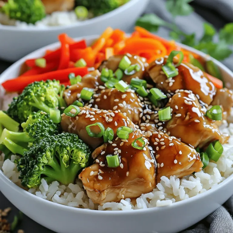 For the perfect teriyaki chicken bowl, you need these key ingredients: - 500g boneless chicken thighs, cut into 1-inch cubes - 2 tablespoons olive oil - 1 cup jasmine rice - 2 cups water - 1 cup broccoli florets - 1 red bell pepper, thinly sliced - 1 medium carrot, julienned - 3 green onions, finely chopped - 4 tablespoons soy sauce - 2 tablespoons honey - 1 tablespoon fresh ginger, minced - 1 tablespoon garlic, minced - 1 teaspoon sesame oil - Sesame seeds, for garnish These ingredients blend together to create a dish full of flavor and texture. You can personalize your teriyaki chicken bowls with fun toppings. Here are some ideas: - Sliced avocado for creaminess - Shredded carrots for extra crunch - Edamame for protein boost - Pickled ginger for a tangy twist - Chopped cilantro for freshness Feel free to mix and match these toppings to make your meal unique! Teriyaki chicken bowls are tasty and nutritious. Here’s a quick look at their benefits: - Protein: Chicken provides a good source of lean protein. - Vitamins: Vegetables like broccoli and bell peppers add vitamins A and C. - Fiber: Jasmine rice gives you some carbs, and veggies add fiber. This meal is well-rounded and can help you feel full and satisfied. For the full recipe, check out the detailed steps! To start, take your boneless chicken thighs and cut them into 1-inch cubes. In a large bowl, mix together soy sauce, honey, minced ginger, minced garlic, and sesame oil. Toss the chicken pieces in this mix until they are well covered. Let this marinate for at least 15 minutes. This step adds great flavor to the chicken. While the chicken marinates, rinse 1 cup of jasmine rice under cold water until it’s clear. This helps to remove excess starch. In a medium saucepan, bring 2 cups of water to a boil. Once boiling, add the rinsed rice. Cover the pot, reduce the heat to low, and cook for about 15 minutes. The rice is ready when the water is all absorbed. Once done, let it sit for 5 minutes, still covered. Next, grab a large non-stick skillet and heat 2 tablespoons of olive oil over medium heat. Add in broccoli florets, sliced red bell pepper, and julienned carrot. Sauté these veggies for about 5-7 minutes until they are bright and tender-crisp. When done, set them aside on a plate. In the same skillet, add the marinated chicken. Cook for about 6-8 minutes, stirring often. You want it to be golden brown and cooked through. Pour in any leftover marinade and let it simmer for 2-3 minutes. Stir until the sauce thickens and coats the chicken nicely. Fluff your cooked jasmine rice with a fork to separate the grains. Take a serving of rice and place it in a bowl. Top it generously with the sautéed vegetables and the teriyaki chicken. Finally, sprinkle sesame seeds and chopped green onions over the top of each bowl. This adds a nice crunch and extra flavor. Serve hot and enjoy your tasty Teriyaki Chicken Bowls! For the full recipe, check the earlier section. To make the best teriyaki chicken, focus on the marinade. Use fresh ginger and garlic for bold flavor. Mix soy sauce with honey to create a sweet balance. Let the chicken marinate for at least 15 minutes. This helps the flavors soak in well, making each bite delicious. You can marinate it longer if you want a stronger taste. Cooking jasmine rice is simple. Rinse it well under cold water to remove starch. This helps the rice stay fluffy. Use a two-to-one water-to-rice ratio. Bring the water to a boil first, then add the rice. Cover and reduce the heat to low. Let it cook for 15 minutes. Afterward, let it sit for 5 minutes before fluffing with a fork. Sauté your vegetables to keep them bright and crisp. Heat olive oil in the skillet before adding them. Stir often to avoid burning. Cook them for about 5-7 minutes until tender. This method keeps the veggies colorful and crunchy. Don’t overcrowd the skillet. Cook in batches if needed for the best texture. To achieve a thick teriyaki sauce, keep the heat at medium. After cooking the chicken, pour in the reserved marinade. Allow it to simmer for 2-3 minutes. Stir occasionally to prevent sticking. This reduces the sauce and thickens it nicely. The result is a glossy coating on the chicken that makes each bite burst with flavor. When serving, layer rice at the bottom of the bowl. Add a generous portion of teriyaki chicken on top. Scatter sautéed veggies around for color and crunch. Finish with chopped green onions and sesame seeds for garnish. This not only looks great but also adds texture. Enjoy your meal hot for the best taste. You can find the full recipe linked above for more details. {{image_4}} You can easily swap chicken for tofu. Use firm tofu for the best texture. Start by pressing the tofu to remove excess water. Cut it into cubes just like the chicken. Marinate it with the same sauce. Cook the tofu until it’s golden and crispy. This makes a tasty vegan option. It holds flavors well and adds a nice twist. Feel free to mix and match vegetables. Try snow peas, zucchini, or bell peppers. They all add color and crunch. Use any veggies you have on hand. Just keep them in bite-sized pieces. This keeps cooking time short and flavors bright. Experiment with seasonal vegetables for fresh tastes. Each bowl will have a unique flair. Love heat? Drizzle Sriracha on top for a spicy kick. You can mix Sriracha into the marinade for extra flavor. Start with a small amount and adjust to taste. This adds an exciting layer to the dish. The heat pairs well with the sweet teriyaki sauce. It’s a simple way to elevate your meal. After enjoying your Teriyaki Chicken Bowls, you might have some leftovers. Let the dish cool down to room temperature. Then, place the chicken, rice, and veggies in an airtight container. Store it in the fridge. It will stay good for up to three days. Make sure to label the container with the date. This way, you can keep track of how long it lasts. To reheat your Teriyaki Chicken Bowls, use the microwave for quick results. Place the bowl in the microwave and cover it with a damp paper towel. Heat it in one-minute intervals, stirring in between. This helps the heat spread evenly. If you prefer, you can also reheat in a skillet over medium heat. Add a splash of water to help steam the dish. Stir until it's hot throughout. If you want to save your Teriyaki Chicken Bowls for later, freezing is a great option. First, let the dish cool completely. Then, divide it into single-serving portions. Use freezer-safe containers or freezer bags. Remove as much air as possible before sealing. Label the containers with the date. You can freeze it for up to three months. When you're ready to eat, thaw it in the fridge overnight before reheating. You can use tofu, shrimp, or beef. Tofu offers a great plant-based option. Shrimp cooks quickly and adds a nice flavor. Beef can be used if you prefer a heartier meal. Just remember to adjust cooking times for each protein. Tofu takes about 5-7 minutes, while shrimp cooks in about 3-4 minutes. Making Teriyaki sauce is easy! You need soy sauce, honey, ginger, and garlic. Combine 1/4 cup of soy sauce, 2 tablespoons of honey, 1 teaspoon of minced ginger, and 1 teaspoon of minced garlic in a bowl. Mix well until smooth. Cook it in a saucepan on medium heat for about 5 minutes to thicken. This sauce adds rich flavor to your Teriyaki Chicken Bowls. Yes, you can use brown rice! Brown rice is healthier and has more fiber. However, it takes longer to cook. You will need about 45-50 minutes for brown rice. Just make sure to adjust your water amount as well. Use 2.5 cups of water for each cup of brown rice. Many sides work well! Try steamed edamame or a fresh salad. You could also serve pickled vegetables for a nice crunch. Roasted sweet potatoes make a great addition too. Each side brings a unique flavor and texture to your meal. To find the best Teriyaki Chicken Bowls, check food apps or review sites. Search for local Japanese restaurants or diners. Look for places with high ratings and good reviews. You can also ask friends for recommendations. Don't forget to explore new spots and try their unique takes on this dish. For an easy homemade option, check out the Full Recipe for a delicious Teriyaki Chicken Bowl that you can make yourself! You now know how to make tasty teriyaki chicken bowls from start to finish. We covered the key ingredients, step-by-step cooking instructions, and helpful tips. You learned to customize your dish with variations and how to store leftovers. Enjoy crafting your own bowls with fresh flavors. Try different toppings or switch proteins to keep things fun. Keep cooking and tasting, and you’ll impress yourself and others with these delicious meals.