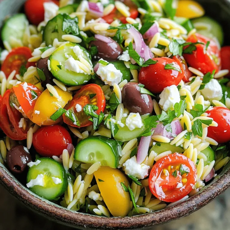 - Orzo pasta - Fresh vegetables - Feta cheese and olives Greek Orzo Salad shines with its bright flavors and textures. The star of this dish is orzo pasta. Orzo is a rice-shaped pasta that soaks up flavors well. It cooks quickly and gives a nice chew. Next, we have fresh vegetables. I love using cherry tomatoes, cucumbers, and red onions. They add crunch and sweetness. You can also try bell peppers for extra color. Don't forget the feta cheese and olives. Feta adds creaminess and a salty kick. Kalamata olives bring a briny touch that makes the salad pop. Together, these ingredients create a colorful and tasty dish. - Olive oil - Lemon juice - Salt and black pepper The dressing is key to tying all the flavors together. I use olive oil and lemon juice for a zesty mix. This combination brightens the dish and adds healthy fats. Finally, I add salt and black pepper to taste. These simple seasonings enhance the flavors of the fresh ingredients. You can adjust them based on your preference. For the full recipe, check out the Mediterranean Orzo Delight . It has all the details you need to create this delicious dish. To start, you need to boil some water. Use a large pot and add salt to the water. Bring it to a rolling boil. Once boiling, add 1 cup of orzo pasta. Cook it until it is al dente, which usually takes about 8 to 10 minutes. After the orzo is cooked, drain it in a colander. Rinse it with cold water to stop the cooking process. This helps keep the orzo firm and prevents it from becoming mushy. Set the orzo aside to cool completely. Next, grab a large mixing bowl. Start chopping your vegetables. Dice 1 cucumber into small cubes. Halve 1 1/2 cups of cherry tomatoes. Finely chop 1/2 red onion. Slice 1/2 cup of Kalamata olives into rings. Finally, crumble 1/2 cup of feta cheese. Once everything is chopped, add all the ingredients into the mixing bowl. Gently stir them together to mix the fresh flavors. This vegetable base will make the salad vibrant and tasty. Now it’s time to bring everything together. Once the orzo is cool, add it to the bowl with the vegetables. Use a spatula or large spoon to fold the orzo into the salad. Be gentle to avoid breaking the feta or tomatoes. Next, make the dressing. In a small bowl, whisk together 1/4 cup of extra virgin olive oil, 2 tablespoons of fresh lemon juice, and a pinch of salt and black pepper. This zesty dressing will enhance all the flavors. Pour the dressing over the orzo salad and toss gently. Ensure each ingredient is coated evenly. Finally, sprinkle 2 tablespoons of finely chopped parsley and mint over the salad. Mix gently one last time. For the best taste, let the salad sit for at least 15 minutes before serving. This allows the flavors to meld beautifully. For the full recipe, check out the Mediterranean Orzo Delight. To make your Greek orzo salad really shine, cook the orzo just right. You want it al dente, meaning it should be firm, not mushy. Boil salted water in a large pot. Then, add the orzo and follow the package instructions closely. Once cooked, drain the orzo in a colander. Rinse it with cold water. This step halts the cooking and helps keep the orzo from sticking together. Let it cool completely before mixing it into your salad. To boost the flavor of your salad, let it marinate. After mixing in the dressing, let the salad sit for at least 15 minutes. This resting time helps the flavors blend together. Taste your salad and adjust the seasoning as needed. Add more salt or a splash of lemon juice to kick up the taste. Each bite should burst with flavor. When serving your Greek orzo salad, a large bowl works best. It allows the colors to pop and looks inviting. For garnishing ideas, sprinkle extra mint leaves and a bit more feta on top. This not only adds visual appeal but also enhances the taste. Enjoy this salad chilled or at room temperature for a refreshing meal. {{image_4}} You can make Greek Orzo Salad even more exciting with easy swaps and additions. Here are some fun ideas. You can swap orzo for different grains. Quinoa adds a nutty flavor and is high in protein. Couscous is quick to cook and has a light texture. Feel free to change up your veggies too. Bell peppers add a sweet crunch. Artichokes bring a unique taste that pairs well. Adding protein makes this salad heartier. Chickpeas are a great choice. They are full of fiber and add creaminess. Grilled chicken brings a savory flavor that complements the salad. You can also use shrimp or tuna for a seafood twist. Both options add a lovely depth to the dish. For a fresh twist, you can add herbs or spices to the dressing. Try oregano or dill for a more traditional taste. If you want something creamy, try yogurt-based dressings. They give a rich texture while keeping it light. These swaps and additions make your Greek Orzo Salad versatile and fun. Explore these options to match your taste, or check out the Full Recipe for more ideas! To keep your Greek Orzo Salad fresh, store it in the fridge. Place it in an airtight container. This will help it stay crisp and tasty. It’s best to use glass or plastic containers with tight lids. This way, the salad won’t absorb other smells from the fridge. You can freeze Greek Orzo Salad, but some parts may change. The orzo and fresh veggies might not hold up well. If you want to freeze it, leave out the tomatoes and cucumbers. When ready to eat, thaw it in the fridge overnight. Reheat it gently on the stove or in the microwave. Add fresh vegetables and herbs after thawing for the best taste. In the fridge, Greek Orzo Salad lasts about 3 to 5 days. After that, it may start to lose taste and texture. Look for signs of spoilage, like a sour smell or slimy texture. If you see mold, it’s best to throw it away. Always trust your senses to decide if it’s still good to eat. Orzo is a small, rice-shaped pasta. It comes from Italy and is used in many dishes. You can find it in soups, salads, or as a side. It cooks quickly and has a lovely texture. Yes, you can make Greek Orzo Salad ahead. Store it in the fridge for up to three days. To keep it fresh, add the dressing just before serving. This helps the flavors stay bright and tasty. No, traditional orzo pasta is not gluten-free. If you need a gluten-free option, use rice or quinoa instead. These grains work well and keep the salad delicious. You can easily customize Greek Orzo Salad. Add your favorite ingredients like bell peppers, artichokes, or chickpeas. You can also change the cheese. Try goat cheese or even a vegan option. The salad is flexible and fun! Greek Orzo Salad is a simple dish with fresh flavors. You learned about the main ingredients like orzo, vegetables, feta, and olives. We covered easy steps to cook the orzo and prepare fresh veggies. You can enhance the salad's taste with a zesty dressing. Remember, there are many ways to customize the salad, whether by changing ingredients or adding protein. Store it well for longer enjoyment. Take these tips and make a version that fits your taste. Enjoy your cooking adventure with this delicious salad.