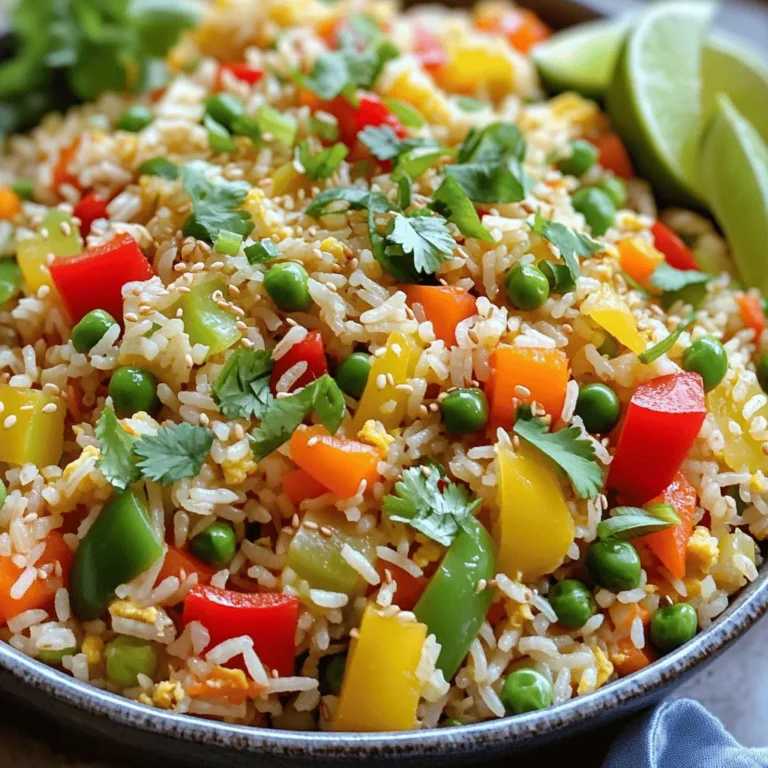 For your flavorful vegetable fried rice, gather these items: - 2 cups cooked jasmine rice (preferably day-old for best texture) - 1 cup mixed bell peppers (red, yellow, green), finely diced - 1 medium carrot, peeled and diced into small pieces - 1 cup green peas (fresh or frozen, thawed if frozen) - 3 green onions, thinly sliced - 2 cloves garlic, minced finely - 2 tablespoons low-sodium soy sauce - 1 tablespoon sesame oil - 1 tablespoon olive oil - 1 teaspoon fresh ginger, grated - Sea salt and cracked black pepper to taste - Fresh cilantro leaves for garnish This dish is not just tasty; it’s healthy too. Each serving has around: - 250 calories - 8g protein - 10g fat - 36g carbohydrates - 4g fiber The mix of veggies adds vitamins and minerals. Rice gives you energy. Use fresh ingredients for the best flavor and nutrients. To make this fried rice, you’ll need a few tools: - Large skillet or wok - Sharp knife and cutting board - Measuring cups and spoons - Spatula or wooden spoon - Serving bowls Having these items ready makes cooking easier. With the right tools, you will whip up this dish quickly! For the full recipe, check the instructions in the next section. Start by gathering all your ingredients. You will need: - 2 cups cooked jasmine rice - 1 cup mixed bell peppers, finely diced - 1 medium carrot, peeled and diced - 1 cup green peas - 3 green onions, thinly sliced - 2 cloves garlic, minced - 2 tablespoons low-sodium soy sauce - 1 tablespoon sesame oil - 1 tablespoon olive oil - 1 teaspoon fresh ginger, grated - Sea salt and cracked black pepper - Fresh cilantro leaves for garnish Chop your vegetables before cooking. This step makes cooking easier and faster. Have everything ready, so you don’t rush later. Heat the olive oil in a large skillet or wok over medium-high heat. When the oil shimmers, add the minced garlic and grated ginger. Sauté these for about 30 seconds until they smell good. Next, toss in the diced carrots and mixed bell peppers. Stir-fry for 3-4 minutes. They should be tender but still crunchy. Then, add the green peas and stir-fry for another 2 minutes. Now, push the veggies to one side of the skillet. This makes room in the center. Pour the sesame oil in this space. Add the cooked jasmine rice and break up any clumps gently. Drizzle the soy sauce over the rice. Toss everything together for about 3-5 minutes. You want the rice to be hot and coated in sauce. Season your fried rice with sea salt and cracked black pepper to taste. Add the sliced green onions and mix well. Once combined, take it off the heat. For a nice finish, garnish with fresh cilantro leaves. If you want to make it even prettier, serve in a bowl and sprinkle some sesame seeds on top. Enjoy your colorful veggie delight! For a complete guide, check the Full Recipe. For the best fried rice, use day-old jasmine rice. Fresh rice can be sticky. It holds moisture, making it soggy. Jasmine rice has a nice texture and flavor. It is soft yet firm when cooked right. Use cold rice from the fridge. This helps grains stay separate when cooking. To keep your rice dry, follow these tips: - Chill your cooked rice in the fridge for a few hours or overnight. - Spread it out on a tray to cool faster. - If using fresh rice, let it cool first. - Don’t overcook the rice when frying. Stir gently to avoid breaking the grains. Add layers of flavor to your fried rice. Here are some great ideas: - Use low-sodium soy sauce for a savory kick. - Add sesame oil for a nutty taste. - Try fresh ginger for a spicy note. - Toss in lime juice for brightness. - Mix in your favorite hot sauce for heat. - Fresh herbs like cilantro or basil can brighten the dish. These tips will help you make a delicious Vegetable Fried Rice. For the full recipe, check out the recipe section above. {{image_4}} You can easily add protein to your vegetable fried rice. Tofu works great as a meat substitute. Use firm tofu, press it to remove water, and cube it. Cook it in the skillet until golden brown. Shrimp adds a nice touch, too. Just peel, devein, and sauté them until they turn pink. For chicken, use diced breast or thigh. Cook it fully before adding your veggies. This extra protein makes the dish hearty and filling. Feel free to mix up the veggies in your fried rice. Broccoli, zucchini, or snap peas all add great flavor and color. You can even use leftover veggies from your fridge. Just chop them small so they cook evenly. Seasonal veggies like asparagus or bok choy can also work wonders. The key is to use fresh produce for the best taste. To keep your fried rice vegan, stick to veggies and plant-based proteins. Use gluten-free soy sauce if you need a gluten-free option. Coconut aminos is another tasty choice. This swap keeps your meal safe for those with gluten allergies. You can also use tamari, which is gluten-free. Just remember to check labels to ensure all ingredients meet your dietary needs. For the full recipe, check out the details above and enjoy your cooking adventure! To keep your vegetable fried rice fresh, store it in an airtight container. Make sure to let it cool down to room temperature first. This will help prevent moisture buildup inside the container. You can keep it in the fridge for up to three days. Always label your container with the date. This way, you won’t forget when you made it. When you are ready to enjoy your leftovers, reheat them on the stove for the best taste. Add a little olive oil to a skillet over medium heat. Once hot, add your fried rice and stir it for about 5 minutes. If you want, you can add a splash of water or soy sauce to help steam it. This keeps the rice moist and flavorful. You can also use a microwave. Place the rice in a microwave-safe bowl, cover it with a damp paper towel, and heat for 1-2 minutes. Stir halfway for even heating. Freezing is a great way to store vegetable fried rice for longer. Start by letting it cool completely. Next, portion the rice into freezer-safe bags or containers. Squeeze out as much air as possible before sealing. You can freeze it for up to three months. When you are ready to eat, thaw it in the fridge overnight. Follow the reheating instructions to enjoy it again. This method keeps the flavors and texture intact, allowing you to savor your colorful veggie delight any time! For the full recipe, check out the main article. Yes, you can use leftover rice. In fact, it’s better! Day-old rice is drier and less sticky. This helps it fry up nicely without clumping together. If you have leftover rice, make sure to break it apart before cooking. This will help each grain get heated evenly. Low-sodium soy sauce works best for fried rice. It adds flavor without being too salty. You can also try using tamari if you want a gluten-free option. For a richer taste, consider using dark soy sauce. Just remember to adjust the amount to keep the dish balanced. To spice up your fried rice, add chili paste or sriracha when cooking. You can also use fresh chopped chili peppers. Another option is to sprinkle red pepper flakes on top before serving. This way, everyone can enjoy their own level of heat. Vegetable fried rice pairs well with many dishes. Try serving it with stir-fried vegetables or grilled protein like chicken or tofu. A light soup can also be a great side. If you want something fresh, a simple salad works too. Check out the Full Recipe for more ideas! Fried rice is a simple, versatile dish anyone can make. We covered the key ingredients, nutrition facts, and the right tools. I shared step-by-step instructions to ensure great results. You learned how to avoid soggy rice and enhance flavors. With tips on protein and veggie swaps, this dish fits all diets. Lastly, I explained how to store and reheat leftovers. With all this info, you’re ready to make fried rice that everyone will love. Enjoy creating your own tasty versions!